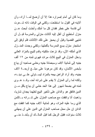 ‫ﻭﻤﺎ ﻜﺎﻥ ﻟﻲ ﺃﻤﺎﻡ ﺇﺼﺭﺍﺭﻩ ﻫﺫﺍ ﺇﻻ ﺃﻥ ﺃﺭﻀﺦ ﻟﻤـﺎ ﺃﺭﺍﺩ، ﻭﺃﻥ‬
‫ﺃﻻﻴﻨﻪ ﻓﻲ ﺍﻟﻘﻭل ﻤﺎ ﺍﺴﺘﻁﻌﺕ، ﻭﻟﻜﻨﻲ ﻓﻲ ﺍﻟﻭﻗﺕ ﺫﺍﺘﻪ ﺸـﻌﺭﺕ‬
‫ﺃﻨﻲ ﻗﺎﺩﻤﺔ ﻋﻠﻰ ﺨﻁﺭ ﻓﻘﺩﺍﻥ ﻜل ﻤﺎ ﺃﻤﻠﻙ ﻭﺃﺨﺫﺕ ﺃﺒﺤﺙ ﻋـﻥ‬
‫ﻤﻨﺯل ﺃﺴﺘﻁﻴﻊ ﺃﻥ ﺃﻨﻘل ﺇﻟﻴﻪ ﺃﺜﺎﺜﺎﺕ ﻤﻨﺯﻟﻲ ﻭﺍﻟﻤﺩﺭﺴﺔ ﻗﺒـل ﺃﻥ‬
‫ﺘﻨﺘﻬﻲ ﺍﻟﻘﻀﻴﺔ ﻭﻗﺒل ﺃﻥ ﻴﺤﺠﺯ ﻋﻠﻰ ﺘﻠﻙ ﺍﻷﺜﺎﺜﺎﺕ ﻓﻠﻡ ﺃﻭﻓﻕ ﺇﻟﻰ‬
‫ﺍﺴﺘﺌﺠﺎﺭ ﻤﻨﺯل ﻴﺴﻊ ﺍﻟﻤﺩﺭﺴﺔ ﺒﺄﻜﻤﻠﻬﺎ، ﻭﻟﻜﻨﻲ ﻭﺠﺩﺕ ﺍﻟﻤﻨـﺯل‬
‫ﺍﻟﺫﻱ ﺃﻤﻠﻜﻪ ﺍﻵﻥ، ﻭﻗﺩ ﻨﺯﻋﺕ ﻤﻠﻜﻴﺘﻪ ﻭﻗﺩﻡ ﻟﻠﺒﻴﻊ ﺒﺎﻟﻤﺯﺍﺩ ﺍﻟﻌﻠﻨﻲ‬
‫ﻭﺩﺨل ﺍﻟﻤﻨﺯل ﻓﻲ ﺍﻟﺒﻴﻊ ﺜﻼﺙ ﻤﺭﺍﺕ ﻓﻬﻭﻯ ﺜﻤﻨﻪ ﻤﻥ ٢١ ﺃﻟﻑ‬
‫ﺠﻨﻴﻪ ﺇﻟﻰ ﺜﻤﺎﻨﻴﺔ ﺁﻻﻑ ﻭﺴﺒﻌﻤﺎﺌﺔ ﺠﻨﻴﻪ ﻭﺨﺸﻲ ﺼﺎﺤﺒﻪ ﺃﻥ ﻴﺒﺎﻉ‬
‫ﺒﺄﺒﺨﺱ ﺍﻷﺜﻤﺎﻥ، ﻭﻗﺩ ﻜﺎﻥ ﻤﺭﻫﻭ ﹰﺎ ﻋﻠﻰ ﻤﺒﻠـﻎ ﺃﺭﺒﻌـﺔ ﺁﻻﻑ‬
                      ‫ﻨ‬
‫ﺠﻨﻴﻪ، ﻭﻗﺩ ﺃﺭﺍﺩ ﺍﻟﺭﺍﻫﻥ ﺒﻴﻌﻪ ﺒﺎﻟﻤﺯﺍﺩ ﻟﻴﺴـﺘﻭﻟﻲ ﻋﻠـﻰ ﺩﻴﻨـﻪ،‬
‫ﻭﻟﻜﻨﻪ ﻟﻤﺎ ﺭﺃﻯ ﺍﻟﻤﻨﺯل ﻻ ﻴﻘﺩﻡ ﻋﻠﻰ ﺸﺭﺍﺌﻪ ﺃﺤﺩ، ﻭﻗـﺩ ﻫـﻭﻯ‬
‫ﺜﻤﻨﻪ ﻓﻲ ﺒﻀﻌﺔ ﺸﻬﻭﺭ ﺇﻟﻰ ﻫﺫﺍ ﺍﻟﺤﺩ ﺨﺸﻲ ﺃﻥ ﻴﺒﺎﻉ ﺒﺄﻗل ﻤـﻥ‬
‫ﺍﻟﺩﻴﻥ ﻓﺎﺘﻔﻕ ﻫﻭ ﻭﺍﻟﺩﺍﺌﻥ ﻋﻠﻰ ﺘﺄﺨﻴﺭ ﺍﻟﺒﻴﻊ ﻟﻌﻠﻬﻤﺎ ﻴﺠﺩﺍﻥ ﺸﺎﺭ ‪‬ﺎ،‬
  ‫ﻴ‬
‫ﻭﺫﻫﺒﺕ ﺃﻨﺎ ﻭﺍﺘﻔﻘﺕ ﻤﻊ ﺼﺎﺤﺏ ﺍﻟﻤﻨﺯل ﻋﻠﻰ ﺸـﺭﺍﺌﻪ ﺒـﺎﻟﺜﻤﻥ‬
‫ﺍﻟﺫﻱ ﺭﺴﺎ ﻋﻠﻴﻪ ﺍﻟﻤﺯﺍﺩ، ﻭﻫﻭ ﺜﻤﺎﻨﻴﺔ ﺁﻻﻑ ﺠﻨﻴﻪ ﻜﻤﺎ ﺍﺘﻔﻘﺕ ﻤﻊ‬
‫ﺍﻟﺩﺍﺌﻥ ﺇﻥ ﺤل ﻤﺤل ﺼﺎﺤﺏ ﺍﻟﻤﻨﺯل ﻓﻲ ﺍﻟﺩﻴﻥ ﻋﻠﻲ ﺃﻥ ﻴﻤﻬﻠﻨﻲ‬
          ‫‪‬‬
‫ﺜﻼﺙ ﺴﻨﻭﺍﺕ، ﻓﻘﺒل ﺍﻟﺭﺠل ﻜﻤﺎ ﻗﺒل ﺍﻟﻤﺎﻟـﻙ ﺃﻥ ﻴﺄﺨـﺫ ﻤﻨـﻲ‬


                        ‫- ٩٣٤ -‬
 