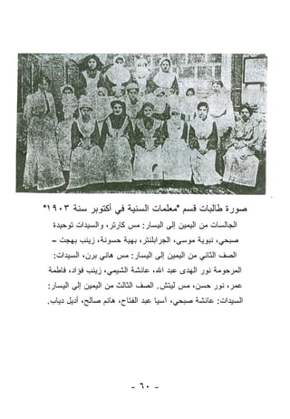 ‫ﺼﻭﺭﺓ ﻁﺎﻟﺒﺎﺕ ﻗﺴﻡ "ﻤﻌﻠﻤﺎﺕ ﺍﻟﺴﻨﻴﺔ ﻓﻲ ﺃﻜﺘﻭﺒﺭ ﺴﻨﺔ ٣٠٩١"‬
  ‫ﺍﻟﺠﺎﻟﺴﺎﺕ ﻤﻥ ﺍﻟﻴﻤﻴﻥ ﺇﻟﻰ ﺍﻟﻴﺴﺎﺭ: ﻤﺱ ﻜﺎﺭﺘﺭ، ﻭﺍﻟﺴﻴﺩﺍﺕ ﺘﻭﺤﻴﺩﺓ‬
  ‫ﺼﺒﺤﻲ، ﻨﺒﻭﻴﺔ ﻤﻭﺴﻰ، ﺍﻟﺠﺭﺍﺒﻠﻨﺘﺭ، ﺒﻬﻴﺔ ﺤﺴﻭﻨﺔ، ﺯﻴﻨﺏ ﺒﻬﺠﺕ –‬
  ‫ﺍﻟﺼﻑ ﺍﻟﺜﺎﻨﻲ ﻤﻥ ﺍﻟﻴﻤﻴﻥ ﺇﻟﻰ ﺍﻟﻴﺴﺎﺭ: ﻤﺱ ﻫﺎﻨﻲ ﺒﺭﻥ، ﺍﻟﺴﻴﺩﺍﺕ:‬
 ‫ﺍﻟﻤﺭﺤﻭﻤﺔ ﻨﻭﺭ ﺍﻟﻬﺩﻯ ﻋﺒﺩ ﺍﷲ، ﻋﺎﺌﺸﺔ ﺍﻟﺸﻴﻤﻲ، ﺯﻴﻨﺏ ﻓﺅﺍﺩ، ﻓﺎﻁﻤﺔ‬
 ‫ﻋﻤﺭ، ﻨﻭﺭ ﺤﺴﻥ، ﻤﺱ ﻟﻴﺘﺵ. ﺍﻟﺼﻑ ﺍﻟﺜﺎﻟﺙ ﻤﻥ ﺍﻟﻴﻤﻴﻥ ﺇﻟﻰ ﺍﻟﻴﺴﺎﺭ:‬
‫ﺍﻟﺴﻴﺩﺍﺕ: ﻋﺎﺌﺸﺔ ﺼﺒﺤﻲ، ﺁﺴﻴﺎ ﻋﺒﺩ ﺍﻟﻔﺘﺎﺡ، ﻫﺎﻨﻡ ﺼﺎﻟﺢ، ﺃﺩﻴل ﺩﻴﺎﺏ.‬




                         ‫- ٠٦ -‬
 