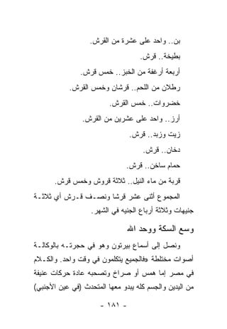 ‫ﺒﻥ.. ﻭﺍﺤﺩ ﻋﻠﻰ ﻋﺸﺭﺓ ﻤﻥ ﺍﻟﻘﺭﺵ.‬
                                   ‫ﺒﻁﻴﺨﺔ.. ﻗﺭﺵ.‬
               ‫ﺃﺭﺒﻌﺔ ﺃﺭﻏﻔﺔ ﻤﻥ ﺍﻟﺨﺒﺯ.. ﺨﻤﺱ ﻗﺭﺵ.‬
            ‫ﺭﻁﻼﻥ ﻤﻥ ﺍﻟﻠﺤﻡ.. ﻗﺭﺸﺎﻥ ﻭﺨﻤﺱ ﺍﻟﻘﺭﺵ.‬
                         ‫ﺨﻀﺭﻭﺍﺕ.. ﺨﻤﺱ ﺍﻟﻘﺭﺵ.‬
                ‫ﺃﺭﺯ.. ﻭﺍﺤﺩ ﻋﻠﻰ ﻋﺸﺭﻴﻥ ﻤﻥ ﺍﻟﻘﺭﺵ.‬
                                ‫ﺯﻴﺕ ﻭﺯﺒﺩ.. ﻗﺭﺵ.‬
                                    ‫ﺩﺨﺎﻥ.. ﻗﺭﺵ.‬
                               ‫ﺤﻤﺎﻡ ﺴﺎﺨﻥ.. ﻗﺭﺵ.‬
       ‫ﻗﺭﺒﺔ ﻤﻥ ﻤﺎﺀ ﺍﻟﻨﻴل.. ﺜﻼﺜﺔ ﻗﺭﻭﺵ ﻭﺨﻤﺱ ﻗﺭﺵ.‬
‫ﺍﻟﻤﺠﻤﻭﻉ ﺃﺜﻨﻰ ﻋﺸﺭ ﻗﺭﺸﺎ ﻭﻨﺼـﻑ ﻗـﺭﺵ ﺃﻱ ﺜﻼﺜـﺔ‬
                     ‫ﹰ‬
                   ‫ﺠﻨﻴﻬﺎﺕ ﻭﺜﻼﺜﺔ ﺃﺭﺒﺎﻉ ﺍﻟﺠﻨﻴﻪ ﻓﻲ ﺍﻟﺸﻬﺭ.‬

                               ‫ﻭﺴﻊ ﺍﻟﺴﻜﺔ ﻭﻭﺤﺩ ﺍﷲ‬
‫ﻭﻨﺼل ﺇﻟﻰ ﺃﺴﻤﺎﻉ ﺒﻴﺭﺘﻭﻥ ﻭﻫﻭ ﻓﻲ ﺤﺠﺭﺘـﻪ ﺒﺎﻟﻭﻜﺎﻟـﺔ‬
‫ﺃﺼﻭﺍﺕ ﻤﺨﺘﻠﻁﺔ »ﻓﺎﻟﺠﻤﻴﻊ ﻴﺘﻜﻠﻤﻭﻥ ﻓﻲ ﻭﻗﺕ ﻭﺍﺤﺩ. ﻭﺍﻟﻜـﻼﻡ‬
‫ﻓﻲ ﻤﺼﺭ ﺇﻤﺎ ﻫﻤﺱ ﺃﻭ ﺼﺭﺍﺥ ﻭﺘﺼﺤﺒﻪ ﻋﺎﺩﺓ ﺤﺭﻜﺎﺕ ﻋﻨﻴﻔﺔ‬
‫ﻤﻥ ﺍﻟﻴﺩﻴﻥ ﻭﺍﻟﺠﺴﻡ ﻜﻠﻪ ﻴﺒﺩﻭ ﻤﻌﻬﺎ ﺍﻟﻤﺘﺤﺩﺙ )ﻓﻲ ﻋﻴﻥ ﺍﻷﺠﻨﺒﻲ(‬

                      ‫- ١٨١ -‬
 