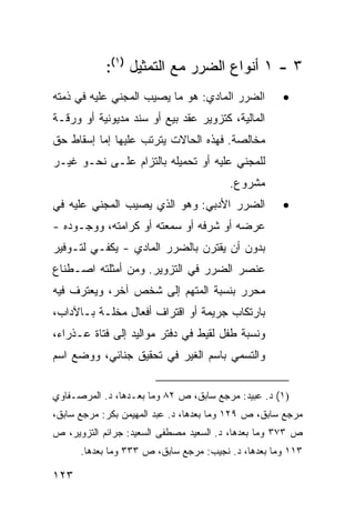 ‫٣ - ١ ﺃﻨﻭﺍﻉ ﺍﻟﻀﺭﺭ ﻤﻊ ﺍﻟﺘﻤﺜﻴل )١(:‬
‫ﺍﻟﻀﺭﺭ ﺍﻟﻤﺎﺩﻱ: ﻫﻭ ﻤﺎ ﻴﺼﻴﺏ ﺍﻟﻤﺠﻨﻲ ﻋﻠﻴﻪ ﻓﻲ ﺫﻤﺘﻪ‬         ‫•‬
‫ﺍﻟﻤﺎﻟﻴﺔ، ﻜﺘﺯﻭﻴﺭ ﻋﻘﺩ ﺒﻴﻊ ﺃﻭ ﺴﻨﺩ ﻤﺩﻴﻭﻨﻴﺔ ﺃﻭ ﻭﺭﻗـﺔ‬
‫ﻤﺨﺎﻟﺼﺔ. ﻓﻬﺫﻩ ﺍﻟﺤﺎﻻﺕ ﻴﺘﺭﺘﺏ ﻋﻠﻴﻬﺎ ﺇﻤﺎ ﺇﺴﻘﺎﻁ ﺤﻕ‬
‫ﻟﻠﻤﺠﻨﻲ ﻋﻠﻴﻪ ﺃﻭ ﺘﺤﻤﻴﻠﻪ ﺒﺎﻟﺘﺯﺍﻡ ﻋﻠـﻰ ﻨﺤـﻭ ﻏﻴـﺭ‬
                                         ‫ﻤﺸﺭﻭﻉ.‬
‫ﺍﻟﻀﺭﺭ ﺍﻷﺩﺒﻲ: ﻭﻫﻭ ﺍﻟﺫﻱ ﻴﺼﻴﺏ ﺍﻟﻤﺠﻨﻲ ﻋﻠﻴﻪ ﻓﻲ‬            ‫•‬
‫ﻋﺭﻀﻪ ﺃﻭ ﺸﺭﻓﻪ ﺃﻭ ﺴﻤﻌﺘﻪ ﺃﻭ ﻜﺭﺍﻤﺘﻪ، ﻭﻭﺠـﻭﺩﻩ -‬
‫ﺒﺩﻭﻥ ﺃﻥ ﻴﻘﺘﺭﻥ ﺒﺎﻟﻀﺭﺭ ﺍﻟﻤﺎﺩﻱ - ﻴﻜﻔـﻲ ﻟﺘـﻭﻓﻴﺭ‬
‫ﻋﻨﺼﺭ ﺍﻟﻀﺭﺭ ﻓﻲ ﺍﻟﺘﺯﻭﻴﺭ. ﻭﻤﻥ ﺃﻤﺜﻠﺘﻪ ﺍﺼـﻁﻨﺎﻉ‬
‫ﻤﺤﺭﺭ ﺒﻨﺴﺒﺔ ﺍﻟﻤﺘﻬﻡ ﺇﻟﻰ ﺸﺨﺹ ﺁﺨﺭ، ﻭﻴﻌﺘﺭﻑ ﻓﻴﻪ‬
‫ﺒﺎﺭﺘﻜﺎﺏ ﺠﺭﻴﻤﺔ ﺃﻭ ﺍﻗﺘﺭﺍﻑ ﺃﻓﻌﺎل ﻤﺨﻠـﺔ ﺒـﺎﻵﺩﺍﺏ،‬
‫ﻭﻨﺴﺒﺔ ﻁﻔل ﻟﻘﻴﻁ ﻓﻲ ﺩﻓﺘﺭ ﻤﻭﺍﻟﻴﺩ ﺇﻟﻰ ﻓﺘﺎﺓ ﻋـﺫﺭﺍﺀ،‬
‫ﻭﺍﻟﺘﺴﻤﻲ ﺒﺎﺴﻡ ﺍﻟﻐﻴﺭ ﻓﻲ ﺘﺤﻘﻴﻕ ﺠﻨﺎﺌﻲ، ﻭﻭﻀﻊ ﺍﺴﻡ‬


‫)١( ﺩ. ﻋﺒﻴﺩ: ﻤﺭﺠﻊ ﺴﺎﺒﻕ، ﺹ ٢٨ ﻭﻤﺎ ﺒﻌـﺩﻫﺎ، ﺩ. ﺍﻟﻤﺭﺼـﻔﺎﻭﻱ‬
‫ﻤﺭﺠﻊ ﺴﺎﺒﻕ، ﺹ ٩٢١ ﻭﻤﺎ ﺒﻌﺩﻫﺎ، ﺩ. ﻋﺒﺩ ﺍﻟﻤﻬﻴﻤﻥ ﺒﻜﺭ: ﻤﺭﺠﻊ ﺴﺎﺒﻕ،‬
‫ﺹ ٣٧٣ ﻭﻤﺎ ﺒﻌﺩﻫﺎ، ﺩ. ﺍﻟﺴﻌﻴﺩ ﻤﺼﻁ ﹶﻰ ﺍﻟﺴﻌﻴﺩ: ﺠﺭﺍﺌﻡ ﺍﻟﺘﺯﻭﻴﺭ، ﺹ‬
                          ‫ﻔ‬
      ‫٣١١ ﻭﻤﺎ ﺒﻌﺩﻫﺎ، ﺩ. ﻨﺠﻴﺏ: ﻤﺭﺠﻊ ﺴﺎﺒﻕ، ﺹ ٣٣٣ ﻭﻤﺎ ﺒﻌﺩﻫﺎ.‬

‫٣٢١‬
 