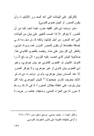 ‫)ﺍﻟﺘﺭﻜﻴﺯ ﻋﻠﻰ ﺍﻟﺒﻴﺎﻨﺎﺕ ﺍﻟﺘﻲ ﺃﻋﺩ ﺍﻟﻤﺤـﺭﺭ ﻹﺜﺒﺎﺘﻬـﺎ، ﻭﺃﻥ‬
                     ‫ﻴﻜﻭﻥ ﻟﻠﻤﺤﺭﺭ ﺃﻭ ﺍﻟﺒﻴﺎﻥ ﻓﺤ ‪‬ﻯ ﻗﺎﻨﻭﻨﻲ(.‬
                               ‫ﻭ‬
‫ﺴﺎﻴﺭ ﺩﻭﻨﺩﻴﻪ ﺩﻱ ﻓﺎﺒﺭ ﺍﻟﻔﻘﻴﻪ ﺠﺎﺭﻭ، ﻓﻴﻤﺎ ﺫﻫﺏ ﺇﻟﻴﻪ ﻤﻥ ﺃﻥ‬
‫ﺍﻟﻀﺭﺭ ﻻ ﻴﺘﻭﺍﻓﺭ ﺇﻻ ﺇﺫﺍ ﺍﻨﺼﺏ ﺍﻟﺘﻐﻴﻴﺭ ﻋﻠﻰ ﺒﻴﺎﻥ ﻤﻥ ﺍﻟﺒﻴﺎﻨﺎﺕ‬
                             ‫‪‬‬
‫ﺍﻟﺘﻲ ﺃﻋﺩ ﺍﻟﻤﺤﺭﺭ ﻤﻥ ﺃﺠل ﺇﺜﺒﺎﺘﻬﺎ، ﻭﻟﻜﻨﻪ ﻜـﺎﻥ ﻤﺠـﺩ ‪‬ﺍ ﻓـﻲ‬
     ‫ﺩ‬                                        ‫‪‬‬
‫ﺇﻀﺎﻓﺔ ﻤﻘﺘﻀﺎﻫﺎ ﺃﻥ ﻴﻜﻭﻥ ﻟﻠﻤﺤﺭﺭ ﺍﻟﻤﺯ ‪‬ﺭ ﻓﺤ‪‬ـ ‪‬ﻯ ﻗـﺎﻨﻭﻨﻲ،‬
          ‫ﻭ ﹶ ﻭ‬
‫ﺒﺎﻟﻨﻅﺭ ﺇﻟﻰ ﻜل ﺒﻴﺎﻥ ﻋﻠﻰ ﺤﺩﺓ. ﻭﻴﻘﺼﺩ ﺒﺎﻟﻔﺤﻭﻯ ﺍﻟﻘﺎﻨﻭﻨﻲ ﻫﻨﺎ:‬
‫ﺼﻼﺤﻴﺔ ﺍﻟﺒﻴﺎﻥ ﺍﻟﺫﻱ ﺍﻨﺼﺏ ﻋﻠﻴﻪ ﺍﻟﺘﺯﻭﻴﺭ؛ ﻷﻥ ﻴﻨـﺘﺞ ﺃﺜـ ‪‬ﺍ‬
 ‫ﺭ‬                            ‫‪‬‬
‫ﻗﺎﻨﻭﻨ ‪‬ﺎ. ﻓﺎﻟﺒﻴﺎﻥ ﺫﻭ ﺍﻟﻔﺤﻭﻯ ﺍﻟﻘﺎﻨﻭﻨﻲ ﻫﻭ ﺒﻴﺎﻥ ﺠﻭﻫﺭﻱ، ﻭﻏﻴﺭ‬
                                                 ‫ﻴ‬
‫ﺫﻱ ﺍﻟﻔﺤﻭﻯ ﺒﻴﺎﻥ ﺜﺎﻨﻭﻱ ﺃﻭ ﻏﻴﺭ ﺠﻭﻫﺭﻱ، ﻭﻻ ﻴﺘﻭﺍﻓﺭ ﺍﻟﻀﺭﺭ‬
‫ﺇﻻ ﻋﻨﺩ ﺍﻟﻤﺴﺎﺱ ﺒﺒﻴﺎﻥ ﺠﻭﻫﺭﻱ، ﻭﻟﻡ ﻴﺭ ﺩﻭﻨﺩﻴـﻪ ﺩﻱ ﻓـﺎﺒﺭ‬
                          ‫)١(‬
‫ﻟﻠﺒﻴﺎﻥ ﺍﻟﺠﻭﻫﺭﻱ ﺒﺄﻨﻪ "ﻜل‬         ‫ﺍﻷﺨﺫ ﺒﺘﻌﺭﻴﻑ ﻜﺎﺭﻨﻭ ‪Carnot‬‬
‫ﺒﻴﺎﻥ ﻴﺘﺭﺘﺏ ﻋﻠﻰ ﺇﻏﻔﺎﻟﻪ ﺒﻁﻼﻥ ﺍﻟﻤﺤﺭﺭ"؛ ﺇﺫ ﻓﻲ ﺫﻟـﻙ ﺭﺒـﻁ‬
‫ﻻ ﻤﺒﺭﺭ ﻟﻪ ﺒﻴﻥ ﺍﻟﺠﺯﺍﺀ ﺍﻟﻤﺩﻨﻲ، ﻭﺍﺴﺘﻴﻔﺎﺀ ﻋﻨﺎﺼـﺭ ﺠﺭﻴﻤـﺔ‬




   ‫ﻭﺍﻨﻅﺭ ﺃﻴ ‪‬ﺎ: ﺩ. ﻨﺠﻴﺏ ﺤﺴﻨﻲ: ﻤﺭﺠﻊ ﺴﺎﺒﻕ، ﺹ ٧٤٣، ٨٤٣.‬
                                          ‫ﻀ‬
          ‫)١( ﻓﻲ ﺘﻌﻠﻴﻘﺎﺘﻪ ﺍﻟﻘﺩﻴﻤﺔ ﻋﻠﻰ ﻗﺎﻨﻭﻥ ﺍﻟﻌﻘﻭﺒﺎﺕ ﺍﻟﻔﺭﻨﺴﻲ.‬

‫٦٣١‬
 