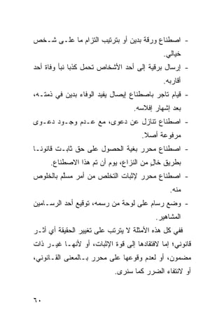 ‫- ﺍﺼﻁﻨﺎﻉ ﻭﺭﻗﺔ ﺒﺩﻴﻥ ﺃﻭ ﺒﺘﺭﺘﻴﺏ ﺍﻟﺘﺯﺍﻡ ﻤﺎ ﻋﻠـﻰ ﺸـﺨﺹ‬
                                            ‫ﺨﻴﺎﻟﻲ.‬
‫- ﺇﺭﺴﺎل ﺒﺭﻗﻴﺔ ﺇﻟﻰ ﺃﺤﺩ ﺍﻷﺸﺨﺎﺹ ﺘﺤﻤل ﻜﺫ ‪‬ﺎ ﻨﺒﺄ ﻭﻓﺎﺓ ﺃﺤﺩ‬
              ‫ﺒ‬
                                            ‫ﺃﻗﺎﺭﺒﻪ.‬
‫- ﻗﻴﺎﻡ ﺘﺎﺠﺭ ﺒﺎﺼﻁﻨﺎﻉ ﺇﻴﺼﺎل ﻴﻔﻴﺩ ﺍﻟﻭﻓﺎﺀ ﺒﺩﻴﻥ ﻓﻲ ﺫﻤﺘـﻪ،‬
                                  ‫ﺒﻌﺩ ﺇﺸﻬﺎﺭ ﺇﻓﻼﺴﻪ.‬
‫- ﺍﺼﻁﻨﺎﻉ ﺘﻨﺎﺯل ﻋﻥ ﺩﻋ ‪‬ﻯ، ﻤﻊ ﻋـﺩﻡ ﻭﺠـﻭﺩ ﺩﻋـ ‪‬ﻯ‬
 ‫ﻭ‬                     ‫ﻭ‬
                                     ‫ﻤﺭﻓﻭﻋﺔ ﺃﺼﻼ.‬
                                      ‫ﹰ‬
‫- ﺍﺼﻁﻨﺎﻉ ﻤﺤﺭﺭ ‪‬ﻐﻴﺔ ﺍﻟﺤﺼﻭل ﻋﻠﻰ ﺤﻕ ﺜﺎﺒـﺕ ﻗﺎﻨﻭ ﹰـﺎ‬
  ‫ﻨ‬                             ‫ﺒ‬
     ‫ﺒﻁﺭﻴﻕ ﺨﺎل ﻤﻥ ﺍﻟﻨﺯﺍﻉ، ﻴﻭﻡ ﺃﻥ ﺘﻡ ﻫﺫﺍ ﺍﻻﺼﻁﻨﺎﻉ.‬
                                       ‫ٍ‬
‫- ﺍﺼﻁﻨﺎﻉ ﻤﺤﺭﺭ ﻹﺜﺒﺎﺕ ﺍﻟﺘﺨﻠﺹ ﻤﻥ ﺃﻤﺭ ‪‬ﺴﱠﻡ ﺒﺎﻟﺨﻠﻭﺹ‬
         ‫ﻤ ﻠ‬
                                              ‫ﻤﻨﻪ.‬
‫- ﻭﻀﻊ ﺭﺴﺎﻡ ﻋﻠﻰ ﻟﻭﺤﺔ ﻤﻥ ﺭﺴﻤﻪ، ﺘﻭﻗﻴﻊ ﺃﺤﺩ ﺍﻟﺭﺴـﺎﻤﻴﻥ‬
                                         ‫ﺍﻟﻤﺸﺎﻫﻴﺭ.‬
‫ﻓﻔﻲ ﻜل ﻫﺫﻩ ﺍﻷﻤﺜﻠﺔ ﻻ ﻴﺘﺭﺘﺏ ﻋﻠﻰ ﺘﻐﻴﻴﺭ ﺍﻟﺤﻘﻴﻘﺔ ﺃﻱ ﺃﺜـﺭ‬
‫ﻗﺎﻨﻭﻨﻲ؛ ﺇﻤﺎ ﻻﻓﺘﻘﺎﺩﻫﺎ ﺇﻟﻰ ﻗﻭﺓ ﺍﻹﺜﺒﺎﺕ، ﺃﻭ ﻷﻨﻬـﺎ ﻏﻴـﺭ ﺫﺍﺕ‬
‫ﻤﻀﻤﻭﻥ، ﺃﻭ ﻟﻌﺩﻡ ﻭﻗﻭﻋﻬﺎ ﻋﻠﻰ ﻤﺤﺭﺭ ﺒـﺎﻟﻤﻌﻨﻰ ﺍﻟﻘـﺎﻨﻭﻨﻲ،‬
                           ‫ﺃﻭ ﻻﻨﺘﻔﺎﺀ ﺍﻟﻀﺭﺭ ﻜﻤﺎ ﺴﻨﺭﻯ.‬


‫٠٦‬
 