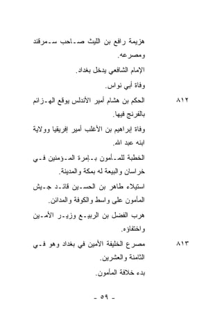 ‫ﻫﺯﻴﻤﺔ ﺭﺍﻓﻊ ﺒﻥ ﺍﻟﻠﻴﺙ ﺼـﺎﺤﺏ ﺴـﻤﺭﻗﻨﺩ‬
                              ‫ﻭﻤﺼﺭﻋﻪ.‬
               ‫ﺍﻹﻤﺎﻡ ﺍﻟﺸﺎﻓﻌﻲ ﻴﺩﺨل ﺒﻐﺩﺍﺩ.‬
                          ‫ﻭﻓﺎﺓ ﺃﺒﻲ ﻨﻭﺍﺱ.‬
‫ﺍﻟﺤﻜﻡ ﺒﻥ ﻫﺸﺎﻡ ﺃﻤﻴﺭ ﺍﻷﻨﺩﻟﺱ ﻴﻭﻗﻊ ﺍﻟﻬـﺯﺍﺌﻡ‬      ‫٢١٨‬
                             ‫ﺒﺎﻟﻔﺭﻨﺞ ﻓﻴﻬﺎ.‬
‫ﻭﻓﺎﺓ ﺇﺒﺭﺍﻫﻴﻡ ﺒﻥ ﺍﻷﻏﻠﺏ ﺃﻤﻴﺭ ﺇﻓﺭﻴﻘﻴﺎ ﻭﻭﻻﻴﺔ‬
                             ‫ﺍﺒﻨﻪ ﻋﺒﺩ ﺍﷲ.‬
‫ﺍﻟﺨﻁﺒﺔ ﻟﻠﻤـﺄﻤﻭﻥ ﺒـﺈﻤﺭﺓ ﺍﻟﻤـﺅﻤﻨﻴﻥ ﻓـﻲ‬
         ‫ﺨﺭﺍﺴﺎﻥ ﻭﺍﻟﺒﻴﻌﺔ ﻟﻪ ﺒﻤﻜﺔ ﻭﺍﻟﻤﺩﻴﻨﺔ.‬
‫ﺍﺴﺘﻴﻼﺀ ﻁﺎﻫﺭ ﺒﻥ ﺍﻟﺤﺴـﻴﻥ ﻗﺎﺌـﺩ ﺠـﻴﺵ‬
     ‫ﺍﻟﻤﺄﻤﻭﻥ ﻋﻠﻰ ﻭﺍﺴﻁ ﻭﺍﻟﻜﻭﻓﺔ ﻭﺍﻟﻤﺩﺍﺌﻥ.‬
‫ﻫﺭﺏ ﺍﻟﻔﻀل ﺒﻥ ﺍﻟﺭﺒﻴـﻊ ﻭﺯﻴـﺭ ﺍﻷﻤـﻴﻥ‬
                                ‫ﻭﺍﺨﺘﻔﺎﺅﻩ.‬
‫ﻤﺼﺭﻉ ﺍﻟﺨﻠﻴﻔﺔ ﺍﻷﻤﻴﻥ ﻓﻲ ﺒﻐﺩﺍﺩ ﻭﻫﻭ ﻓـﻲ‬          ‫٣١٨‬
                        ‫ﺍﻟﺜﺎﻤﻨﺔ ﻭﺍﻟﻌﺸﺭﻴﻥ.‬
                      ‫ﺒﺩﺀ ﺨﻼﻓﺔ ﺍﻟﻤﺄﻤﻭﻥ.‬


                     ‫- ٩٥ -‬
 