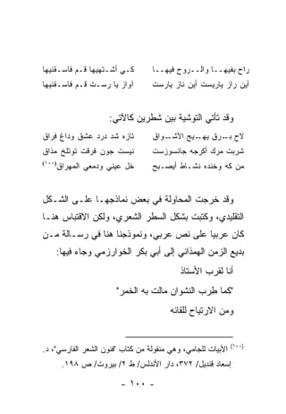 ‫ﻜـﻲ ﺃﺸـﺘﻬﻴﻬﺎ ﻗـﻡ ﻓﺎﺴـﻘﻨﻴﻬﺎ‬        ‫ﺭﺍﺡ ﺒﻔﻴﻬــﺎ ﻭﺍﻟــﺭﻭﺡ ﻓﻴﻬــﺎ‬
‫ﺁﻭﺍﺯ ﻴﺎ ﺭﺴـﺕ ﻗـﻡ ﻓﺎﺴـﻘﻨﻴﻬﺎ‬        ‫ﺃﻴﻥ ﺭﺍﺯ ﻴﺎﺭﻴﺴﺕ ﺃﻴﻥ ﻨﺎﺯ ﻴﺎﺭﺴﺕ‬


                     ‫ﻭﻗﺩ ﺘﺄﺘﻲ ﺍﻟﺘﻭﺸﻴﺔ ﺒﻴﻥ ﺸﻁﺭﻴﻥ ﻜﺎﻵﺘﻲ:‬
‫ﺘﺎﺯﻩ ﺸﺩ ﺩﺭﺩ ﻋﺸﻕ ﻭﺩﺍﻍ ﻓﺭﺍﻕ‬         ‫ـﻭﺍﻕ‬
                                  ‫ﻻﺡ ـﺭﻕ ﻴ ـﻴﺞ ﺍﻷﺸـ ﹾ‬
                                         ‫ﺒـ ﹸ ‪‬ﻬـ ‪ ‬‬
‫ﻨﻴﺴﺕ ﺠﻭﻥ ﻓﺭﻗﺕ ﺘﻭﺘﻠﺦ ﻤﺫﺍﻕ‬          ‫ﺸﺭﺒﺕ ﻤﺭﻙ ﺃﻜﺭﺠﻪ ﺠﺎﻨﺴﻭﺯﺴﺕ‬
    ‫ﺨل ﻋﻴﻨﻲ ﻭﺩﻤﻌﻲ ﺍﻟﻤﻬﺭﺍﻕ‬
‫)٠٠١(‬
                                  ‫ﻤﻥ ﻜﻪ ﻭﺨﻨﺩﻩ ﻨﺸـﺎﻁ ﺃﻴﺼـﺒﺢ‬


‫ﻭﻗﺩ ﺨﺭﺠﺕ ﺍﻟﻤﺤﺎﻭﻟﺔ ﻓﻲ ﺒﻌﺽ ﻨﻤﺎﺫﺠﻬـﺎ ﻋﻠـﻰ ﺍﻟﺸـﻜل‬
‫ﺍﻟﺘﻘﻠﻴﺩﻱ، ﻭﻜﺘﺒﺕ ﺒﺸﻜل ﺍﻟﺴﻁﺭ ﺍﻟﺸﻌﺭﻱ، ﻭﻟﻜﻥ ﺍﻻﻗﺘﺒﺎﺱ ﻫﻨـﺎ‬
‫ﻜﺎﻥ ﻋﺭﺒﻴﺎ ﻋﻠﻰ ﻨﺹ ﻋﺭﺒﻲ، ﻭﻨﻤﻭﺫﺠﻨﺎ ﻫﻨﺎ ﻓﻲ ﺭﺴـﺎﻟﺔ ﻤـﻥ‬
                                         ‫‪‬‬
    ‫ﺒﺩﻴﻊ ﺍﻟﺯﻤﻥ ﺍﻟﻬﻤﺫﺍﻨﻲ ﺇﻟﻰ ﺃﺒﻲ ﺒﻜﺭ ﺍﻟﺨﻭﺍﺭﺯﻤﻲ ﻭﺠﺎﺀ ﻓﻴﻬﺎ:‬
                                           ‫ﺃﻨﺎ ﻟ ﹸﺭﺏ ﺍﻷﺴﺘﺎﺫ‬
                                                    ‫ﻘ‬
                       ‫"ﻜﻤﺎ ِﺭﺏ ﺍﻟﻨﺸﻭﺍﻥ ﻤﺎﻟﺕ ﺒﻪ ﺍﻟﺨﻤﺭ"‬
                                              ‫ﻁ ‪‬‬
                                       ‫ﻭﻤﻥ ﺍﻻﺭﺘﻴﺎﺡ ﻟﻠﻘﺎﺌﻪ‬


                                                             ‫)٠٠١(‬
‫ﺍﻷﺒﻴﺎﺕ ﻟﻠﺠﺎﻤﻲ، ﻭﻫﻲ ﻤﻨﻘﻭﻟﺔ ﻤﻥ ﻜﺘﺎﺏ "ﻓﻨﻭﻥ ﺍﻟﺸﻌﺭ ﺍﻟﻔﺎﺭﺴﻲ"، ﺩ.‬
        ‫ﺇﺴﻌﺎﺩ ﻗﻨﺩﻴل/ ٢٧٣، ﺩﺍﺭ ﺍﻷﻨﺩﻟﺱ/ ﻁ ٢/ ﺒﻴﺭﻭﺕ/ ﺹ ٨٩١.‬

                        ‫- ٠٠١ -‬
 