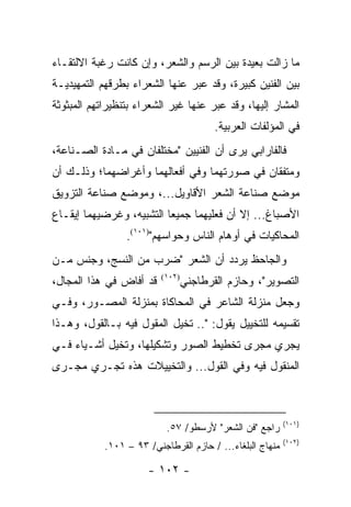 ‫ﻤﺎ ﺯﺍﻟﺕ ﺒﻌﻴﺩﺓ ﺒﻴﻥ ﺍﻟﺭﺴﻡ ﻭﺍﻟﺸﻌﺭ، ﻭﺇﻥ ﻜﺎﻨﺕ ﺭﻏﺒﺔ ﺍﻻﻟﺘﻘـﺎﺀ‬
‫ﺒﻴﻥ ﺍﻟﻔﻨﻴﻥ ﻜﺒﻴﺭﺓ، ﻭﻗﺩ ﻋﺒﺭ ﻋﻨﻬﺎ ﺍﻟﺸﻌﺭﺍﺀ ﺒﻁﺭﻗﻬﻡ ﺍﻟﺘﻤﻬﻴﺩﻴـﺔ‬
                                ‫‪‬‬
‫ﺍﻟﻤﺸﺎﺭ ﺇﻟﻴﻬﺎ، ﻭﻗﺩ ﻋﺒﺭ ﻋﻨﻬﺎ ﻏﻴﺭ ﺍﻟﺸﻌﺭﺍﺀ ﺒﺘﻨﻅﻴﺭﺍﺘﻬﻡ ﺍﻟﻤﺒﺜﻭﺜﺔ‬
                                      ‫‪‬‬
                                       ‫ﻓﻲ ﺍﻟﻤﺅﻟﻔﺎﺕ ﺍﻟﻌﺭﺒﻴﺔ.‬
‫ﻓﺎﻟﻔﺎﺭﺍﺒﻲ ﻴﺭﻯ ﺃﻥ ﺍﻟﻔﻨﻴﻴﻥ "ﻤﺨﺘﻠﻔﺎﻥ ﻓﻲ ﻤـﺎﺩﺓ ﺍﻟﺼـﻨﺎﻋﺔ،‬
‫ﻭﻤﺘﻔﻘﺎﻥ ﻓﻲ ﺼﻭﺭﺘﻬﻤﺎ ﻭﻓﻲ ﺃﻓﻌﺎﻟﻬﻤﺎ ﻭﺃﻏﺭﺍﻀﻬﻤﺎ؛ ﻭﺫﻟـﻙ ﺃﻥ‬
‫ﻤﻭﻀﻊ ﺼﻨﺎﻋﺔ ﺍﻟﺸﻌﺭ ﺍﻷﻗﺎﻭﻴل...، ﻭﻤﻭﻀﻊ ﺼﻨﺎﻋﺔ ﺍﻟﺘﺯﻭﻴﻕ‬
‫ﺍﻷﺼﺒﺎﻍ... ﺇﻻ ﺃﻥ ﻓﻌﻠﻴﻬﻤﺎ ﺠﻤﻴ ‪‬ﺎ ﺍﻟﺘﺸﺒﻴﻪ، ﻭﻏﺭﻀﻴﻬﻤﺎ ﺇﻴﻘـﺎﻉ‬
                          ‫ﻌ‬
                 ‫ﺍﻟﻤﺤﺎﻜﻴﺎﺕ ﻓﻲ ﺃﻭﻫﺎﻡ ﺍﻟﻨﺎﺱ ﻭﺤﻭﺍﺴﻬﻡ")١٠١(.‬
‫ﻭﺍﻟﺠﺎﺤﻅ ﻴﺭﺩﺩ ﺃﻥ ﺍﻟﺸﻌﺭ "ﻀﺭﺏ ﻤﻥ ﺍﻟﻨﺴﺞ، ﻭﺠﻨﺱ ﻤـﻥ‬
‫ﻗﺩ ﺃﻓﺎﺽ ﻓﻲ ﻫﺫﺍ ﺍﻟﻤﺠﺎل،‬        ‫ﺍﻟﺘﺼﻭﻴﺭ"، ﻭﺤﺎﺯﻡ ﺍﻟﻘﺭﻁﺎﺠﻨﻲ‬
                          ‫)٢٠١(‬


‫ﻭﺠﻌل ﻤﻨﺯﻟﺔ ﺍﻟﺸﺎﻋﺭ ﻓﻲ ﺍﻟﻤﺤﺎﻜﺎﺓ ﺒﻤﻨﺯﻟﺔ ﺍﻟﻤﺼـﻭﺭ، ﻭﻓـﻲ‬
‫ﺘﻘﺴﻴﻤﻪ ﻟﻠﺘﺨﻴﻴل ﻴﻘﻭل: ".. ﺘﺨﻴل ﺍﻟﻤﻘﻭل ﻓﻴﻪ ﺒـﺎﻟﻘﻭل، ﻭﻫـﺫﺍ‬
‫ﻴﺠﺭﻱ ﻤﺠﺭﻯ ﺘﺨﻁﻴﻁ ﺍﻟﺼﻭﺭ ﻭﺘﺸﻜﻴﻠﻬﺎ، ﻭﺘﺨﻴل ﺃﺸـﻴﺎﺀ ﻓـﻲ‬
‫ﺍﻟﻤﻨﻘﻭل ﻓﻴﻪ ﻭﻓﻲ ﺍﻟﻘﻭل... ﻭﺍﻟﺘﺨﻴﻴﻼﺕ ﻫﺫﻩ ﺘﺠـﺭﻱ ﻤﺠـﺭﻯ‬



                                                           ‫)١٠١(‬
                           ‫ﺭﺍﺠﻊ "ﻓﻥ ﺍﻟﺸﻌﺭ" ﻷﺭﺴﻁﻭ/ ٧٥.‬
                                                           ‫)٢٠١(‬
            ‫ﻤﻨﻬﺎﺝ ﺍﻟﺒﻠﻐﺎﺀ... / ﺤﺎﺯﻡ ﺍﻟﻘﺭﻁﺎﺠﻨﻲ/ ٣٩ – ١٠١.‬

                      ‫- ٢٠١ -‬
 