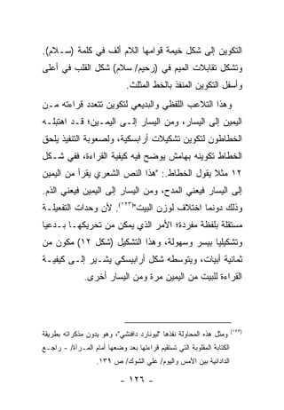 ‫ﺍﻟﺘﻜﻭﻴﻥ ﺇﻟﻰ ﺸﻜل ﺨﻴﻤﺔ ﻗﻭﺍﻤﻬﺎ ﺍﻟﻼﻡ ﺃﻟﻑ ﻓﻲ ﻜﻠﻤﺔ )ﺴـﻼﻡ(.‬
‫ﻭﺘﺸﻜل ﺘﻘﺎﺒﻼﺕ ﺍﻟﻤﻴﻡ ﻓﻲ )ﺭﺤﻴﻡ/ ﺴﻼﻡ( ﺸﻜل ﺍﻟﻘﻠﺏ ﻓﻲ ﺃﻋﻠﻰ‬
                              ‫ﻭﺃﺴﻔل ﺍﻟﺘﻜﻭﻴﻥ ﺍﻟﻤﻨﻔﺫ ﺒﺎﻟﺨﻁ ﺍﻟﻤﺜﻠﺙ.‬
‫ﻭﻫﺫﺍ ﺍﻟﺘﻼﻋﺏ ﺍﻟﻠﻔﻅﻲ ﻭﺍﻟﺒﺩﻴﻌﻲ ﻟﺘﻜﻭﻴﻥ ﺘﺘﻌﺩﺩ ﻗﺭﺍﺀﺘﻪ ﻤـﻥ‬
‫ﺍﻟﻴﻤﻴﻥ ﺇﻟﻰ ﺍﻟﻴﺴﺎﺭ، ﻭﻤﻥ ﺍﻟﻴﺴﺎﺭ ﺇﻟـﻰ ﺍﻟﻴﻤـﻴﻥ؛ ﻗـﺩ ﺍﻫﺘﺒﻠـﻪ‬
‫ﺍﻟﺨﻁﺎﻁﻭﻥ ﻟﺘﻜﻭﻴﻥ ﺘﺸﻜﻴﻼﺕ ﺃﺭﺍﺒﺴﻜﻴﺔ، ﻭﻟﺼﻌﻭﺒﺔ ﺍﻟﺘﻨﻔﻴﺫ ‪‬ﻠﺤﻕ‬
   ‫ﻴ‬
‫ﺍﻟﺨﻁﺎﻁ ﺘﻜﻭﻴﻨﻪ ﺒﻬﺎﻤﺵ ﻴﻭﻀﺢ ﻓﻴﻪ ﻜﻴﻔﻴﺔ ﺍﻟﻘﺭﺍﺀﺓ، ﻓﻔﻲ ﺸـﻜل‬
‫٢١ ﻤﺜﻼ ﻴﻘﻭل ﺍﻟﺨﻁﺎﻁ.: "ﻫﺫﺍ ﺍﻟﻨﺹ ﺍﻟﺸﻌﺭﻱ ﻴﻘﺭﺃ ﻤﻥ ﺍﻟﻴﻤﻴﻥ‬
             ‫‪‬‬                                ‫ﹰ‬
‫ﺇﻟﻰ ﺍﻟﻴﺴﺎﺭ ﻓﻴﻌﻨﻲ ﺍﻟﻤﺩﺡ، ﻭﻤﻥ ﺍﻟﻴﺴﺎﺭ ﺇﻟﻰ ﺍﻟﻴﻤﻴﻥ ﻓﻴﻌﻨﻲ ﺍﻟﺫﻡ.‬
‫ﻭﺫﻟﻙ ﺩﻭﻨﻤﺎ ﺍﺨﺘﻼﻑ ﻟﻭﺯﻥ ﺍﻟﺒﻴﺕ")٣٢١(. ﻷﻥ ﻭﺤﺩﺍﺕ ﺍﻟﺘﻔﻌﻴﻠـﺔ‬
‫ﻤﺴﺘﻘﻠﺔ ﺒﻠﻔﻅﺔ ﻤﻔﺭﺩﺓ؛ ﺍﻷﻤﺭ ﺍﻟﺫﻱ ﻴﻤﻜﻥ ﻤﻥ ﺘﺤﺭﻴﻜﻬـﺎ ﺒـﺩﻋﻴﺎ‬
 ‫‪‬‬
‫ﻭﺘﺸﻜﻴﻠﻴﺎ ﺒﻴﺴﺭ ﻭﺴﻬﻭﻟﺔ، ﻭﻫﺫﺍ ﺍﻟﺘﺸﻜﻴل )ﺸﻜل ٢١( ﻤﻜﻭﻥ ﻤﻥ‬
                                            ‫‪‬‬
‫ﺜﻤﺎﻨﻴﺔ ﺃﺒﻴﺎﺕ، ﻭﻴﺘﻭﺴﻁﻪ ﺸﻜل ﺃﺭﺍﺒﻴﺴﻜﻲ ﻴﺸـﻴﺭ ﺇﻟـﻰ ﻜﻴﻔﻴـﺔ‬
               ‫ﺍﻟﻘﺭﺍﺀﺓ ﻟﻠﺒﻴﺕ ﻤﻥ ﺍﻟﻴﻤﻴﻥ ﻤﺭﺓ ﻭﻤﻥ ﺍﻟﻴﺴﺎﺭ ﺃﺨﺭﻯ.‬




                                                                       ‫)٣٢١(‬
‫ﻭﻤﺜل ﻫﺫﻩ ﺍﻟﻤﺤﺎﻭﻟﺔ ﻨﻔﺫﻫﺎ "ﻟﻴﻭﻨﺎﺭﺩ ﺩﺍﻓﻨﺸﻲ"، ﻭﻫﻭ ﻴﺩﻭﻥ ﻤﺫﻜﺭﺍﺘﻪ ﺒﻁﺭﻴﻘﺔ‬
‫ﺍﻟﻜﺘﺎﺒﺔ ﺍﻟﻤﻘﻠﻭﺒﺔ ﺍﻟﺘﻲ ﺘﺴﺘﻘﻴﻡ ﻗﺭﺍﺀﺘﻬﺎ ﺒﻌﺩ ﻭﻀﻌﻬﺎ ﺃﻤﺎﻡ ﺍﻟﻤـﺭﺁﺓ/ - ﺭﺍﺠـﻊ‬
                   ‫ﺍﻟﺩﺍﺩﺍﺌﻴﺔ ﺒﻴﻥ ﺍﻷﻤﺱ ﻭﺍﻟﻴﻭﻡ/ ﻋﻠﻲ ﺍﻟﺸﻭﻙ/ ﺹ ٩٣١.‬

                            ‫- ٦٢١ -‬
 