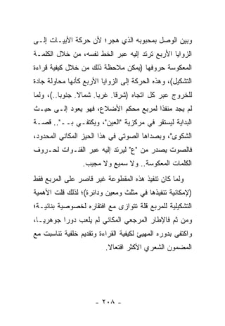 ‫ﻭﺒﻴﻥ ﺍﻟﻭﺼل ﺒﻤﺤﺒﻭﺒﻪ ﺍﻟﺫﻱ ﻫﺠﺭ؛ ﻷﻥ ﺤﺭﻜﺔ ﺍﻷﺒﻴـﺎﺕ ﺇﻟـﻰ‬
‫ﺍﻟﺯﻭﺍﻴﺎ ﺍﻷﺭﺒﻊ ﺘﺭﺘﺩ ﺇﻟﻴﻪ ﻋﺒﺭ ﺍﻟﺨﻁ ﻨﻔﺴﻪ، ﻤﻥ ﺨﻼل ﺍﻟﻜﻠﻤـﺔ‬
‫ﺍﻟﻤﻌﻜﻭﺴﺔ ﺤﺭﻭﻓﻬﺎ )ﻴﻤﻜﻥ ﻤﻼﺤﻅﺔ ﺫﻟﻙ ﻤﻥ ﺨﻼل ﻜﻴﻔﻴﺔ ﻗﺭﺍﺀﺓ‬
‫ﺍﻟﺘﺸﻜﻴل(، ﻭﻫﺫﻩ ﺍﻟﺤﺭﻜﺔ ﺇﻟﻰ ﺍﻟﺯﻭﺍﻴﺎ ﺍﻷﺭﺒﻊ ﻜﺄﻨﻬﺎ ﻤﺤﺎﻭﻟﺔ ﺠﺎﺩﺓ‬
‫ﻟﻠﺨﺭﻭﺝ ﻋﺒﺭ ﻜل ﺍﺘﺠﺎﻩ )ﺸﺭ ﹰﺎ. ﻏﺭ ‪‬ﺎ. ﺸﻤﺎﻻ. ﺠﻨﻭ ‪‬ﺎ..(، ﻭﻟﻤﺎ‬
          ‫ﺒ‬      ‫ﹰ‬      ‫ﺒ‬      ‫ﻗ‬
‫ﻟﻡ ﻴﺠﺩ ﻤﻨﻔ ﹰﺍ ﻟﻤﺭﺒﻊ ﻤﺤﻜﻡ ﺍﻷﻀﻼﻉ، ﻓﻬﻭ ﻴﻌﻭﺩ ﺇﻟـﻰ ﺤﻴـﺙ‬
                                      ‫ﺫ‬
‫ﺍﻟﺒﺩﺍﻴﺔ ﻟﻴﺴﺘﻘﺭ ﻓﻲ ﻤﺭﻜﺯﻴﺔ "ﺍﻟﻌﻴﻥ"، ﻭﻴﻜﺘﻔـﻲ ﺒــ".. ﻗﺼـﺔ‬
‫ﺍﻟﺸﻜﻭﻯ"، ﻭﺒﺼﺩﺍﻫﺎ ﺍﻟﺼﻭﺘﻲ ﻓﻲ ﻫﺫﺍ ﺍﻟﺤﻴﺯ ﺍﻟﻤﻜﺎﻨﻲ ﺍﻟﻤﺤﺩﻭﺩ،‬
‫ﻓﺎﻟﺼﻭﺕ ﻴﺼﺩﺭ ﻤﻥ "ﻉ" ﻟﻴﺭﺘﺩ ﺇﻟﻴﻪ ﻋﺒﺭ ﺍﻟﻘﻨـﻭﺍﺕ ﻟﺤـﺭﻭﻑ‬
                 ‫ﺍﻟﻜﻠﻤﺎﺕ ﺍﻟﻤﻌﻜﻭﺴﺔ.. ﻭﻻ ﺴﻤﻴﻊ ﻭﻻ ﻤﺠﻴﺏ.‬
‫ﻭﻟﻤﺎ ﻜﺎﻥ ﺘﻨﻔﻴﺫ ﻫﺫﻩ ﺍﻟﻤﻘﻁﻭﻋﺔ ﻏﻴﺭ ﻗﺎﺼﺭ ﻋﻠﻰ ﺍﻟﻤﺭﺒﻊ ﻓﻘﻁ‬
‫)ﻹﻤﻜﺎﻨﻴﺔ ﺘﻨﻔﻴﺫﻫﺎ ﻓﻲ ﻤﺜﻠﺙ ﻭﻤﻌﻴﻥ ﻭﺩﺍﺌﺭﺓ(؛ ﻟﺫﻟﻙ ﻗﹼﺕ ﺍﻷﻫﻤﻴﺔ‬
        ‫ﻠ‬
‫ﺍﻟﺘﺸﻜﻴﻠﻴﺔ ﻟﻠﻤﺭﺒﻊ ﻗﻠﺔ ﺘﺘﻭﺍﺯﻯ ﻤﻊ ﺍﻓﺘﻘﺎﺭﻩ ﻟﺨﺼﻭﺼﻴﺔ ﺒﻨﺎﺌﻴـﺔ؛‬
‫ﻭﻤﻥ ﺜﻡ ﻓﺎﻹﻁﺎﺭ ﺍﻟﻤﺭﺠﻌﻲ ﺍﻟﻤﻜﺎﻨﻲ ﻟﻡ ﻴﻠﻌﺏ ﺩﻭ ‪‬ﺍ ﺠﻭﻫﺭ ‪‬ـﺎ،‬
   ‫ﻴ‬       ‫ﺭ‬
‫ﻭﺍﻜﺘﻔﻰ ﺒﺩﻭﺭﻩ ﺍﻟﻤﻬﻴﺊ ﻟﻜﻴﻔﻴﺔ ﺍﻟﻘﺭﺍﺀﺓ ﻭﺘﻘﺩﻴﻡ ﺨﻠﻔﻴﺔ ﺘﻨﺎﺴﺒﺕ ﻤﻊ‬
                         ‫ﺍﻟﻤﻀﻤﻭﻥ ﺍﻟﺸﻌﺭﻱ ﺍﻷﻜﺜﺭ ﺍﻓﺘﻌﺎﻻ.‬
                          ‫ﹰ‬




                      ‫- ٨٠٢ -‬
 