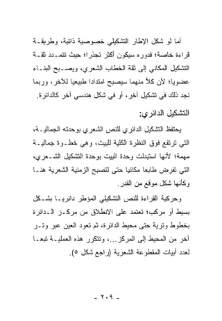 ‫ﺃﻤﺎ ﻟﻭ ﺸﻜل ﺍﻹﻁﺎﺭ ﺍﻟﺘﺸﻜﻴﻠﻲ ﺨﺼﻭﺼﻴﺔ ﺫﺍﺘﻴﺔ، ﻭﻁﺭﻴﻘـﺔ‬
‫ﻗﺭﺍﺀﺓ ﺨﺎﺼﺔ؛ ﻓﺩﻭﺭﻩ ﺴﻴﻜﻭﻥ ﺃﻜﺜﺭ ﺘﺠﺫ ‪‬ﺍ؛ ﺤﻴﺙ ﺘﺘﻤـﺩﺩ ﺜﻘـﺔ‬
                  ‫ﺭ‬
‫ﺍﻟﺘﺸﻜﻴل ﺍﻟﻤﻜﺎﻨﻲ ﺇﻟﻰ ﺜﻘﺔ ﺍﻟﺨﻁﺎﺏ ﺍﻟﺸﻌﺭﻱ، ﻭﻴﺼـﺒﺢ ﺍﻟﺒﻨـﺎﺀ‬
‫ﻋﻀﻭﻴﺎ؛ ﻷﻥ ﻜﻼ ﻤﻨﻬﻤﺎ ﺴﻴﺼﺒﺢ ﺍﻤﺘﺩﺍ ‪‬ﺍ ﻁﺒﻴﻌﻴﺎ ﻟﻶﺨﺭ، ﻭﺭﺒﻤﺎ‬
             ‫‪‬‬      ‫ﺩ‬                   ‫‪‬‬       ‫‪‬‬
 ‫ﻨﺠﺩ ﺫﻟﻙ ﻓﻲ ﺘﺸﻜﻴل ﺁﺨﺭ، ﺃﻭ ﻓﻲ ﺸﻜل ﻫﻨﺩﺴﻲ ﺁﺨﺭ ﻜﺎﻟﺩﺍﺌﺭﺓ.‬

                                     ‫ﺍﻟﺘﺸﻜﻴل ﺍﻟﺩﺍﺌﺭﻱ:‬
‫ﻴﺤﺘﻔﻅ ﺍﻟﺘﺸﻜﻴل ﺍﻟﺩﺍﺌﺭﻱ ﻟﻠﻨﺹ ﺍﻟﺸﻌﺭﻱ ﺒﻭﺤﺩﺘﻪ ﺍﻟﺠﻤﺎﻟﻴـﺔ،‬
‫ﺍﻟﺘﻲ ﺘﺭﺘﻔﻊ ﻓﻭﻕ ﺍﻟﻨﻅﺭﺓ ﺍﻟﻜﻠﻴﺔ ﻟﻠﺒﻴﺕ، ﻭﻫﻲ ﺨﻁـﻭﺓ ﺠﻤﺎﻟﻴـﺔ‬
‫ﻤﻬﻤﺔ؛ ﻷﻨﻬﺎ ﺍﺴﺘﺒﺩﻟﺕ ﻭﺤﺩﺓ ﺍﻟﺒﻴﺕ ﺒﻭﺤﺩﺓ ﺍﻟﺘﺸﻜﻴل ﺍﻟﺸـﻌﺭﻱ،‬
‫ﺍﻟﺘﻲ ﺘﻔﺭﺽ ﻁﺎﺒ ‪‬ﺎ ﻤﻜﺎﻨﻴﺎ ﺤﺘﻰ ﻟﺘﺼﺒﺢ ﺍﻟﺯﻤﻨﻴﺔ ﺍﻟﺸﻌﺭﻴﺔ ﻫﻨـﺎ‬
                                ‫‪‬‬      ‫ﻌ‬
                             ‫ﻭﻜﺄﻨﻬﺎ ﺸﻜل ﻤﻭﻗﻊ ﻤﻥ ﺍﻟﻘﺩﺭ.‬
‫ﻭﺤﺭﻜﻴﺔ ﺍﻟﻘﺭﺍﺀﺓ ﻟﻠﻨﺹ ﺍﻟﺘﺸﻜﻴﻠﻲ ﺍﻟﻤﺅﻁﺭ ﺩﺍﺌﺭ ‪‬ـﺎ ﺒﺸـﻜل‬
        ‫ﻴ‬
‫ﺒﺴﻴﻁ ﺃﻭ ﻤﺭﻜﺏ؛ ﺘﻌﺘﻤﺩ ﻋﻠﻰ ﺍﻻﻨﻁﻼﻕ ﻤﻥ ﻤﺭﻜـﺯ ﺍﻟـﺩﺍﺌﺭﺓ‬
‫ﺒﺨﻁﻭﻁ ﻭﺘﺭﻴﺔ ﺤﺘﻰ ﻤﺤﻴﻁ ﺍﻟﺩﺍﺌﺭﺓ، ﺜﻡ ﺘﻌﻭﺩ ﺍﻟﻌﻴﻥ ﻋﺒﺭ ﻭﺘـﺭ‬
‫ﺁﺨﺭ ﻤﻥ ﺍﻟﻤﺤﻴﻁ ﺇﻟﻰ ﺍﻟﻤﺭﻜﺯ...، ﻭﺘﺘﻜﺭﺭ ﻫﺫﻩ ﺍﻟﻌﻤﻠﻴـﺔ ﺘﺒ ‪‬ـﺎ‬
  ‫ﻌ‬
            ‫ﻟﻌﺩﺩ ﺃﺒﻴﺎﺕ ﺍﻟﻤﻘﻁﻭﻋﺔ ﺍﻟﺸﻌﺭﻴﺔ )ﺭﺍﺠﻊ ﺸﻜل ٥(.‬




                     ‫- ٩٠٢ -‬
 