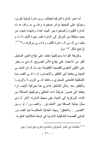 ‫ﺃﻤﺎ ﺸﻌﺭ ﺍﻟﺩﺍﺌﺭﺓ ﺍﻟﻤﺭﻜﺒﺔ ﻓﻴﺘﻁﻠﺏ ﺭﺴﻡ ﺩﺍﺌﺭﺓ ﺃﺼﻠﻴﺔ ﻜﺒﺭﻯ،‬
‫ﻭﺤﻭﻟﻬﺎ ﻋﻠﻰ ﺍﻟﻤﺤﻴﻁ ﺩﻭﺍﺌﺭ ﺼﻐﻴﺭﺓ، ﻭﻋﻠـﻰ ﺤـﻭﺍﻑ ﻫـﺫﻩ‬
‫ﺍﻟﺩﺍﺌﺭﺓ ﺍﻟﻜﺒﻴﺭﺓ ﻭﺍﻟﺼﻐﻴﺭﺓ ﻴﻤﺭ ﺍﻟﺒﻴﺕ ﺍﺒﺘﺩﺍﺀ ﻭﺍﻨﺘﻬﺎﺀ؛ ﻟﻴﻌﻭﺩ ﻤﻥ‬
‫ﺠﺩﻴﺩ ﻤﻨﻁﻠ ﹰﺎ ﻤﻥ ﺍﻟﻤﺭﻜﺯ ﺇﻟﻰ ﺍﻟﺩﺍﺌﺭﺓ ﺍﻟﺼـﻐﻴﺭﺓ ﺍﻟﺜﺎﻨﻴـﺔ، ﺜـﻡ‬
                                              ‫ﻘ‬
‫ـﺎ")٥٠٢(.‬
        ‫ـﺭﺓ ـﻲ ﻤﺭﻜﺯﻫـ‬
                ‫ـﻲ ـﻰ ـﺩﺍﺌﺭﺓ ﺍﻟﻜﺒﻴـ ﻓـ‬
                               ‫ﻴﻨﺘﻬـ ﺇﻟـ ﺍﻟـ‬
                                          ‫)ﺭﺍﺠﻊ ﺸﻜل ٣١ ﺏ(.‬
‫ﻭﻁﺭﻴﻘﺔ ﺍﻟﻘﺭﺍﺀﺓ ﻭﺤﺭﻜﺘﻴﻬﺎ ﺘﻌﺘﻤﺩ ﻋﻠﻰ ﺇﻴﻘﺎﻉ ﺍﻟﻌﻴﻥ ﺍﻟﻤﺘﺨﻴل‬
‫ﺃﻜﺜﺭ ﻤﻥ ﺍﻻﻋﺘﻤﺎﺩ ﻋﻠﻰ ﺇﻴﻘﺎﻉ ﺍﻷﺫﻥ ﺍﻟﺼﺭﻴﺢ، ﺍﻟـﺫﻱ ﺴـﻴﻁﺭ‬
‫ﻋﻠﻰ ﺍﻟﺘﻠﻘﻲ ﺍﻟﺸﻔﻭﻱ ﻟﻠﻘﺼﻴﺩﺓ ﺍﻟﺘﻘﻠﻴﺩﻴﺔ؛ ﺤﻴـﺙ ﻜـﺎﻥ ﺍﻟﻤﻌﻨـﻲ‬
‫ﺍﻟﻤﺠﺎﺯﻱ ﻴﺩﻓﻌﻨﺎ ﺇﻟﻰ ﺍﻟﺘﻔﻜﻴﺭ ﻭﺍﻹﺤﺴﺎﺱ، ﺃﻤـﺎ ﻓـﻲ ﺍﻟﻘﺼـﻴﺩﺓ‬
‫ﺍﻟﺘﺸﻜﻴﻠﻴﺔ ﻓﺎﻟﻤﻌﻨﻰ ﺍﻟﻤﺠﺎﺯﻱ ﻴـﺩﻓﻌﻨﺎ ﺇﻟـﻰ ﺍﻟﺭﺅﻴـﺔ ﻭﺍﻟﺭﺅﻴـﺎ‬
‫ﻭﺍﻟﺘﻔﻜﻴﺭ ﻤ ‪‬ﺎ. ﻭﻜﺄﻥ ﺍﻟﺘﺸﻜﻴل ﺍﻟﺩﺍﺌﺭﻱ ﻫﻨﺎ ﺒﺤﺭﻜﻴﺔ ﺍﻹﺒﺼـﺎﺭ؛‬
                                           ‫ﻌ‬
‫ﻴﺩﻓﻌﻨﺎ ﺇﻟﻰ ﺘﺼﻭﺭ ﺤﺭﻜﻴﺔ ﺫﺍﺕ ﺍﻟﻤﺘﻠﻘﻲ ﻭﺤﺭﻜﻴﺘﻬﺎ ﺍﻟﻤﻤﺎﺜﻠﺔ ﻤﻥ‬
‫ﺍﻟﺫﺍﺕ ﺍﻟﻤﺭﻜﺯﻴﺔ ﺇﻟﻰ ﺍﻟﺤﻴﺎﺓ ﻋﻠﻰ ﻤﺤﻴﻁ ﺍﻟﺩﺍﺌﺭﺓ؛ ﺍﻷﻤﺭ ﺍﻟـﺫﻱ‬
‫ﻴﻤﺜل ﺠﺩﻟﻴﺔ ﺍﻟﻤﺴﺎﻓﺔ ﺒﻴﻥ "ﺍﻟﺘﺤﻘـﻕ... ﻭﺍﻟﺘﺼـﻭﺭ"، ﺃﻭ ﺒـﻴﻥ‬
‫"ﺍﻟﺘﺼﻭﺭ... ﻭﺍﻟﺘﺤﻘﻕ". ﻭﺒﻬﺫﻩ ﺍﻟﺠﺩﻟﻴﺔ ﺍﻟﻤﻌﻜﻭﺴﺔ ﻴﺘﻡ ﺍﻟﺘﺼـﻭﺭ‬
‫ﺍﻟﺒﻨﺎﺌﻲ ﻟﻠﻘﺼﻴﺩﺓ ﺍﻟﺘﺸﻜﻴﻠﻴﺔ ﺍﻟﺩﺍﺌﺭﻴﺔ ﻓﻲ ﺃﺒﺴﻁ ﺘﺸﻜﻼﺘﻬﺎ ﺍﻟﻤﻔﺭﺩﺓ.‬

                                                                ‫)٥٠٢(‬
    ‫ﻤﻁﺎﻟﻌﺎﺕ ﻓﻲ ﺍﻟﺸﻌﺭ ﺍﻟﻤﻤﻠﻭﻜﻲ ﻭﺍﻟﻌﺜﻤﺎﻨﻲ/ ﺒﻜﺭﻱ ﺸﻴﺦ ﺃﻤﻴﻥ/ ﺭﺍﺠﻊ.‬

                        ‫- ٠١٢ -‬
 