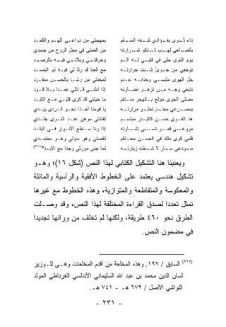 ‫ﺒﻤﻬﺠﺘﻲ ﻤﻥ ﺩﻭﺍﻋـﻲ ﺍﻟﻬـﻡ ﻭﺍﻟﻜﻤـﺩ‬          ‫ـﻘﻡ‬
                                          ‫ﺩﺍﺀ ـﻭﻯ ـﺅﺍﺩﻱ ـﻔﻪ ﺍﻟﺴـ‬
                                                 ‫ﺸـ‬    ‫ﺒﻔـ‬ ‫ﺜـ‬
‫ﻤﻥ ﺍﻟﻀﻨﻰ ﻓﻲ ﻤﺤل ﺍﻟﺭﻭﺡ ﻤﻥ ﺠﺴﺩﻱ‬           ‫ـﻠﻌﻲ ـﺏ ـﺫﻜﻭ ـﺭﺍﺭﺘﻪ‬
                                              ‫ﺸـ‬   ‫ﻟﻬـ ﺘـ‬  ‫ﺒﺄﻀـ‬
‫ـﻲ ـﻪ ﺒﺎﻟﺭ ـﺩ‬
 ‫‪‬ﺼـ‬     ‫ـﻲ ﻭﺒﻼﺌـ ﻓﻴـ‬
                    ‫ﻭﺤﺭﻗﺘـ‬              ‫ﻴﻭﻡ ﺍﻟﻨﻭﻯ ﺤﻠﻰ ﻓﻲ ﻗﻠﺒـﻲ ﻟـﻪ ﺃﻟـﻡ‬
‫ﻤﻊ ﺍﻟﻌﻨﺎ ﻗﺩ ﺭﺜﺎ ﻟﻲ ﻓﻴـﻪ ﺫﻭ ﺍﻟﺤﺴـﺩ‬       ‫ﺘﻭﺠﻌﻲ ﻤﻥ ﺠـﻭﻯ ﺸـﺒﺕ ﺤﺭﺍﺭﺘـﻪ‬
                                                     ‫ً‬
‫ﻟﻤﺤﻨﺘﻲ ﻤﻥ ﺭﺸـﺎ ﺒﺎﻟﺤﺴـﻥ ﻤﻨﻔـﺭﺩ‬           ‫ﺠل ﺍﻟﻬﻭﻯ ﻤﻠﺒﺴـﻲ ﻭﺤﺩﺍﺒـﻪ ﻋـﺩﻡ‬
‫ﺇﺫﺍ ﺍﻨﺜﻨـﻰ ﻗ ـﺎﺘﻠﻲ ﻋﻤ ـﺩﺍ ﺒ ـﻼ ﻗ ـ ‪‬ﺩ‬
 ‫ـ ـ ﹶ ﻭ‬               ‫ـ ـ‬              ‫ﺘﺘﺒﻌﻲ ﻭﺠـﻪ ﻤـﻥ ﺘﺯﻫـﻭ ﻨﻀـﺎﺭﺘﻪ‬
‫ﻤﺎ ﺤﻴﻠﺘﻲ ﻗﺩ ﻜﻭﻯ ﻗﻠﺒـﻲ ﻤـﻊ ﺍﻟﻜﺒـﺩ‬        ‫ﻤﺼ‪‬ﻠﻰ ﺍﻟﺠﻭﻯ ﻤﻭﻟﻊ ﺒـﺎﻟﻬﺠﺭ ﻤﻨـﺘﻘﻡ‬
                                                                      ‫‪‬‬
‫ﻴﺎ ﻗﻭﻤﻨﺎ ﺃﺨـﺫﺍ ﻨﺤـﻭ ﺍﻟـﺭﺩﻯ ﺒﻴـﺩﻱ‬        ‫ـﻪ‬
                                         ‫ـﻭ ﻤﺭﺍﺭﺘـ‬
                                                 ‫ـﺩ ﺘﺤﻠـ‬
                                                      ‫ـﺭﻋﻲ ﻤﻌﺘـ ٍ‬
                                                                ‫ﺒﻤﺼـ‬
‫ﻟﻔﺘﻨﺘﻲ ﻤﻭﻫﻥ ﻋﻨـﺩ ﺍﻟﻨـﻭﻯ ‪‬ﻠـﺩﻱ‬
    ‫ﺠ‬                                   ‫ﻫﺩ ﺍﻟﻘـﻭﻯ ﺤﺴـﻥ ﻜﺎﻟﺒـﺩﺭ ﻤﺒﺘﺴـﻡ‬
                                                                   ‫‪‬‬
‫ﺇﺫﺍ ﺭﻨﺎ ﺴـﺎﻁﻊ ﺍﻷﻨـﻭﺍﺭ ﻓـﻲ ﺍﻟﺒﻠـﺩ‬        ‫ـﺒﻲ ـﺎﺭﺘﻪ‬
                                             ‫ﺇﺸـ‬ ‫ـﻲ ـﺭ ﺘﺴـ‬
                                                       ‫ﻤﺭﻭﻋـ ﻗﻤـ‬
‫ﻟﻘﺼﺘﻲ ﻭﻫﻭ ﺴﺅﻟﻲ ﻭﻫـﻭ ﻤﻌﺘﻤـﺩﻱ‬             ‫ﻗﻠﺒﻲ ﻜﻭﻯ ﻤﻠﻙ ﻓﻲ ﺍﻟﺤﺴـﻥ ﻤﺤـﺘﻜﻡ‬
‫)٥٢٢(‬
        ‫ﻟﻤﺎ ﺠﻨﻰ ﻤﻭﺭﺜﻲ ﻭﺠﺩﺍ ﻤﻊ ﺍﻷﺒـﺩ"‬    ‫ـﻪ‬
                                         ‫ـﻭﺩﻋﻲ ـﺎﺭ ﻻ ـﻁﺕ ﺯﻴﺎﺭﺘـ‬
                                                  ‫ﺸـ‬    ‫ﺴـ‬    ‫ﻤـ‬

‫ﻭﻴﻌﻨﻴﻨﺎ ﻫﻨﺎ ﺍﻟﺘﺸﻜﻴل ﺍﻟﻜﺘﺎﺒﻲ ﻟﻬﺫﺍ ﺍﻟﻨﺹ )ﺸﻜل ٦١(؛ ﻭﻫـﻭ‬
‫ﺘﺸﻜﻴل ﻫﻨﺩﺴﻲ ﻴﻌﺘﻤﺩ ﻋﻠﻰ ﺍﻟﺨﻁﻭﻁ ﺍﻷﻓﻘﻴﺔ ﻭﺍﻟﺭﺃﺴﻴﺔ ﻭﺍﻟﻤﺎﺌﻠﺔ‬
‫ﻭﺍﻟﻤﻌﻜﻭﺴﺔ ﻭﺍﻟﻤﺘﻘﺎﻁﻌﺔ ﻭﺍﻟﻤﺘﻭﺍﺯﻴﺔ، ﻭﻫﺫﻩ ﺍﻟﺨﻁﻭﻁ ﻤﻊ ﻏﻴﺭﻫﺎ‬
‫ﺘﻤﺜل ﺘﻌﺩ ‪‬ﺍ ﻟﺼﺩﻕ ﺍﻟﻘﺭﺍﺀﺓ ﺍﻟﻤﺨﺘﻠﻔﺔ ﻟﻬﺫﺍ ﺍﻟﻨﺹ، ﻭﻗﺩ ﻭﺼـﻠﺕ‬
                                            ‫ﺩ‬
‫ﺍﻟﻁﺭﻕ ﻨﺤﻭ ٠٦٤ ﻁﺭﻴﻘﺔ، ﻭﻟﻜﻨﻬﺎ ﻟﻡ ﺘﺨﻠﻑ ﻤﻥ ﻭﺭﺍﺌﻬﺎ ﺘﺠﺩﻴ ‪‬ﺍ‬
 ‫ﺩ‬
                                                 ‫ﻓﻲ ﻤﻀﻤﻭﻥ ﺍﻟﻨﺹ.‬


                                                                  ‫)٥٢٢(‬
‫ﺍﻟﺴﺎﺒﻕ / ٧٩١. ﻭﻫﺫﻩ ﺍﻟﻤﺨﻠﻌﺔ ﻤﻥ ﺃﻗﺩﻡ ﺍﻟﻤﺨﻠﻌﺎﺕ ﻭﻫـﻲ ﻟﻠـﻭﺯﻴﺭ‬
‫ﻟﺴﺎﻥ ﺍﻟﺩﻴﻥ ﻤﺤﻤﺩ ﺒﻥ ﻋﺒﺩ ﺍﷲ ﺍﻟﺴﻠﻴﻤﺎﻨﻲ ﺍﻷﻨﺩﻟﺴﻲ ﺍﻟﻐﺭﻨﺎﻁﻲ ﺍﻟﻤﻭﻟﺩ‬
                            ‫ﺍﻟﻠﻭﺍﺸﻲ ﺍﻷﺼل / ٢٧٦ ﻫـ - ١٤٧ ﻫـ.‬

                               ‫- ١٣٢ -‬
 