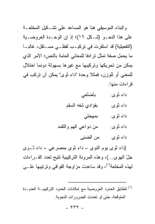 ‫ﻭﺍﻟﺒﻨﺎﺀ ﺍﻟﻤﻭﺴﻴﻘﻲ ﻫﻨﺎ ﻫﻭ ﺍﻟﻤﺴﺎﻋﺩ ﻋﻠﻰ ﺘﺸـﻜﻴل ﺍﻟﻤﺨﻠﻌـﺔ‬
‫ﻋﻠﻰ ﻫﺫﺍ ﺍﻟﻨﺤـﻭ )ﺸـﻜل ٦١(؛ ﺇﺫ ﺇﻥ ﺍﻟﻭﺤـﺩﺓ ﺍﻟﻌﺭﻭﻀـﻴﺔ‬
‫)ﺍﻟﺘﻔﻌﻴﻠﻴﺔ( ﻗﺩ ﺍﺴﺘﻘﺭﺕ ﻓﻲ ﺘﺭﻜﻴـﺏ ﻟﻔﻅـﻲ ﻤﺴـﺘﻘل، ﻏﺎﻟ ‪‬ـﺎ‬
  ‫ﺒ‬
‫ﻤﺎ ﻴﺤﻤل ﺼﻔﺔ ﺘﻤﺜل ﺘﺭﺍﺩ ﹰﺎ ﻟﻠﻤﻌﺎﻨﻲ ﺍﻟﻌﺎﻤﺔ ﺒﺎﻟﻨﺹ؛ ﺍﻷﻤﺭ ﺍﻟﺫﻱ‬
                                 ‫ﻓ‬
‫ﻴﻤﻜﻥ ﻤﻥ ﺘﺤﺭﻴﻜﻬﺎ ﻭﺘﺭﻜﻴﺒﻬﺎ ﻤﻊ ﻏﻴﺭﻫﺎ ﺒﺴﻬﻭﻟﺔ ﺩﻭﻨﻤﺎ ﺍﺨﺘﻼل‬
‫ﻟﻠﻤﻌﻨﻰ ﺃﻭ ﻟﻠﻭﺯﻥ، ﻓﻤﺜﻼ ﻭﺤﺩﺓ "ﺩﺍﺀ ﺜﻭﻯ" ﻴﻤﻜﻥ ﺃﻥ ﺘﺭﻜﺏ ﻓﻲ‬
                               ‫ﹰ‬
                                                 ‫ﻗﺭﺍﺀﺍﺕ ﻤﻨﻬﺎ:‬
                                 ‫ﺒﺄﻀﻠﻌﻲ‬            ‫ﺩﺍﺀ ﺜﻭﻯ‬
                         ‫ﺒﻔﺅﺍﺩﻱ ﺸﻔﻪ ﺍﻟﺴﻘﻡ‬          ‫ﺩﺍﺀ ﺜﻭﻯ‬
                                   ‫ﺒﻤﻬﺠﺘﻲ‬          ‫ﺩﺍﺀ ﺜﻭﻯ‬
                   ‫ﻤﻥ ﺩﻭﺍﻋﻲ ﺍﻟﻬﻡ ﻭﺍﻟﻜﻤﺩ‬            ‫ﺩﺍﺀ ﺜﻭﻯ‬
                                 ‫ﻤﻥ ﺍﻟﻀﻨﻰ‬          ‫ﺩﺍﺀ ﺜﻭﻯ‬
‫)ﺩﺍﺀ ﺜﻭﻯ ﻴﻭﻡ ﺍﻟﻨﻭﻯ – ﺩﺍﺀ ﺜﻭﻯ ﺒﻤﺼﺭﻋﻲ – ﺩﺍﺀ ﺜـﻭﻯ‬
‫ﺠل ﺍﻟﻬﻭﻯ...(، ﻭﻫﺫﻩ ﺍﻟﻤﺭﻭﻨﺔ ﺍﻟﺘﺭﻜﻴﺒﻴﺔ ﺘﺘﻴﺢ ﺘﻌﺩﺩ ﺍﻟﻘـﺭﺍﺀﺍﺕ‬
                                                      ‫ّ‬
‫ﻟﻬﺫﻩ ﺍﻟﻤﺨﻠﻌﺔ)*(، ﻭﻗﺩ ﺴﺎﻋﺩﺕ ﻤﺯﺍﻭﺠﺔ ﺍﻟﻘﻭﺍﻓﻲ ﻭﺘﺭﺘﻴﺒﻬﺎ ﻋﻠـﻰ‬


                                                               ‫)*(‬
‫ﺘﺘﻁﺎﺒﻕ ﺍﻟﺤﺩﻭﺩ ﺍﻟﻌﺭﻭﻀﻴﺔ ﻤﻊ ﺇﻤﻜﺎﻨﺎﺕ ﺍﻟﺤﺩﻭﺩ ﺍﻟﺘﺭﻜﻴﺒﻴـﺔ ﺍﻟﻌﺩﻴـﺩﺓ‬
                  ‫ﺍﻟﻤﺘﻭﻗﻌﺔ، ﺤﺘﻰ ﻟﻭ ﺘﻌﺩﺩﺕ ﺍﻟﻀﺭﻭﺭﺍﺕ ﺍﻟﻨﺤﻭﻴﺔ.‬

                        ‫- ٢٣٢ -‬
 