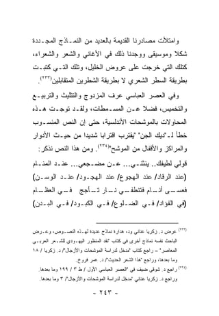 ‫ﻭﺍﻤﺘﻸﺕ ﻤﺼﺎﺩﺭﻨﺎ ﺍﻟﻘﺩﻴﻤﺔ ﺒﺎﻟﻌﺩﻴﺩ ﻤﻥ ﺍﻟﻨﻤـﺎﺫﺝ ﺍﻟﻤﺠـﺩﺩﺓ‬
‫ﺸﻜﻼ ﻭﻤﻭﺴﻴﻘﻰ ﻭﻭﺠﺩﻨﺎ ﺫﻟﻙ ﻓﻲ ﺍﻷﻏﺎﻨﻲ ﻭﺍﻟﺸﻌﺭ ﻭﺍﻟﺸﻌﺭﺍﺀ،‬
                                              ‫ﹰ‬
‫ﻜﺘﻠﻙ ﺍﻟﺘﻲ ﺨﺭﺠﺕ ﻋﻠﻰ ﻋﺭﻭﺽ ﺍﻟﺨﻠﻴل، ﻭﺘﻠﻙ ﺍﻟﺘـﻲ ﻜﺘﺒـﺕ‬
  ‫ﺒﻁﺭﻴﻘﺔ ﺍﻟﺴﻁﺭ ﺍﻟﺸﻌﺭﻱ ﻻ ﺒﻁﺭﻴﻘﺔ ﺍﻟﺸﻁﺭﻴﻥ ﺍﻟﻤﺘﻘﺎﺒﻠﻴﻥ)٣٣٢(.‬
‫ﻭﻓﻲ ﺍﻟﻌﺼﺭ ﺍﻟﻌﺒﺎﺴﻲ ﻋﺭﻑ ﺍﻟﻤﺯﺩﻭﺝ ﻭﺍﻟﺘﺜﻠﻴﺙ ﻭﺍﻟﺘﺭﺒﻴـﻊ‬
‫ﻭﺍﻟﺘﺨﻤﻴﺱ، ﻓﻀﻼ ﻋـﻥ ﺍﻟﻤﺴـﻤﻁﺎﺕ، ﻭﻟﻘـﺩ ﺘﻭﺠـﺕ ﻫـﺫﻩ‬
                                ‫ﹰ‬
‫ﺍﻟﻤﺤﺎﻭﻻﺕ ﺒﺎﻟﻤﻭﺸﺤﺎﺕ ﺍﻷﻨﺩﻟﺴﻴﺔ، ﺤﺘﻰ ﺇﻥ ﺍﻟﻨﺹ ﺍﻟﻤﻨﺴـﻭﺏ‬
‫ﺨﻁﺄ ﻟـ"ﺩﻴﻙ ﺍﻟﺠﻥ" "ﻴﻘﺘﺭﺏ ﺍﻗﺘﺭﺍ ‪‬ﺎ ﺸﺩﻴ ‪‬ﺍ ﻤﻥ ﺤﻴـﺙ ﺍﻷﺩﻭﺍﺭ‬
                ‫ﺩ‬      ‫ﺒ‬
  ‫ﻭﺍﻟﻤﺭﺍﻜﺯ ﻭﺍﻷﻗﻔﺎل ﻤﻥ ﺍﻟﻤﻭﺸﺢ")٤٣٢(. ﻭﻤﻥ ﻫﺫﺍ ﺍﻟﻨﺹ ﻨﺫﻜﺭ:‬
‫ﻗﻭﻟﻲ ﻟﻁﻴﻔﻙ.. ﻴﻨﺜﻨـﻲ... ﻋـﻥ ﻤﻀـﺠﻌﻲ... ﻋﻨـﺩ ﺍﻟﻤﻨـﺎﻡ‬
‫)ﻋﻨﺩ ﺍﻟﺭﻗﺎﺩ/ ﻋﻨﺩ ﺍﻟﻬﺠﻭﻉ/ ﻋﻨﺩ ﺍﻟﻬﺠـﻭﺩ/ ﻋﻨـﺩ ﺍﻟﻭﺴـﻥ(‬
‫ـﺎﻡ‬
  ‫ـﻲ ﺍﻟﻌﻅـ‬
         ‫ـﻲ ـﺎﺭ ـﺄﺠﺞ ﻓـ‬
               ‫ـﻰ ـﺎﻡ ﻓﺘﻨﻁﻔـ ﻨـ ﺘـ‬
                              ‫ﻓﻌﺴـ ﺃﻨـ‬
‫)ﻓﻲ ﺍﻟﻔﺅﺍﺩ/ ﻓـﻲ ﺍﻟﻀـﻠﻭﻉ/ ﻓـﻲ ﺍﻟﻜﺒـﻭﺩ/ ﻓـﻲ ﺍﻟﺒـﺩﻥ(‬


                                                                        ‫)٣٣٢(‬
‫ﻋﺭﺽ ﺩ. ﺯﻜﺭﻴﺎ ﻋﻨﺎﻨﻲ ﻭﺩ، ﻫﺩﺍﺭﺓ ﻨﻤﺎﺫﺝ ﻋﺩﻴﺩﺓ ﻟﻬـﺫﻩ ﺍﻟﻨﺼـﻭﺹ، ﻭﻋـﺭﺽ‬
‫ﺍﻟﺒﺎﺤﺙ ﻨﻔﺴﻪ ﻨﻤﺎﺫﺝ ﺃﺨﺭﻯ ﻓﻲ ﻜﺘﺎﺏ "ﻨﻘﺩ ﺍﻟﻤﻨﻅﻭﺭ ﺍﻟﻴﻬـﻭﺩﻱ ﻟﻠﺸـﻌﺭ ﺍﻟﻌﺭﺒـﻲ‬
‫ﺍﻟﻤﻌﺎﺼﺭ" – ﺭﺍﺠﻊ ﻜﺘﺎﺏ "ﻤﺩﺨل ﻟﺩﺭﺍﺴﺔ ﺍﻟﻤﻭﺸﺤﺎﺕ ﻭﺍﻷﺯﺠﺎل"/ ﺩ. ﺯﻜﺭﻴﺎ / ٨١‬
                    ‫ﻭﻤﺎ ﺒﻌﺩﻫﺎ، ﻭﺭﺍﺠﻊ "ﻫﺫﺍ ﺍﻟﺸﻌﺭ ﺍﻟﺤﺩﻴﺙ"/ ﺩ. ﻋﻤﺭ ﻓﺭﻭﺥ.‬
                                                                        ‫)٤٣٢(‬
  ‫ﺭﺍﺠﻊ ﺩ. ﺸﻭﻗﻲ ﻀﻴﻑ ﻓﻲ "ﺍﻟﻌﺼﺭ ﺍﻟﻌﺒﺎﺴﻲ ﺍﻷﻭل / ﻁ ٣ / ٩٩١ ﻭﻤﺎ ﺒﻌﺩﻫﺎ.‬
   ‫ﻭﺭﺍﺠﻊ ﺩ. ﺯﻜﺭﻴﺎ ﻋﻨﺎﻨﻲ "ﻤﺩﺨل ﻟﺩﺭﺍﺴﺔ ﺍﻟﻤﻭﺸﺤﺎﺕ ﻭﺍﻷﺯﺠﺎل"/ ٣ ﻭﻤﺎ ﺒﻌﺩﻫﺎ.‬

                            ‫- ٣٤٢ -‬
 