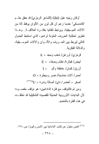 ‫"ﻭﻜﺎﻥ ﺭﻴﻨﻴﻪ ﻏﻴل ‪) Ghil‬ﺍﻟﺸﺎﻋﺭ ﺍﻟﺭﻤﺯﻱ( ﻗﺩ ﺤﻘﻕ ﺤﻠـﻡ‬
‫"ﻜﺎﻨﺩﻨﺴﻜﻲ" ﻋﻨﺩﻤﺎ ﺯﻋﻡ ﺃﻥ ﻜل ﻟﻭﻥ ﻤﻥ ﺍﻷﻟﻭﺍﻥ ﻴﻭﻗﻅ ﺁﻟﺔ ﻤﻥ‬
‫ﺍﻵﻻﺕ ﺍﻟﻤﻭﺴﻴﻘﻴﺔ، ﻭﻴﺭﺘﺒﻁ ﺘﻠﻘﺎﺌﻴﺎ ﺒﻔﻜـﺭﺓ ﺃﺨﻼﻗﻴـﺔ.. ﻭﻫـﺫﺍ‬
                        ‫‪‬‬
‫ﺘﻁﻭﻴﺭ ﻟﺤﻜﺎﻴﺔ ﺍﻟﺤﺭﻭﻑ ﺍﻟﻤﻠﻭﻨﺔ ﻟﺭﺍﻤﺒﻭ، ﺍﻟﺫﻱ ﺍﺴﺘﻨﺒﻁ ﺍﻟﺠﺩﻭل‬
‫ﺍﻟﺘﺎﻟﻲ ﻟﻴﺭﺒﻁ ﺒﻴﻥ ﺍﻟﺤـﺭﻭﻑ ﻭﺍﻷﻟـﻭﺍﻥ ﻭﺍﻵﻻﺕ ﺍﻟﻤﻭﺴـﻴﻘﻴﺔ،‬
                                           ‫ﻭﺍﻟﺩﻻﻟﺔ ﺍﻟﻔﻜﺭﻴﺔ.‬
                      ‫ﻗﺭﻤﺯﻱ/ ﺃﻭﺭﻏﻥ/ ﺸﻐﺏ ﻭﻤﺠﺩ = ‪A‬‬
                       ‫ﺃﺒﻴﺽ/ ﻗﻴﺜﺎﺭﺓ/ ﻨﻅﺎﻡ ﻭﺼﻔﺎﺀ = ‪E‬‬
                        ‫=‪I‬‬     ‫ﺃﺯﺭﻕ/ ﻜﻤﺎﻥ/ ﻋﺎﻁﻔﺔ ﻭﺃﻟﻡ‬
                 ‫ﺃﺤﻤﺭ/ ﺁﻻﺕ ﻨﺤﺎﺴﻴﺔ/ ﻨﺼﺭ ﻭﺴﻴﻁﺭﺓ = ‪O‬‬
         ‫)٤٩٢(‬
                 ‫ﺃﺼﻔﺭ – ﺃﺨﻀﺭ/ ﻨﺎﻱ/ ﺃﺼﺎﻟﺔ ﻭﻨﺩﺭﺓ = ‪"U‬‬
‫ﻭﻤﻥ ﺜﻡ ﻓﺎﻟﺘﻭﻗﻑ ﻤﻊ ﻓﺘﺭﺓ ﺍﻟﺩﺍﺩﺍﺌﻴﻴﻥ؛ ﻫﻭ ﺘﻭﻗﻑ ﻤﻘﺼـﻭﺩ؛‬
‫ﻷﻥ ﺍﻟﺒﺩﺍﻴﺎﺕ ﺍﻷﻭﺭﻭﺒﻴﺔ ﺍﻟﺤﺩﻴﺜﺔ ﻟﻠﻘﺼﻴﺩﺓ ﺍﻟﺘﺸﻜﻴﻠﻴﺔ ﻗﺩ ﺘﺨﻠﻔـﺕ‬
   ‫ﱠ‬
                                    ‫ﻓﻲ ﻫﺫﻩ ﺍﻟﻔﺘﺭﺓ ﺒﺎﻟﺘﺤﺩﻴﺩ.‬




                                                          ‫)٤٩٢(‬
 ‫ﺍﻟﻨﺹ ﻤﻨﻘﻭل ﻋﻥ ﻜﺘﺎﺏ "ﺍﻟﺩﺍﺩﺍﺌﻴﺔ ﺒﻴﻥ ﺍﻷﻤﺱ ﻭﺍﻟﻴﻭﻡ"، ﺹ ٨٣١.‬

                       ‫- ٨٢٣ -‬
 