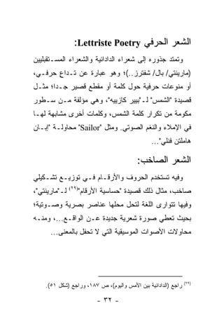 ‫ﺍﻟﺸﻌﺭ ﺍﻟﺤﺭﻓﻲ ‪:Lettriste Poetry‬‬
‫ﻭﺘﻤﺘﺩ ﺠﺫﻭﺭﻩ ﺇﻟﻰ ﺸﻌﺭﺍﺀ ﺍﻟﺩﺍﺩﺍﺌﻴﺔ ﻭﺍﻟﺸﻌﺭﺍﺀ ﺍﻟﻤﺴـﺘﻘﺒﻠﻴﻴﻥ‬
‫)ﻤﺎﺭﻴﻨﺘﻲ/ ﺒﺎل/ ﺸﻔﺘﺭﺯ..(؛ ﻭﻫﻭ ﻋﺒﺎﺭﺓ ﻋﻥ ﺘـﺩﺍﻉ ﺤﺭﻓـﻲ،‬
       ‫ٍ‬
‫ﺃﻭ ﻤﻨﻭﻋﺎﺕ ﺤﺭﻓﻴﺔ ﺤﻭل ﻜﻠﻤﺔ ﺃﻭ ﻤﻘﻁﻊ ﻗﺼﻴﺭ ﺠـﺩﺍ؛ ﻤﺜـل‬
       ‫‪‬‬
‫ﻗﺼﻴﺩﺓ "ﺍﻟﺸﻤﺱ" ﻟـ"ﺒﻴﻴﺭ ﻜﺎﺯﻴﻴﻪ"، ﻭﻫﻲ ﻤﺅﻟﻔﺔ ﻤـﻥ ﺴـﻁﻭﺭ‬
‫ﻤﻜﻭﻤﺔ ﻤﻥ ﺘﻜﺭﺍﺭ ﻜﻠﻤﺔ ﺍﻟﺸﻤﺱ، ﻭﻜﻠﻤﺎﺕ ﺃﺨﺭﻯ ﻤﺸﺎﺒﻬﺔ ﻟﻬـﺎ‬
‫ﻓﻲ ﺍﻹﻤﻼﺀ ﻭﺍﻟﻨﻐﻡ ﺍﻟﺼﻭﺘﻲ. ﻭﻤﺜل "‪ "Sailor‬ﻤﺤﺎﻭﻟـﺔ "ﺇﺒـﺎﻥ‬
                                               ‫ﻫﺎﻤﻠﺘﻥ ﻓﻨﻠﻲ"...‬

                                         ‫ﺍﻟﺸﻌﺭ ﺍﻟﺼﺎﺨﺏ:‬
‫ﻭﻓﻴﻪ ﺘﺴﺘﺨﺩﻡ ﺍﻟﺤﺭﻭﻑ ﻭﺍﻷﺭﻗـﺎﻡ ﻓـﻲ ﺘﻭﺯﻴـﻊ ﺘﺸـﻜﻴﻠﻲ‬
‫ﻟـ"ﻤﺎﺭﻴﻨﺘﻲ"،‬   ‫)٩٢(‬
                      ‫ﺼﺎﺨﺏ، ﻤﺜﺎل ﺫﻟﻙ ﻗﺼﻴﺩﺓ "ﺤﺴﺎﺴﻴﺔ ﺍﻷﺭﻗﺎﻡ"‬
‫ﻭﻓﻴﻬﺎ ﺘﺘﻭﺍﺭﻯ ﺍﻟﻠﻐﺔ ﻟﺘﺤل ﻤﺤﻠﻬﺎ ﻋﻨﺎﺼﺭ ﺒﺼﺭﻴﺔ ﻭﺼـﻭﺘﻴﺔ؛‬
‫ﺒﺤﻴﺙ ﺘﻌﻁﻲ ﺼﻭﺭﺓ ﺸﻌﺭﻴﺔ ﺠﺩﻴﺩﺓ ﻋـﻥ ﺍﻟﻭﺍﻗـﻊ...، ﻭﻤﻨـﻪ‬
      ‫ﻤﺤﺎﻭﻻﺕ ﺍﻷﺼﻭﺍﺕ ﺍﻟﻤﻭﺴﻴﻘﻴﺔ ﺍﻟﺘﻲ ﻻ ﺘﺤﻔل ﺒﺎﻟﻤﻌﻨﻰ...‬




                                                               ‫)٩٢(‬
    ‫ﺭﺍﺠﻊ )ﺍﻟﺩﺍﺩﺍﺌﻴﺔ ﺒﻴﻥ ﺍﻷﻤﺱ ﻭﺍﻟﻴﻭﻡ(، ﺹ ٧٨١، ﻭﺭﺍﺠﻊ )ﺸﻜل ١٥(.‬

                           ‫- ٢٣ -‬
 