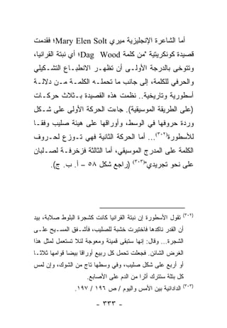 ‫ﺃﻤﺎ ﺍﻟﺸﺎﻋﺭﺓ ﺍﻹﻨﺠﻠﻴﺯﻴﺔ ﻤﻴﺭﻱ ‪Mary Elen Solt‬؛ ﻓﻘﺩﻤﺕ‬
‫ﻗﺼﻴﺩﺓ ﻜﻭﻨﻜﺭﻴﺘﻴﺔ "ﻤﻥ ﻜﻠﻤﺔ ‪Dag Wood‬؛ ﺃﻱ ﻨﺒﺘﺔ ﺍﻟﻘﺭﺍﻨﻴﺎ،‬
‫ﻭﺘﺘﻭﺨﻰ ﺒﺎﻟﺩﺭﺠﺔ ﺍﻷﻭﻟـﻰ ﺃﻥ ﺘﻅﻬـﺭ ﺍﻻﻨﻁﺒـﺎﻉ ﺍﻟﺘﺸـﻜﻴﻠﻲ‬
‫ﻭﺍﻟﺤﺭﻓﻲ ﻟﻠﻜﻠﻤﺔ، ﺇﻟﻰ ﺠﺎﻨﺏ ﻤﺎ ﺘﺤﻤﻠـﻪ ﺍﻟﻜﻠﻤـﺔ ﻤـﻥ ﺩﻻﻟـﺔ‬
‫ﺃﺴﻁﻭﺭﻴﺔ ﻭﺘﺎﺭﻴﺨﻴﺔ.. ﻨﻅﻤﺕ ﻫﺫﻩ ﺍﻟﻘﺼﻴﺩﺓ ﺒـﺜﻼﺙ ﺤﺭﻜـﺎﺕ‬
‫)ﻋﻠﻰ ﺍﻟﻁﺭﻴﻘﺔ ﺍﻟﻤﻭﺴﻴﻘﻴﺔ(. ﺠﺎﺀﺕ ﺍﻟﺤﺭﻜﺔ ﺍﻷﻭﻟﻰ ﻋﻠﻰ ﺸـﻜل‬
‫ﻭﺭﺩﺓ ﺤﺭﻭﻓﻬﺎ ﻓﻲ ﺍﻟﻭﺴﻁ، ﻭﺃﻭﺭﺍﻗﻬﺎ ﻋﻠﻰ ﻫﻴﺌﺔ ﺼﻠﻴﺏ ﻭﻓ ﹰـﺎ‬
  ‫ﻘ‬
‫ﻟﻸﺴﻁﻭﺭﺓ)٢٠٣(... ﺃﻤﺎ ﺍﻟﺤﺭﻜﺔ ﺍﻟﺜﺎﻨﻴﺔ ﻓﻬﻲ ﺘـﻭﺯﻉ ﻟﺤـﺭﻭﻑ‬
‫ﺍﻟﻜﻠﻤﺔ ﻋﻠﻰ ﺍﻟﻤﺩﺭﺝ ﺍﻟﻤﻭﺴﻴﻘﻲ، ﺃﻤﺎ ﺍﻟﺜﺎﻟﺜﺔ ﻓﺯﺨﺭﻓـﺔ ﻟﺼـﻠﺒﺎﻥ‬
      ‫)ﺭﺍﺠﻊ ﺸﻜل ٨٥ – ﺃ. ﺏ. ﺝ(.‬         ‫)٣٠٣(‬
                                               ‫ﻋﻠﻰ ﻨﺤﻭ ﺘﺠﺭﻴﺩﻱ"‬




                                                            ‫)٢٠٣(‬
‫ﺘﻘﻭل ﺍﻷﺴﻁﻭﺭﺓ ﺇﻥ ﻨﺒﺘﺔ ﺍﻟﻘﺭﺍﻨﻴﺎ ﻜﺎﻨﺕ ﻜﺸﺠﺭﺓ ﺍﻟﺒﻠﻭﻁ ﺼﻼﺒﺔ، ﺒﻴﺩ‬
‫ﺃﻥ ﺍﻟﻘﺩﺭ ﻨﺎﻜﺩﻫﺎ ﻓﺎﺨﺘﻴﺭﺕ ﺨﺸﺒﺔ ﻟﻠﺼﻠﻴﺏ، ﻓﺄﺸـﻔﻕ ﺍﻟﻤﺴـﻴﺢ ﻋﻠـﻰ‬
‫ﺍﻟﺸﺠﺭﺓ... ﻭﻗﺎل: ﺇﻨﻬﺎ ﺴﺘﺒﻘﻰ ﻗﻤﻴﺌﺔ ﻭﻤﻌﻭﺠﺔ ﻟﺌﻼ ﺘﺴﺘﻌﻤل ﻟﻤﺜل ﻫﺫﺍ‬
‫ﺍﻟﻐﺭﺽ ﺍﻟﺸﺎﺌﻥ. ﻓﺠﻌﻠﺕ ﺘﺤﻤل ﻜل ﺭﺒﻴﻊ ﺃﻭﺭﺍ ﹰﺎ ﺒﻴ ‪‬ﺎ ﻗﻭﺍﻤﻬﺎ ﺜﻼ ﹰـﺎ‬
  ‫ﺜ‬            ‫ﻗ ﻀ‬
‫ﺃﻭ ﺃﺭﺒﻊ ﻋﻠﻰ ﺸﻜل ﺼﻠﻴﺏ، ﻭﻓﻲ ﻭﺴﻁﻬﺎ ﺘﺎﺝ ﻤﻥ ﺍﻟﺸﻭﻙ، ﻭﺇﻥ ﻟﻤﺱ‬
                     ‫ﻜل ﺒﺘﻠﺔ ﺴﺘﺘﺭﻙ ﺃﺜ ‪‬ﺍ ﻤﻥ ﺍﻟﺩﻡ ﻋﻠﻰ ﺍﻷﺼﺎﺒﻊ.‬
                                          ‫ﺭ‬
                                                            ‫)٣٠٣(‬
                ‫ﺍﻟﺩﺍﺩﺍﺌﻴﺔ ﺒﻴﻥ ﺍﻷﻤﺱ ﻭﺍﻟﻴﻭﻡ / ﺹ ٦٩١ / ٧٩١.‬

                        ‫- ٣٣٣ -‬
 