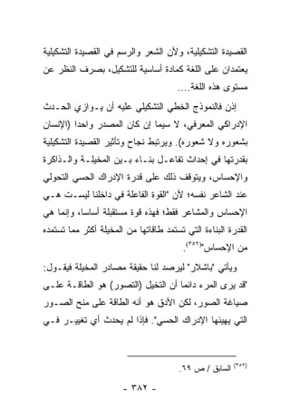 ‫ﺍﻟﻘﺼﻴﺩﺓ ﺍﻟﺘﺸﻜﻴﻠﻴﺔ، ﻭﻷﻥ ﺍﻟﺸﻌﺭ ﻭﺍﻟﺭﺴﻡ ﻓﻲ ﺍﻟﻘﺼﻴﺩﺓ ﺍﻟﺘﺸﻜﻴﻠﻴﺔ‬
‫ﻴﻌﺘﻤﺩﺍﻥ ﻋﻠﻰ ﺍﻟﻠﻐﺔ ﻜﻤﺎﺩﺓ ﺃﺴﺎﺴﻴﺔ ﻟﻠﺘﺸﻜﻴل، ﺒﺼﺭﻑ ﺍﻟﻨﻅﺭ ﻋﻥ‬
                                       ‫ﻤﺴﺘﻭﻯ ﻫﺫﻩ ﺍﻟﻠﻐﺔ....‬
‫ﺇﺫﻥ ﻓﺎﻟﻨﻤﻭﺫﺝ ﺍﻟﺨﻁﻲ ﺍﻟﺘﺸﻜﻴﻠﻲ ﻋﻠﻴﻪ ﺃﻥ ﻴـﻭﺍﺯﻱ ﺍﻟﺤـﺩﺙ‬
‫ﺍﻹﺩﺭﺍﻜﻲ ﺍﻟﻤﻌﺭﻓﻲ، ﻻ ﺴﻴﻤﺎ ﺇﻥ ﻜﺎﻥ ﺍﻟﻤﺼﺩﺭ ﻭﺍﺤ ‪‬ﺍ )ﺍﻹﻨﺴﺎﻥ‬
         ‫ﺩ‬
‫ﺒﺸﻌﻭﺭﻩ ﻭﻻ ﺸﻌﻭﺭﻩ(. ﻭﻴﺭﺘﺒﻁ ﻨﺠﺎﺡ ﻭﺘﺄﺜﻴﺭ ﺍﻟﻘﺼﻴﺩﺓ ﺍﻟﺘﺸﻜﻴﻠﻴﺔ‬
‫ﺒﻘﺩﺭﺘﻬﺎ ﻓﻲ ﺇﺤﺩﺍﺙ ﺘﻔﺎﻋـل ﺒ ﹼـﺎﺀ ﺒـﻴﻥ ﺍﻟﻤﺨﻴﻠـﺔ ﻭﺍﻟـﺫﺍﻜﺭﺓ‬
                           ‫ﻨ‬
‫ﻭﺍﻹﺤﺴﺎﺱ، ﻭﻴﺘﻭﻗﻑ ﺫﻟﻙ ﻋﻠﻰ ﻗﺩﺭﺓ ﺍﻹﺩﺭﺍﻙ ﺍﻟﺤﺴﻲ ﺍﻟﺘﺤﻭﻟﻲ‬
‫ﻋﻨﺩ ﺍﻟﺸﺎﻋﺭ ﻨﻔﺴﻪ؛ ﻷﻥ "ﺍﻟﻘﻭﺓ ﺍﻟﻔﺎﻋﻠﺔ ﻓﻲ ﺩﺍﺨﻠﻨﺎ ﻟﻴﺴـﺕ ﻫـﻲ‬
‫ﺍﻹﺤﺴﺎﺱ ﻭﺍﻟﻤﺸﺎﻋﺭ ﻓﻘﻁ؛ ﻓﻬﺫﻩ ﻗﻭﺓ ﻤﺴﺘﻘﺒﻠﺔ ﺃﺴﺎ ‪‬ﺎ، ﻭﺇﻨﻤﺎ ﻫﻲ‬
           ‫ﺴ‬
‫ﺍﻟﻘﺩﺭﺓ ﺍﻟﺒﻨﺎﺀﺓ ﺍﻟﺘﻲ ﺘﺴﺘﻤﺩ ﻁﺎﻗﺎﺘﻬﺎ ﻤﻥ ﺍﻟﻤﺨﻴﻠﺔ ﺃﻜﺜﺭ ﻤﻤﺎ ﺘﺴﺘﻤﺩﻩ‬
                                         ‫ﻤﻥ ﺍﻹﺤﺴﺎﺱ")٢٥٣(.‬
‫ﻭﻴﺄﺘﻲ "ﺒﺎﺸﻼﺭ" ﻟﻴﺭﺼﺩ ﻟﻨﺎ ﺤﻘﻴﻘﺔ ﻤﺼﺎﺩﺭ ﺍﻟﻤﺨﻴﻠﺔ ﻓﻴﻘـﻭل:‬
‫"ﻗﺩ ﻴﺭﻯ ﺍﻟﻤﺭﺀ ﺩﺍﺌ ‪‬ﺎ ﺃﻥ ﺍﻟﺘﺨﻴل )ﺍﻟﺘﺼﻭﺭ( ﻫﻭ ﺍﻟﻁﺎﻗـﺔ ﻋﻠـﻰ‬
                                    ‫ﻤ‬
‫ﺼﻴﺎﻏﺔ ﺍﻟﺼﻭﺭ، ﻟﻜﻥ ﺍﻷﺩﻕ ﻫﻭ ﺃﻨﻪ ﺍﻟﻁﺎﻗﺔ ﻋﻠﻰ ﻤﻨﺢ ﺍﻟﺼـﻭﺭ‬
‫ﺍﻟﺘﻲ ﻴﻬﻴﺌﻬﺎ ﺍﻹﺩﺭﺍﻙ ﺍﻟﺤﺴﻲ". ﻓﺈﺫﺍ ﻟﻡ ﻴﺤﺩﺙ ﺃﻱ ﺘﻐﻴﻴـﺭ ﻓـﻲ‬



                                                        ‫)٢٥٣(‬
                                       ‫ﺍﻟﺴﺎﺒﻕ / ﺹ ٩٦.‬

                       ‫- ٢٨٣ -‬
 