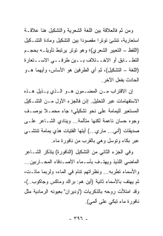 ‫ﻭﻤﻥ ﺜﻡ ﻓﺎﻟﻌﻼﻗﺔ ﺒﻴﻥ ﺍﻟﻠﻐﺔ ﺍﻟﺸﻌﺭﻴﺔ ﻭﺍﻟﺘﺸﻜﻴل ﻫﻨﺎ ﻋﻼﻗـﺔ‬
‫ﺍﺴﺘﻌﺎﺭﻴﺔ، ﺘﻨﺸﺊ ﺘﻭﺘ ‪‬ﺍ ﻤﻘﺼﻭ ‪‬ﺍ ﺒﻴﻥ ﺍﻟﺘﺸﻜﻴل ﻭﻤﺎﺩﺓ ﺍﻟﺘﺸـﻜﻴل‬
                            ‫ﺩ‬       ‫ﺭ‬
‫)ﺍﻟﻠﻔﻅ – ﺍﻟﺘﻌﺒﻴﺭ ﺍﻟﺸﻌﺭﻱ(؛ ﻭﻫﻭ ﺘﻭﺘﺭ ﻴﺭﺘﺒﻁ ﺘﺄﻭﻴﻠـﻪ ﺒﺤﺠـﻡ‬
‫ﺍﻟﺘﻁــﺎﺒﻕ ﺃﻭ ﺍﻻﺨــﺘﻼﻑ ﺒــﻴﻥ ﻁﺭﻓــﻲ ﺍﻻﺴــﺘﻌﺎﺭﺓ‬
‫)ﺍﻟﻠﻐﺔ – ﺍﻟﺘﺸﻜﻴل(، ﺜﻡ ﺃﻱ ﺍﻟﻁﺭﻓﻴﻥ ﻫﻭ ﺍﻷﺴﺎﺱ، ﻭﺃﻴﻬﻤﺎ ﻫـﻭ‬
                                     ‫ﺍﻟﺤﺎﺩﺙ ﺒﻔﻌل ﺍﻵﺨﺭ.‬
‫ﺇﻥ ﺍﻻﻗﺘﺭﺍﺏ ﻤـﻥ ﺍﻟﻤﻀـﻤﻭﻥ ﻫـﻭ ﺍﻟـﺫﻱ ﻴـﺫﻴل ﻫـﺫﻩ‬
‫ﺍﻻﺴﺘﻔﻬﺎﻤﺎﺕ ﻋﺒﺭ ﺍﻟﺘﺤﻠﻴل. ﺇﺫﻥ ﻓﺎﻟﺠﺯﺀ ﺍﻷﻭل ﻤـﻥ ﺍﻟﺘﺸـﻜﻴل‬
‫ﺍﻟﻤﺴﺘﻌﻴﺭ ﻟﻠﻴﻤﺎﻤﺔ ﻋﻠﻰ ﻨﺤﻭ ﺘﺸﻜﻴﻠﻲ؛ ﺠﺎﺀ ﻤﺤﻤـﻼ ﺒﻭﺼـﻑ‬
      ‫ﹰ‬
‫ﻭﺠﻭﻩ ﺤﺴﺎﻥ ﻨﺎﻋﻤﺔ ﻟﻜﻨﻬﺎ ﻤﺘﺄﻟﻤﺔ... ﻭﻴﻨﺎﺩﻱ ﺍﻟﺸـﺎﻋﺭ ﻋﻠـﻰ‬
‫ﺼﺩﻴﻘﺎﺕ )ﺃ ﹼﻲ... ﻤﺎﺭﻱ...( ﺃﻴﺘﻬﺎ ﺍﻟﻔﺘﻴﺎﺕ ﻫﺫﻱ ﻴﻤﺎﻤﺔ ﺘﻨﺘﺸـﻲ‬
                                            ‫ﻨ‬
             ‫ﻋﺒﺭ ﺒﻜﺎﺀ ﻭﺘﻭﺴل ﻭﻫﻲ ﺒﺎﻟﻘﺭﺏ ﻤﻥ ﻨﺎﻓﻭﺭﺓ ﻤﺎﺀ.‬
‫ﻭﻓﻲ ﺍﻟﺠﺯﺀ ﺍﻟﺜﺎﻨﻲ ﻤﻥ ﺍﻟﺘﺸﻜﻴل )ﺍﻟﻨﺎﻓﻭﺭﺓ( ﻴﺘﺫﻜﺭ ﺍﻟﺸـﺎﻋﺭ‬
‫ﺍﻟﻤﺎﻀﻲ ﺍﻟﻠﺫﻴﺫ ﻭﻴﻬﺘـﻑ ﺒﺄﺴـﻤﺎﺀ ﺍﻷﺼـﺩﻗﺎﺀ ﺍﻟﻤﺤـﺎﺭﺒﻴﻥ...‬
‫ﻭﺍﻷﺴﻤﺎﺀ ﺘﻁﺭﺒﻪ... ﻭﻨﻅﺭﺍﺘﻬﻡ ﺘﻨﺎﻡ ﻓﻲ ﺍﻟﻤﺎﺀ، ﻭﻟﺭﺒﻤﺎ ﻤﺎﺘـﺕ،‬
‫ﺜﻡ ﻴﻬﺘﻑ ﺒﺎﻷﺴﻤﺎﺀ ﺜﺎﻨﻴﺔ )ﺃﻴﻥ ﻫﻡ: ﺒﺭﺍﻙ ﻭﻤﺎﻜﺱ ﻭﺠﺎﻜﻭﺏ..(،‬
‫ﻭﻗﺩ ﺍﻤﺘﻸﺕ ﺭﻭﺤﻪ ﺒﺎﻟﺫﻜﺭﻴﺎﺕ )"ﻭﺩﻴﺭﺍﻥ" ﺒﻌﻴﻭﻨﻪ ﺍﻟﺭﻤﺎﺩﻴﺔ ﻤﺜل‬
                             ‫ﻨﺎﻓﻭﺭﺓ ﻤﺎﺀ ﺘﺒﻜﻲ ﻋﻠﻰ ﺃﻟﻤﻲ(.‬

                     ‫- ٦٩٣ -‬
 