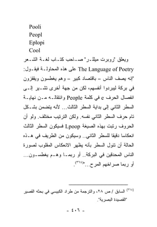 ‫‪Pooli‬‬
   ‫‪Peopl‬‬
   ‫‪Eplopi‬‬
   ‫‪Cool‬‬
‫ﻭﻴﻌﻠﻕ "ﺭﻭﺒﺭﺕ ﻤﻴﻠﻠـﺭ" ﺼـﺎﺤﺏ ﻜﺘـﺎﺏ ﻟﻐـﺔ ﺍﻟﺸـﻌﺭ‬
‫‪ The Language of Poetry‬ﻋﻠﻰ ﻫﺫﻩ ﺍﻟﻤﺤﺎﻭﻟـﺔ ﻓﻴﻘـﻭل:‬
‫"ﺇﻨﻪ ﻴﺼﻑ ﺍﻟﻨﺎﺱ – ﺒﺎﻗﺘﺼﺎﺩ ﻜﺒﻴﺭ – ﻭﻫﻡ ﻴﻐﻁﺴﻭﻥ ﻭﻴﻘﻔﺯﻭﻥ‬
‫ﻓﻲ ﺒﺭﻜﺔ ﻟ ‪‬ﺒﺭﺩﻭﺍ ﺃﻨﻔﺴﻬﻡ، ﻟﻜﻥ ﻤﻥ ﺠﻬﺔ ﺃﺨﺭﻯ ﺘﺸـﻴﺭ ﺇﻟـﻰ‬
                                        ‫ﻴ‬
‫ﺍﻨﻔﺼﺎل ﺍﻟﺤﺭﻑ ‪ e‬ﻓﻲ ﻜﻠﻤﺔ ‪ People‬ﻭﺍﻨﺘﻘﺎﻟـﻪ ﻤـﻥ ﻨﻬﺎﻴـﺔ‬
‫ﺍﻟﺴﻁﺭ ﺍﻟﺜﺎﻨﻲ ﺇﻟﻰ ﺒﺩﺍﻴﺔ ﺍﻟﺴﻁﺭ ﺍﻟﺜﺎﻟﺙ... ﻷﻨﻪ ﻴﺘﻀﻤﻥ ﺒﺸـﻜل‬
‫ﺘﺎﻡ ﺤﺭﻑ ﺍﻟﺴﻁﺭ ﺍﻟﺜﺎﻨﻲ ﻨﻔﺴﻪ. ﻭﻟﻜﻥ ﺍﻟﺘﺭﺘﻴﺏ ﻤﺨﺘﻠﻑ. ﻭﻟﻭ ﺃﻥ‬
‫ﺍﻟﺤﺭﻭﻑ ‪‬ﺘﺒﺕ ﺒﻬﺫﻩ ﺍﻟﺼﻴﻐﺔ ‪ Lpoop‬ﻓﺴﻴﻜﻭﻥ ﺍﻟﺴﻁﺭ ﺍﻟﺜﺎﻟﺙ‬
                                         ‫ﺭ‬
‫ﺍﻨﻌﻜﺎ ‪‬ﺎ ﺩﻗﻴ ﹰﺎ ﻟﻠﺴﻁﺭ ﺍﻟﺜﺎﻨﻲ.. ﻭﺴﻴﻜﻭﻥ ﻤﻥ ﺍﻟﻁﺭﻴﻑ ﻓﻲ ﻫـﺫﻩ‬
                                         ‫ﺴ ﻘ‬
‫ﺍﻟﺤﺎﻟﺔ ﺃﻥ ﺘﺌﻭل ﺍﻟﺴﻁﺭ ﺒﺄﻨﻪ ‪‬ﻅﻬﺭ ﺍﻻﻨﻌﻜﺎﺱ ﺍﻟﻤﻘﻠﻭﺏ ﻟﺼﻭﺭﺓ‬
                         ‫ﻴ‬
‫ﺍﻟﻨﺎﺱ ﺍﻟﻤﺤﺩﻗﻴﻥ ﻓﻲ ﺍﻟﺒﺭﻜﺔ.. ﺃﻭ ﺭﺒﻤـﺎ ﻭﻫـﻡ ﻴﻐﻁﺴـﻭﻥ...‬
                          ‫ﺃﻭ ﺭﺒﻤﺎ ﺼﺭﺍﺨﻬﻡ ﺍﻟﻤﺭﺡ...")٤٦٣(.‬



                                                         ‫)٤٦٣(‬
‫ﺍﻟﺴﺎﺒﻕ / ﺹ ٨٢، ﻭﺍﻟﺘﺭﺠﻤﺔ ﻤﻥ ﻁﺭﺍﺩ ﺍﻟﻜﺒﻴﺴﻲ ﻓﻲ ﺒﺤﺜﻪ ﺍﻟﻘﺼﻴﺭ‬
                                       ‫"ﺍﻟﻘﺼﻴﺩﺓ ﺍﻟﺒﺼﺭﻴﺔ".‬

                      ‫- ٦٠٤ -‬
 
