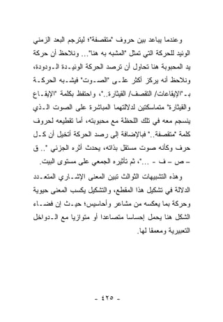 ‫ﻭﻋﻨﺩﻤﺎ ﻴﺒﺎﻋﺩ ﺒﻴﻥ ﺤﺭﻭﻑ "ﻤﺘﻘﺼﻔﺔ"؛ ﻟﻴﺘﺭﺠﻡ ﺍﻟﺒﻌﺩ ﺍﻟﺯﻤﻨﻲ‬
‫ﺍﻟﻭﺌﻴﺩ ﻟﻠﺤﺭﻜﺔ ﺍﻟﺘﻲ ﺘﻤﺜل "ﺍﻟﻤﺸﺒﻪ ﺒﻪ ﻫﻨﺎ"... ﻭﻨﻼﺤﻅ ﺃﻥ ﺤﺭﻜﺔ‬
‫ﻴﺩ ﺍﻟﻤﺤﺒﻭﺒﺔ ﻫﻨﺎ ﺘﺤﺎﻭل ﺃﻥ ﺘﺭﺼﺩ ﺍﻟﺤﺭﻜﺔ ﺍﻟﻭﺌﻴـﺩﺓ ﺍﻟـﻭﺩﻭﺩﺓ،‬
‫ﻭﻨﻼﺤﻅ ﺃﻨﻪ ﻴﺭﻜﺯ ﺃﻜﺜﺭ ﻋﻠـﻰ "ﺍﻟﺼـﻭﺕ" ﻓﻴﺸـﺒﻪ ﺍﻟﺤﺭﻜـﺔ‬
‫ﺒـ"ﺍﻹﻴﻘﺎﻋﺎﺕ/ ﺍﻟﺘﻘﺼﻑ/ ﺍﻟﻘﻴﺜﺎﺭﺓ.."، ﻭﺍﺤﺘﻔﻅ ﺒﻜﻠﻤﺔ "ﺍﻹﻴﻘـﺎﻉ‬
‫ﻭﺍﻟﻘﻴﺜﺎﺭﺓ" ﻤﺘﻤﺎﺴﻜﺘﻴﻥ ﻟﺩﻻﻟﺘﻬﻤﺎ ﺍﻟﻤﺒﺎﺸﺭﺓ ﻋﻠﻰ ﺍﻟﺼﻭﺕ ﺍﻟـﺫﻱ‬
‫ﻴﻨﺴﺠﻡ ﻤﻌﻪ ﻓﻲ ﺘﻠﻙ ﺍﻟﻠﺤﻅﺔ ﻤﻊ ﻤﺤﺒﻭﺒﺘﻪ، ﺃﻤﺎ ﺘﻘﻁﻴﻌﻪ ﻟﺤﺭﻭﻑ‬
‫ﻜﻠﻤﺔ "ﻤﺘﻘﺼﻔﺔ.." ﻓﺒﺎﻹﻀﺎﻓﺔ ﺇﻟﻰ ﺭﺼﺩ ﺍﻟﺤﺭﻜﺔ ﺃﺘﺨﻴل ﺃﻥ ﻜـل‬
‫ﺤﺭﻑ ﻭﻜﺄﻨﻪ ﺼﻭﺕ ﻤﺴﺘﻘل ﺒﺫﺍﺘﻪ، ﻴﺤﺩﺙ ﺃﺜﺭﻩ ﺍﻟﺠﺯﺌﻲ ".. ﻕ‬
  ‫– ﺹ – ﻑ - ..."، ﺜﻡ ﺘﺄﺜﻴﺭﻩ ﺍﻟﺠﻤﻌﻲ ﻋﻠﻰ ﻤﺴﺘﻭﻯ ﺍﻟﺒﻴﺕ.‬
‫ﻭﻫﺫﻩ ﺍﻟﺘﺸﺒﻴﻬﺎﺕ ﺍﻟﺜﻭﺍﻟﺙ ﺘﺒﻴﻥ ﺍﻟﻤﻌﻨﻰ ﺍﻹﺸـﺎﺭﻱ ﺍﻟﻤﺘﻌـﺩﺩ‬
‫ﺍﻟﺩﻻﻟﺔ ﻓﻲ ﺘﺸﻜﻴل ﻫﺫﺍ ﺍﻟﻤﻘﻁﻊ، ﻭﺍﻟﺘﺸﻜﻴل ﻴﻜﺴﺏ ﺍﻟﻤﻌﻨﻰ ﺤﻴﻭﻴﺔ‬
‫ﻭﺤﺭﻜﺔ ﺒﻤﺎ ﻴﻌﻜﺴﻪ ﻤﻥ ﻤﺸﺎﻋﺭ ﻭﺃﺤﺎﺴﻴﺱ؛ ﺤﻴـﺙ ﺇﻥ ﻓﻀـﺎﺀ‬
‫ﺍﻟﺸﻜل ﻫﻨﺎ ﻴﺤﻤل ﺇﺤﺴﺎ ‪‬ﺎ ﻤﺘﺼﺎﻋ ‪‬ﺍ ﺃﻭ ﻤﺘﻭﺍﺯ ‪‬ﺎ ﻤﻊ ﺍﻟـﺩﻭﺍﺨل‬
             ‫ﻴ‬           ‫ﺩ‬        ‫ﺴ‬
                                     ‫ﺍﻟﺘﻌﺒﻴﺭﻴﺔ ﻭﻤﻌﻤ ﹰﺎ ﻟﻬﺎ.‬
                                           ‫ﻘ‬




                     ‫- ٥٢٤ -‬
 