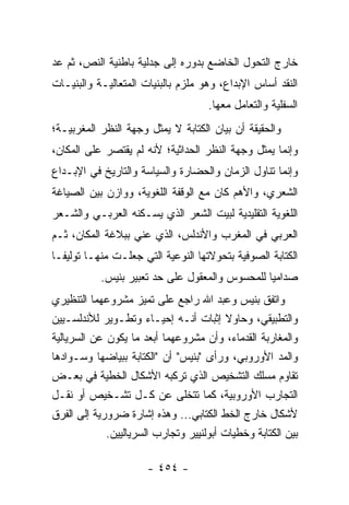 ‫ﺨﺎﺭﺝ ﺍﻟﺘﺤﻭل ﺍﻟﺨﺎﻀﻊ ﺒﺩﻭﺭﻩ ﺇﻟﻰ ﺠﺩﻟﻴﺔ ﺒﺎﻁﻨﻴﺔ ﺍﻟﻨﺹ، ﺜﻡ ﻋﺩ‬
‫ﺍﻟﻨﻘﺩ ﺃﺴﺎﺱ ﺍﻹﺒﺩﺍﻉ، ﻭﻫﻭ ﻤﻠﺯﻡ ﺒﺎﻟﺒﻨﻴﺎﺕ ﺍﻟﻤﺘﻌﺎﻟﻴـﺔ ﻭﺍﻟﺒﻨﻴـﺎﺕ‬
                                     ‫ﺍﻟﺴﻔﻠﻴﺔ ﻭﺍﻟﺘﻌﺎﻤل ﻤﻌﻬﺎ.‬
‫ﻭﺍﻟﺤﻘﻴﻘﺔ ﺃﻥ ﺒﻴﺎﻥ ﺍﻟﻜﺘﺎﺒﺔ ﻻ ﻴﻤﺜل ﻭﺠﻬﺔ ﺍﻟﻨﻅﺭ ﺍﻟﻤﻐﺭﺒﻴـﺔ؛‬
‫ﻭﺇﻨﻤﺎ ﻴﻤﺜل ﻭﺠﻬﺔ ﺍﻟﻨﻅﺭ ﺍﻟﺤﺩﺍﺜﻴﺔ؛ ﻷﻨﻪ ﻟﻡ ﻴﻘﺘﺼﺭ ﻋﻠﻰ ﺍﻟﻤﻜﺎﻥ،‬
‫ﻭﺇﻨﻤﺎ ﺘﻨﺎﻭل ﺍﻟﺯﻤﺎﻥ ﻭﺍﻟﺤﻀﺎﺭﺓ ﻭﺍﻟﺴﻴﺎﺴﺔ ﻭﺍﻟﺘﺎﺭﻴﺦ ﻓﻲ ﺍﻹﺒـﺩﺍﻉ‬
‫ﺍﻟﺸﻌﺭﻱ، ﻭﺍﻷﻫﻡ ﻜﺎﻥ ﻤﻊ ﺍﻟﻭﻗﻔﺔ ﺍﻟﻠﻐﻭﻴﺔ، ﻭﻭﺍﺯﻥ ﺒﻴﻥ ﺍﻟﺼﻴﺎﻏﺔ‬
‫ﺍﻟﻠﻐﻭﻴﺔ ﺍﻟﺘﻘﻠﻴﺩﻴﺔ ﻟﺒﻴﺕ ﺍﻟﺸﻌﺭ ﺍﻟﺫﻱ ﻴﺴـﻜﻨﻪ ﺍﻟﻌﺭﺒـﻲ ﻭﺍﻟﺸـﻌﺭ‬
‫ﺍﻟﻌﺭﺒﻲ ﻓﻲ ﺍﻟﻤﻐﺭﺏ ﻭﺍﻷﻨﺩﻟﺱ، ﺍﻟﺫﻱ ‪‬ﻨﻲ ﺒﺒﻼﻏﺔ ﺍﻟﻤﻜﺎﻥ، ﺜـﻡ‬
                    ‫ﻋ‬
‫ﺍﻟﻜﺘﺎﺒﺔ ﺍﻟﺼﻭﻓﻴﺔ ﺒﺘﺤﻭﻻﺘﻬﺎ ﺍﻟﻨﻭﻋﻴﺔ ﺍﻟﺘﻲ ﺠﻌﻠـﺕ ﻤﻨﻬـﺎ ﺘﻭﻟﻴ ﹰـﺎ‬
  ‫ﻔ‬
           ‫ﺼﺩﺍﻤﻴﺎ ﻟﻠﻤﺤﺴﻭﺱ ﻭﺍﻟﻤﻌﻘﻭل ﻋﻠﻰ ﺤﺩ ﺘﻌﺒﻴﺭ ﺒﻨﻴﺱ.‬
                                                ‫‪‬‬
‫ﻭﺍﺘﻔﻕ ﺒﻨﻴﺱ ﻭﻋﺒﺩ ﺍﷲ ﺭﺍﺠﻊ ﻋﻠﻰ ﺘﻤﻴﺯ ﻤﺸﺭﻭﻋﻬﻤﺎ ﺍﻟﺘﻨﻅﻴﺭﻱ‬
‫ﻭﺍﻟﺘﻁﺒﻴﻘﻲ، ﻭﺤﺎﻭﻻ ﺇﺜﺒﺎﺕ ﺃﻨـﻪ ﺇﺤﻴـﺎﺀ ﻭﺘﻁـﻭﻴﺭ ﻟﻸﻨﺩﻟﺴـﻴﻴﻥ‬
‫ﻭﺍﻟﻤﻐﺎﺭﺒﺔ ﺍﻟﻘﺩﻤﺎﺀ، ﻭﺃﻥ ﻤﺸﺭﻭﻋﻬﻤﺎ ﺃﺒﻌﺩ ﻤﺎ ﻴﻜﻭﻥ ﻋﻥ ﺍﻟﺴﺭﻴﺎﻟﻴﺔ‬
‫ﻭﺍﻟﻤﺩ ﺍﻷﻭﺭﻭﺒﻲ، ﻭﺭﺃﻯ "ﺒﻨﻴﺱ" ﺃﻥ "ﺍﻟﻜﺘﺎﺒﺔ ﺒﺒﻴﺎﻀﻬﺎ ﻭﺴـﻭﺍﺩﻫﺎ‬
‫ﺘﻘﺎﻭﻡ ﻤﺴﻠﻙ ﺍﻟﺘﺸﺨﻴﺹ ﺍﻟﺫﻱ ﺘﺭﻜﺒﻪ ﺍﻷﺸﻜﺎل ﺍﻟﺨﻁﻴﺔ ﻓﻲ ﺒﻌـﺽ‬
‫ﺍﻟﺘﺠﺎﺭﺏ ﺍﻷﻭﺭﻭﺒﻴﺔ، ﻜﻤﺎ ﺘﺘﺨﻠﻰ ﻋﻥ ﻜـل ﺘﺸـﺨﻴﺹ ﺃﻭ ﻨﻘـل‬
‫ﻷﺸﻜﺎل ﺨﺎﺭﺝ ﺍﻟﺨﻁ ﺍﻟﻜﺘﺎﺒﻲ... ﻭﻫﺫﻩ ﺇﺸﺎﺭﺓ ﻀﺭﻭﺭﻴﺔ ﺇﻟﻰ ﺍﻟﻔﺭﻕ‬
             ‫ﺒﻴﻥ ﺍﻟﻜﺘﺎﺒﺔ ﻭﺨﻁﻴﺎﺕ ﺃﺒﻭﻟﻨﻴﻴﺭ ﻭﺘﺠﺎﺭﺏ ﺍﻟﺴﺭﻴﺎﻟﻴﻴﻥ.‬

                      ‫- ٤٥٤ -‬
 