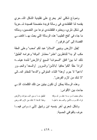 ‫ﻭﻨﻤﻭﺫﺝ ﺸﻜﻠﻲ ﺁﺨﺭ ﻴﺨﺭﺝ ﻋﻠﻰ ﺘﻘﻠﻴﺩﻴﺔ ﺍﻟﺸﻜل ﺍﻟﺸـﻌﺭﻱ‬
‫ﻴﻘﺩﻤﻪ ﻟﻨﺎ ﺍﻟﻘﻠﻘﺸﻨﺩﻱ ﻓﻲ ﺭﺴﺎﻟﺔ ﻓﺭﻴﺩﺓ ﻤﺘﻀﻤﻨﺔ ﻗﺼﻴﺩﺓ ﺸـﻌﺭﻴﺔ‬
‫ﻓﻲ ﺸﻜل ﻨﺜﺭﻱ، ﻭﻴﻌﺘﺒﺭﻩ ﺍﻟﻘﻠﻘﺸﻨﺩﻱ ﻨﻭ ‪‬ﺎ ﻤﻥ ﺍﻟﺘﻀﻤﻴﻥ، ﻭﻤﺜﺎﻟﻪ‬
                    ‫ﻋ‬
‫ﻤﺎ ﺠﺎﺀ ﻓﻲ "ﻨﻔﺦ ﺍﻟﻁﻴﺏ" ﻫﺫﻩ ﺍﻟﺭﺴﺎﻟﺔ ﺍﻟﺘﻲ ﺒﻌﺙ ﺒﻬـﺎ ﻗﺎﻀـﻲ‬
                                    ‫ﺍﻟﻘﻀﺎﺓ ﺇﻟﻰ "ﺍﺒﻥ ﻓﺭﻓﻭﺭ":‬
‫"ﻴﻘﺒل ﺍﻷﺭﺽ ﻭﻴﻨﻬﻲ "ﺍﻟﺴﻼﻡ" ﻋﺒﺩ ﻟﻜﻡ "ﻤﺤﺏ" ﻭﻋﻠﻰ ﺍﻟﻤﻘﺔ‬
‫ﻤﻜﺏ "ﻟﻭ ﺒﺩﺍ" ﻟﻠﻨﺎﻅﺭﻴﻥ "ﻋﺸﺭ" ﻤﻌﺸﺎﺭ "ﺸﻭﻗﻪ" ﻭﻏﺭﺍﻤﻪ "ﻟﻁﺒﻕ"‬
‫ﺫﻟﻙ "ﻤﺎ ﺒﻴﻥ" ﺁﻓﺎﻕ "ﺍﻟﺴﻤﻭﺍﺕ" ﺍﻟﺴﺒﻊ "ﻭﺍﻷﺭﺽ" ﻟﺸﺩﺓ ﻫﻴﺎﻤـﻪ‬
‫"ﺘﺭﺍﻩ" ﺤﻘﺎ "ﻟﻜﻡ" ﺤﺎﻓ ‪‬ﺎ "ﺒﺎﻷﻤﻥ" ﻭﺍﻟﺴﺭﻭﺭ "ﻭﺍﻟﺴﻌﺩ" ﻭﺍﻟﺤﺒـﻭﺭ‬
                                   ‫ﻴ‬            ‫‪‬‬
‫"ﺩﺍﻋ ‪‬ﺎ" ﻻ ﺠﺭﻡ "ﻭﻫﺫﺍ" ﺍﻟﺜﻨﺎﺀ ﺍﻟﻤﺘﻭﺍﻟﻲ ﻭ"ﺍﻟﺩﻋﺎ" ﻟﻠﻤﻘﺎﻡ ﺍﻟﻌـﺎﻟﻲ‬
                                                       ‫ﻴ‬
                                   ‫"ﻻ ﺸﻙ ﻤﻥ ﻻﺯﻡ ﺍﻟﻔﺭﺽ".‬
‫ﻭﻫﺫﻩ ﺍﻟﺭﺴﺎﻟﺔ ﻴﻤﻜﻥ ﺃﻥ ﺘﻜﻭﻥ ﺒﻴﺘﻴﻥ ﻤﻥ ﺘﻠﻙ ﺍﻟﻜﻠﻤﺎﺕ ﺍﻟﺘـﻲ‬
                                         ‫ﺠﺎﺀﺕ ﺒﻴﻥ ﺍﻷﻗﻭﺍﺱ:‬
‫ﻟﻁﺒﻕ ﻤـﺎ ﺒـﻴﻥ ﺍﻟﺴـﻤﻭﺍﺕ ﻭﺍﻷﺭﺽ‬     ‫ﺴﻼﻡ ﻤﺤﺏ ﻟـﻭ ﺒـﺩﺍ ﻋﺸـﺭ ﺸـﻭﻗﻪ‬
‫ﻭﻫﺫﺍ ﺍﻟﺩﻋﺎ ﻻ ﺸﻙ ﻤﻥ ﻻﺯﻡ ﺍﻟﻔـﺭﺽ‬    ‫ﺘﺭﺍﻩ ﻟﻜـﻡ ﺒـﺎﻷﻤﻥ ﻭﺍﻟﺴـﻌﺩ ﺩﺍﻋ ًـﺎ‬
                                   ‫ﻴ‬

‫ﻭﺸﻜل ﺸﻌﺭﻱ ﺁﺨﺭ ﻴﻨﺴﺒﻪ ﺍﺒﻥ ﺭﺸﻴﻕ ﻷﺒﻲ ﻨـﻭﺍﺱ ﻓﻴﻤـﺎ‬
                                      ‫ﻋﺭﻑ ﺒﺎﻟﻘﻭﺍﻓﻲ ﺍﻟﺤﺴﻴﺔ:‬



                         ‫- ٩٦٤ -‬
 