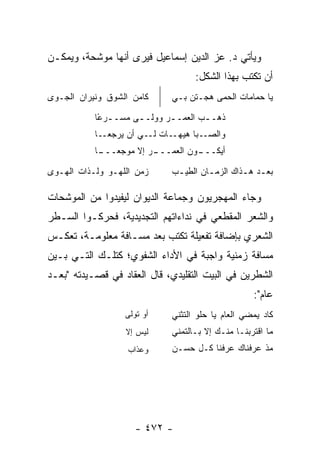 ‫ﻭﻴﺄﺘﻲ ﺩ. ﻋﺯ ﺍﻟﺩﻴﻥ ﺇﺴﻤﺎﻋﻴل ﻓﻴﺭﻯ ﺃﻨﻬﺎ ﻤﻭﺸﺤﺔ، ﻭﻴﻤﻜـﻥ‬
                                   ‫ﺃﻥ ﺘﻜﺘﺏ ﺒﻬﺫﺍ ﺍﻟﺸﻜل:‬
‫ﻜﺎﻤﻥ ﺍﻟﺸﻭﻕ ﻭﻨﻴﺭﺍﻥ ﺍﻟﺠـﻭﻯ‬     ‫ﻴﺎ ﺤﻤﺎﻤﺎﺕ ﺍﻟﺤﻤﻰ ﻫﺠـﺘﻥ ﺒـﻲ‬

           ‫ﺫﻫــﺏ ﺍﻟﻌﻤــﺭ ﻭﻭﻟــﻰ ﻤﺴـ ـﺭ ًﺎ‬
            ‫ـ ﻋ‬       ‫ـ‬      ‫ـ‬       ‫ـ‬
           ‫ـﺒﺎ ﻫﻴﻬــﺎﺕ ﻟــﻲ ﺃﻥ ﻴﺭﺠﻌــﺎ‬‫ﻭﺍﻟﺼـ‬
           ‫ـﺎ‬
            ‫ـﺭ ﺇﻻ ﻤﻭﺠﻌـــ‬
                        ‫ـﻭﻥ ﺍﻟﻌﻤـــ‬
                                  ‫ﺃﻴﻜـــ‬

‫ﺯﻤﻥ ﺍﻟﻠﻬـﻭ ﻭﻟـﺫﺍﺕ ﺍﻟﻬـﻭﻯ‬     ‫ﺒﻌ ـﺩ ﻫ ـﺫﺍﻙ ﺍﻟﺯﻤ ـﺎﻥ ﺍﻟﻁﻴ ـﺏ‬
                              ‫ـ‬        ‫ـ‬         ‫ـ ـ‬

‫ﻭﺠﺎﺀ ﺍﻟﻤﻬﺠﺭﻴﻭﻥ ﻭﺠﻤﺎﻋﺔ ﺍﻟﺩﻴﻭﺍﻥ ﻟﻴﻔﻴﺩﻭﺍ ﻤﻥ ﺍﻟﻤﻭﺸﺤﺎﺕ‬
‫ﻭﺍﻟﺸﻌﺭ ﺍﻟﻤﻘﻁﻌﻲ ﻓﻲ ﻨﺩﺍﺀﺍﺘﻬﻡ ﺍﻟﺘﺠﺩﻴﺩﻴﺔ، ﻓﺤﺭﻜـﻭﺍ ﺍﻟﺴـﻁﺭ‬
‫ﺍﻟﺸﻌﺭﻱ ﺒﺈﻀﺎﻓﺔ ﺘﻔﻌﻴﻠﺔ ﺘﻜﺘﺏ ﺒﻌﺩ ﻤﺴـﺎﻓﺔ ﻤﻌﻠﻭﻤـﺔ، ﺘﻌﻜـﺱ‬
‫ﻤﺴﺎﻓﺔ ﺯﻤﻨﻴﺔ ﻭﺍﺠﺒﺔ ﻓﻲ ﺍﻷﺩﺍﺀ ﺍﻟﺸﻔﻭﻱ؛ ﻜﺘﻠـﻙ ﺍﻟﺘـﻲ ﺒـﻴﻥ‬
‫ﺍﻟﺸﻁﺭﻴﻥ ﻓﻲ ﺍﻟﺒﻴﺕ ﺍﻟﺘﻘﻠﻴﺩﻱ، ﻗﺎل ﺍﻟﻌﻘﺎﺩ ﻓﻲ ﻗﺼـﻴﺩﺘﻪ "ﺒﻌـﺩ‬
                                                    ‫ﻋﺎﻡ":‬
                  ‫ﺃﻭ ﺘﻭﻟﻰ‬    ‫ﻜﺎﺩ ﻴﻤﻀﻲ ﺍﻟﻌﺎﻡ ﻴﺎ ﺤﻠﻭ ﺍﻟﺘﺜﻨﻲ‬
                  ‫ﻟﻴﺱ ﺇﻻ‬     ‫ﻤﺎ ﺍﻗﺘﺭﺒﻨـﺎ ﻤﻨـﻙ ﺇﻻ ﺒـﺎﻟﺘﻤﻨﻲ‬
                   ‫ﻭﻋﺫﺍﺏ‬     ‫ﻤﺫ ﻋﺭﻓﻨﺎﻙ ﻋﺭﻓﻨﺎ ﻜـل ﺤﺴـﻥ‬




                    ‫- ٢٧٤ -‬
 