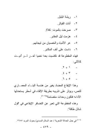 ‫١- ﺭﻴﺸﺔ ﺍﻟﺒﻠﺒل.‬
                                         ‫٢- ﺃﻨﺎﺕ ﺍﻟﻘﻴﺎﺜﺭ.‬
                             ‫٣- ﺼﺭﺨﺕ ﺒﺎﻟﻤﻭﺕ: ﻜﻼ!.‬
                                  ‫٤- ﻫﺯﻤﺕ ﻟﻴل ﺍﻟﻤﻘﺎﺒﺭ.‬
                 ‫٥- ﻋﺭ ﺍﻷﺸﺒﺎﻩ ﻭﺍﻟﺨﺼﻴﺎﻥ ﻤﻥ ﺘﻴﺠﺎﻨﻬﻡ.‬
                                             ‫‪‬‬
                            ‫٦- ﺩﺍﺴﺕ ﻋﻠﻰ ﺃﻨﻑ ﺍﻟﻤﻜﺎﺒﺭ.‬
‫ﻓﻬﺫﻩ ﺍﻟﻤﻘﻁﻭﻋﺔ ﻗﺩ ﺘﻜﺘﺴﺒﺕ ﺒﻌ ‪‬ﺍ ﻨﻐﻤﻴﺎ ﺁﺨـﺭ ﻟـﻭ ﺃﺩﻴـﺕ‬
    ‫ُ‬           ‫‪‬‬     ‫ﺩ‬
                                                         ‫ﻜﺎﻵﺘﻲ:‬
                                              ‫١ + ٢.‬        ‫-‬
                                              ‫٣ + ٤.‬        ‫-‬
                                              ‫٥ + ٦.‬        ‫-‬
‫ﻭﻫﺫﺍ ﺍﻹﻴﻘﺎﻉ ﺍﻟﻤﻀﺎﺩ ﻴﻐﻴﺭ ﻤﻥ ﻫﻨﺩﺴﺔ ﺍﻟﺒﻨـﺎﺀ ﺍﻟﻤﻌﻤـﺎﺭﻱ‬
‫ﻟﻠﻨﺹ، ﻭﻴﺅﺜﺭ ﻋﻠﻰ ﺘﺫﻭﻴﺒﻪ ﺒﻁﺭﻴﻘﺔ ﺍﻹﻟﻘﺎﺀ ﻓﻲ ﺃﺴﻁﺭ ﻴﺴﺘﺤﺩﺜﻬﺎ‬
                         ‫ﺍﻷﺩﺍﺀ؛ ﻓﺘﻜﻭﻥ ﻭﺤﺩﺍﺕ ﻤﺘﻀﺎﻤﻨﺔ")٨٠٤(.‬
‫ﻭﻫﺫﻩ ﺍﻟﻤﻘﻁﻭﻋﺔ ﺍﻟﺘﻲ ﺘﻌﺒﺭ ﻋﻥ ﺍﻟﺘﻀﺎﻓﺭ ﺍﻹﻴﻘﺎﻋﻲ ﻓﻲ "ﻗﻭل‬
                                                    ‫ﺸﺎﺫل ﻁﺎﻗﺔ":‬

                                                                ‫)٨٠٤(‬
 ‫ﻓﻲ ﺠﺩل ﺍﻟﺤﺩﺍﺜﺔ ﺍﻟﺸﻌﺭﻴﺔ / ﻋﺒﺩ ﺍﻟﺴﻼﻡ ﺍﻟﻤﺴﺩﻱ/ ﺒﺤﻭﺙ ﺍﻟﻤﺭﺒﺩ ٥٨٩١.‬

                         ‫- ٩٧٤ -‬
 