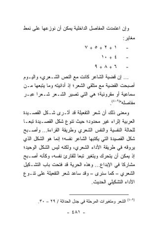 ‫ﻭﺇﻥ ﺍﻋﺘﻤﺩﺕ ﺍﻟﻤﻔﺎﺼل ﺍﻟﺩﺍﺨﻠﻴﺔ ﻴﻤﻜﻥ ﺃﻥ ﻨﻭﺯﻋﻬﺎ ﻋﻠﻰ ﻨﻤﻁ‬
                                                     ‫ﻤﻐﺎﻴﺭ:‬
                                ‫١+٢+٥+٧‬               ‫-‬
                                         ‫٤ + ٠١‬       ‫-‬
                                     ‫٦+٨+٩‬            ‫-‬
‫... ﺇﻥ ﻗﻀﻴﺔ ﺍﻟﺸﺎﻋﺭ ﻜﺎﻨﺕ ﻤﻊ ﺍﻟﻨﺹ ﺍﻟﺸـﻌﺭﻱ، ﻭﺍﻟﻴـﻭﻡ‬
‫ﺃﺼﺒﺤﺕ ﺍﻟﻘﻀﻴﺔ ﻤﻊ ﻤﺘﻠﻘﻲ ﺍﻟﺸﻌﺭ؛ ﺇﺫ ﺃﺩﺍﺌﻴﺘﻪ ﻭﻤﺎ ﻴﺘﺒﻌﻬﺎ ﻤـﻥ‬
‫ﺴﻤﺎﻋﻴﺔ ﺃﻭ ﻤﻘﺭﻭﺌﻴﺔ؛ ﻫﻲ ﺍﻟﺘﻲ ﺘﺼﻴﺭ ﺍﻟﺸـﻌﺭ ﺸـﻌ ‪‬ﺍ ﻋﺒـﺭ‬
       ‫ﺭ‬
                                            ‫ﻤﻔﺎﺼﻠﻪ")٩٠٤(.‬
‫ﻭﻤﻌﻨﻰ ﺫﻟﻙ ﺃﻥ ﺸﻌﺭ ﺍﻟﺘﻔﻌﻴﻠﺔ ﻗﺩ ﺃﺜـﺭﻯ ﺸـﻜل ﺍﻟﻘﺼـﻴﺩﺓ‬
‫ﺍﻟﻌﺭﺒﻴﺔ ﺇﺜﺭﺍﺀ ﻏﻴﺭ ﻤﺤﺩﻭﺩ؛ ﺤﻴﺙ ﺘﻨﻭﻉ ﺸﻜل ﺍﻟﻘﺼـﻴﺩﺓ ﺘﺒ ‪‬ـﺎ‬
   ‫ﻌ‬                                        ‫‪‬‬
‫ﻟﻠﺤﺎﻟﺔ ﺍﻟﻨﻔﺴﻴﺔ ﻭﺍﻟﻨﻔﺱ ﺍﻟﺸﻌﺭﻱ ﻭﻁﺭﻴﻘﺔ ﺍﻟﻘﺭﺍﺀﺓ... ﻭﺃﺼـﺒﺢ‬
‫ﺸﻜل ﺍﻟﻘﺼﻴﺩﺓ ﺍﻟﺘﻲ ﻴﻜﺘﺒﻬﺎ ﺍﻟﺸﺎﻋﺭ ﻨﻔﺴﻪ؛ ﺇﻨﻤﺎ ﻫﻭ ﺍﻟﺸﻜل ﺍﻟﺫﻱ‬
‫ﻴﺭﻭﻗﻪ ﻓﻲ ﻁﺭﻴﻘﺔ ﺍﻷﺩﺍﺀ ﺍﻟﺸﻌﺭﻱ، ﻭﻟﻜﻨﻪ ﻟﻴﺱ ﺍﻟﺸﻜل ﺍﻟﻭﺤﻴﺩ؛‬
‫ﺇﺫ ﻴﻤﻜﻥ ﺃﻥ ﻴﺘﺤﺭﻙ ﻭﻴﺘﻐﻴﺭ ﺘﺒ ‪‬ﺎ ﻟﻠﻘﺎﺭﺉ ﻨﻔﺴﻪ، ﻭﻜﺄﻨﻪ ﺃﺼـﺒﺢ‬
                           ‫ﻌ‬
‫ﻤﺸﺎﺭ ﹰﺎ ﻓﻲ ﺍﻹﺒﺩﺍﻉ... ﻭﻫﺫﻩ ﺍﻟﺤﺭﻴﺔ ﻗﺩ ﻓﺘﺤﺕ ﺒﺎﺏ ﺍﻟﺘﺸـﻜﻴل‬
                                                  ‫ﻜ‬
‫ﺍﻟﺸﻌﺭﻱ – ﻜﻤﺎ ﺴﻨﺭﻯ – ﻭﻗﺩ ﺴﺎﻋﺩ ﺸﻌﺭ ﺍﻟﺘﻔﻌﻴﻠﺔ ﻋﻠﻰ ﺘﻨـﻭﻉ‬
                                  ‫ﺍﻷﺩﺍﺀ ﺍﻟﺘﺸﻜﻴﻠﻲ ﺍﻟﺤﺩﻴﺙ.‬

                                                          ‫)٩٠٤(‬
       ‫ﺍﻟﺸﻌﺭ ﻭﻤﺘﻐﻴﺭﺍﺕ ﺍﻟﻤﺭﺤﻠﺔ ﻓﻲ ﺠﺩل ﺍﻟﺤﺩﺍﺜﺔ / ٩٢ – ٠٣.‬

                      ‫- ١٨٤ -‬
 