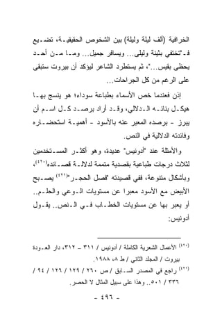 ‫ﺍﻟﺨﺭﺍﻓﻴﺔ )ﺃﻟﻑ ﻟﻴﻠﺔ ﻭﻟﻴﻠﺔ( ﺒﻴﻥ ﺍﻟﺸﺨﻭﺹ ﺍﻟﺤﻘﻴﻘﻴـﺔ، ﺘﻀـﻴﻊ‬
‫ﻓـ"ﺘﺨﺘﻔﻲ ﺒﺜﻴﻨﺔ ﻭﻟﻴﻠﻰ... ﻭﻴﺴﺎﻓﺭ ﺠﻤﻴل... ﻭﻤـﺎ ﻤـﻥ ﺃﺤـﺩ‬
‫ﻴﺤﻅﻰ ﺒﻘﻴﺱ..."، ﺜﻡ ﻴﺴﺘﻁﺭﺩ ﺍﻟﺸﺎﻋﺭ ﻟﻴﺅﻜﺩ ﺃﻥ ﺒﻴﺭﻭﺕ ﺴﺘﺒﻘﻰ‬
                              ‫ﻋﻠﻰ ﺍﻟﺭﻏﻡ ﻤﻥ ﻜل ﺍﻟﺠﺭﺍﺤﺎﺕ...‬
‫ﺇﺫﻥ ﻓﻌﻨﺩﻤﺎ ﺨﺹ ﺍﻷﺴﻤﺎﺀ ﺒﻁﺒﺎﻋﺔ ﺴﻭﺩﺍﺀ؛ ﻫﻭ ﻴﻨﺴﺞ ﺒﻬـﺎ‬
‫ﻫﻴﻜـل ﺒﻨﺎﺌـﻪ ﺍﻟـﺩﻻﻟﻲ، ﻭﻗـﺩ ﺃﺭﺍﺩ ﺒﺭﺼـﺩ ﻜـل ﺍﺴـﻡ ﺃﻥ‬
    ‫ـ‬    ‫ـ‬              ‫ـ‬             ‫ـ‬
‫ﻴﺒﺭﺯ - ﺒﺭﺼﺩﻩ ﺍﻟﻤﻌﺒﺭ ﻋﻨﻪ ﺒﺎﻷﺴﻭﺩ - ﺃﻫﻤﻴـﺔ ﺍﺴﺘﺤﻀـﺎﺭﻩ‬
                                     ‫ﻭﻓﺎﺌﺩﺘﻪ ﺍﻟﺩﻻﻟﻴﺔ ﻓﻲ ﺍﻟﻨﺹ.‬
‫ﻭﺍﻷﻤﺜﻠﺔ ﻋﻨﺩ "ﺃﺩﻭﻨﻴﺱ" ﻋﺩﻴﺩﺓ، ﻭﻫﻭ ﺃﻜﺜـﺭ ﺍﻟﻤﺴـﺘﺨﺩﻤﻴﻥ‬
‫ﻟﺜﻼﺙ ﺩﺭﺠﺎﺕ ﻁﺒﺎﻋﻴﺔ ﺒﻘﺼﺩﻴﺔ ﻤﺘﻤﻤﺔ ﻟﺩﻻﻟـﺔ ﻗﺼـﺎﺌﺩﻩ)٠٢٤(،‬
‫ﻴﺼـﺒﺢ‬    ‫)١٢٤(‬
                 ‫ﻭﺒﺄﺸﻜﺎل ﻤﺘﻨﻭﻋﺔ، ﻓﻔﻲ ﻗﺼﻴﺩﺘﻪ "ﻓﺼل ﺍﻟﺤﺠـﺭ"‬
‫ﺍﻷﺒﻴﺽ ﻤﻊ ﺍﻷﺴﻭﺩ ﻤﻌﺒ ‪‬ﺍ ﻋﻥ ﻤﺴﺘﻭﻴﺎﺕ ﺍﻟـﻭﻋﻲ ﻭﺍﻟﺤﻠـﻡ..‬
                             ‫ﺭ‬
‫ﺃﻭ ﻴﻌﺒﺭ ﺒﻬﺎ ﻋﻥ ﻤﺴﺘﻭﻴﺎﺕ ﺍﻟﺨﻁـﺎﺏ ﻓـﻲ ﺍﻟـﻨﺹ.. ﻴﻘـﻭل‬
                                                      ‫ﺃﺩﻭﻨﻴﺱ:‬


                                                           ‫)٠٢٤(‬
‫ﺍﻷﻋﻤﺎل ﺍﻟﺸﻌﺭﻴﺔ ﺍﻟﻜﺎﻤﻠﺔ / ﺃﺩﻭﻨﻴﺱ / ١١٣ – ٢١٣، ﺩﺍﺭ ﺍﻟﻌـﻭﺩﺓ‬
                         ‫ﺒﻴﺭﻭﺕ / ﺍﻟﻤﺠﻠﺩ ﺍﻟﺜﺎﻨﻲ / ﻁ ٨، ٨٨٩١.‬
                                                           ‫)١٢٤(‬
‫ﺭﺍﺠﻊ ﻓﻲ ﺍﻟﻤﺼﺩﺭ ﺍﻟﺴـﺎﺒﻕ / ﺹ ٠٦٢ / ٩٢١ / ٦٢١ / ٤٩ /‬
                 ‫٦٣٣ / ١٠٥.. ﻭﻫﺫﺍ ﻋﻠﻰ ﺴﺒﻴل ﺍﻟﻤﺜﺎل ﻻ ﺍﻟﺤﺼﺭ.‬

                          ‫- ٦٩٤ -‬
 