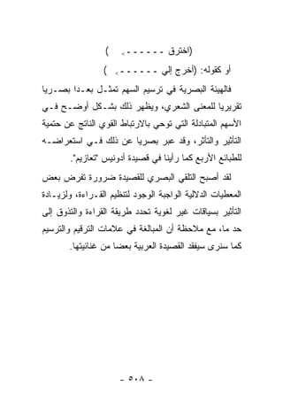 ‫(‬    ‫ــــــ<‬      ‫)ﺍﺨﺘﺭﻕ‬
                 ‫(‬    ‫ــــــ<‬     ‫ﺃﻭ ﻜﻘﻭﻟﻪ: )ﺃﺨﺭﺝ ﺇﻟﻲ‬
‫ﻓﺎﻟﻬﻴﺌﺔ ﺍﻟﺒﺼﺭﻴﺔ ﻓﻲ ﺘﺭﺴﻴﻡ ﺍﻟﺴﻬﻡ ﺘﻤﺜـل ﺒﻌـ ‪‬ﺍ ﺒﺼـﺭﻴﺎ‬
 ‫‪‬‬      ‫ﺩ‬
‫ﺘﻘﺭﻴﺭﻴﺎ ﻟﻠﻤﻌﻨﻰ ﺍﻟﺸﻌﺭﻱ، ﻭﻴﻅﻬﺭ ﺫﻟﻙ ﺒﺸـﻜل ﺃﻭﻀـﺢ ﻓـﻲ‬
                                          ‫‪‬‬
‫ﺍﻷﺴﻬﻡ ﺍﻟﻤﺘﺒﺎﺩﻟﺔ ﺍﻟﺘﻲ ﺘﻭﺤﻲ ﺒﺎﻻﺭﺘﺒﺎﻁ ﺍﻟﻘﻭﻱ ﺍﻟﻨﺎﺘﺞ ﻋﻥ ﺤﺘﻤﻴﺔ‬
‫ﺍﻟﺘﺄﺜﻴﺭ ﻭﺍﻟﺘﺄﺜﺭ، ﻭﻗﺩ ﻋ ‪‬ﺭ ﺒﺼﺭﻴﺎ ﻋﻥ ﺫﻟﻙ ﻓـﻲ ﺍﺴﺘﻌﺭﺍﻀـﻪ‬
                      ‫‪‬‬     ‫ﺒ‬
        ‫ﻟﻠﻁﺒﺎﺌﻊ ﺍﻷﺭﺒﻊ ﻜﻤﺎ ﺭﺃﻴﻨﺎ ﻓﻲ ﻗﺼﻴﺩﺓ ﺃﺩﻭﻨﻴﺱ "ﺘﻌﺎﺯﻴﻡ".‬
‫ﻟﻘﺩ ﺃﺼﺒﺢ ﺍﻟﺘﻠﻘﻲ ﺍﻟﺒﺼﺭﻱ ﻟﻠﻘﺼﻴﺩﺓ ﻀﺭﻭﺭﺓ ﺘﻔﺭﺽ ﺒﻌﺽ‬
‫ﺍﻟﻤﻌﻁﻴﺎﺕ ﺍﻟﺩﻻﻟﻴﺔ ﺍﻟﻭﺍﺠﺒﺔ ﺍﻟﻭﺠﻭﺩ ﻟﺘﻨﻅﻴﻡ ﺍﻟﻘـﺭﺍﺀﺓ، ﻭﻟﺯﻴـﺎﺩﺓ‬
‫ﺍﻟﺘﺄﺜﻴﺭ ﺒﺴﻴﺎﻗﺎﺕ ﻏﻴﺭ ﻟﻐﻭﻴﺔ ﺘﺤﺩﺩ ﻁﺭﻴﻘﺔ ﺍﻟﻘﺭﺍﺀﺓ ﻭﺍﻟﺘﺫﻭﻕ ﺇﻟﻰ‬
‫ﺤﺩ ﻤﺎ، ﻤﻊ ﻤﻼﺤﻅﺔ ﺃﻥ ﺍﻟﻤﺒﺎﻟﻐﺔ ﻓﻲ ﻋﻼﻤﺎﺕ ﺍﻟﺘﺭﻗﻴﻡ ﻭﺍﻟﺘﺭﺴﻴﻡ‬
       ‫ﻜﻤﺎ ﺴﻨﺭﻯ ﺴﻴﻔﻘﺩ ﺍﻟﻘﺼﻴﺩﺓ ﺍﻟﻌﺭﺒﻴﺔ ﺒﻌ ‪‬ﺎ ﻤﻥ ﻏﻨﺎﺌﻴﺘﻬﺎ.‬
                     ‫ﻀ‬




                      ‫- ٨٠٥ -‬
 