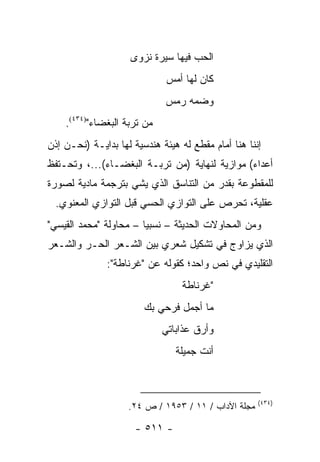 ‫ﺍﻟﺤﺏ ﻓﻴﻬﺎ ﺴﻴﺭﺓ ﻨﺯﻭﻯ‬
                              ‫ﻜﺎﻥ ﻟﻬﺎ ﺃﻤﺱ‬
                             ‫ﻭﻀﻤﻪ ﺭﻤﺱ‬
    ‫ﻤﻥ ﺘﺭﺒﺔ ﺍﻟﺒﻐﻀﺎﺀ")٤٣٤(.‬
‫ﺇﻨﻨﺎ ﻫﻨﺎ ﺃﻤﺎﻡ ﻤﻘﻁﻊ ﻟﻪ ﻫﻴﺌﺔ ﻫﻨﺩﺴﻴﺔ ﻟﻬﺎ ﺒﺩﺍﻴـﺔ )ﻨﺤـﻥ ﺇﺫﻥ‬
‫ﺃﻋﺩﺍﺀ( ﻤﻭﺍﺯﻴﺔ ﻟﻨﻬﺎﻴﺔ )ﻤﻥ ﺘﺭﺒـﺔ ﺍﻟﺒﻐﻀـﺎﺀ(...، ﻭﺘﺤـﺘﻔﻅ‬
‫ﻟﻠﻤﻘﻁﻭﻋﺔ ﺒﻘﺩﺭ ﻤﻥ ﺍﻟﺘﻨﺎﺴﻕ ﺍﻟﺫﻱ ﻴﺸﻲ ﺒﺘﺭﺠﻤﺔ ﻤﺎﺩﻴﺔ ﻟﺼﻭﺭﺓ‬
  ‫ﻋﻘﻠﻴﺔ، ﺘﺤﺭﺹ ﻋﻠﻰ ﺍﻟﺘﻭﺍﺯﻱ ﺍﻟﺤﺴﻲ ﻗﺒل ﺍﻟﺘﻭﺍﺯﻱ ﺍﻟﻤﻌﻨﻭﻱ.‬
‫ﻭﻤﻥ ﺍﻟﻤﺤﺎﻭﻻﺕ ﺍﻟﺤﺩﻴﺜﺔ – ﻨﺴﺒﻴﺎ – ﻤﺤﺎﻭﻟﺔ "ﻤﺤﻤﺩ ﺍﻟﻘﻴﺴﻲ"‬
                        ‫‪‬‬
‫ﺍﻟﺫﻱ ﻴﺯﺍﻭﺝ ﻓﻲ ﺘﺸﻜﻴل ﺸﻌﺭﻱ ﺒﻴﻥ ﺍﻟﺸـﻌﺭ ﺍﻟﺤـﺭ ﻭﺍﻟﺸـﻌﺭ‬
               ‫ﺍﻟﺘﻘﻠﻴﺩﻱ ﻓﻲ ﻨﺹ ﻭﺍﺤﺩ؛ ﻜﻘﻭﻟﻪ ﻋﻥ "ﻏﺭﻨﺎﻁﺔ":‬
                                  ‫"ﻏﺭﻨﺎﻁﺔ‬
                        ‫ﻤﺎ ﺃﺠﻤل ﻓﺭﺤﻲ ﺒﻙ‬
                             ‫ﻭﺃﺭﻕ ﻋﺫﺍﺒﺎﺘﻲ‬
                                ‫ﺃﻨﺕ ﺠﻤﻴﻠﺔ‬
                                ‫ﹾ‬



                                                     ‫)٤٣٤(‬
                    ‫ﻤﺠﻠﺔ ﺍﻵﺩﺍﺏ / ١١ / ٣٥٩١ / ﺹ ٤٢.‬

                      ‫- ١١٥ -‬
 