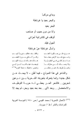 ‫ﻭﻴﺩﺍﻱ ﻤﺭﻜﺏ‬
                                          ‫ْ‬
                             ‫ﻭﺍﻟﺒﺤﺭ ﺒﻌﻴﺩ ﻴﺎ ﻏﺭﻨﺎﻁﺔ‬
                                             ‫ﺍﻟﺒﺤﺭ ﺒﻌﻴﺩ‬
                    ‫ﻭﺃﻨﺎ ﻤﻥ ﺩﻭﻥ ﺤﺒﻴﺏ ﺃﻭ ﺼﺎﺤﺏ‬
                        ‫ﺃﺘﻭﻗﻑ ﻓﻲ ﻜﺎﺘﺩﺭﺍﺌﻴﺔ ﺃﺤﺯﺍﻨﻲ‬
                                             ‫ﺃﺘﺠﻭل ﻓﻴﻙ‬
                       ‫ﻭﺃﺴﺄل ﻏﺭﻨﺎﻁﺔ ﻋﻥ ﻏﺭﻨﺎﻁﺔ‬
                              ‫ْ‬
‫ﻭﺍﻗﻁـ ـﻑ ﻋﻨﺎﻗﻴـ ـﺩﻱ ﻭﻻ ﺘ ‪‬ـ ـﺏ‬
‫ِ‬   ‫ﹶﻬ‬       ‫ـ‬         ‫ـ‬                    ‫‪‬ــﺭﺝ ﻋﻠــﻰ ﺠــﺎﻜﻭﺭﺓ ﺍﻟ ِﻨــﺏ‬
                                                ‫ﻌ‬                   ‫ﻋ ‪ ‬‬
‫ـﺏ‬
‫ـﺭﺃ ـﺫﻜﻲ ـﻭﺭﺓ ﺍﻟﻐﻀـ ِ‬
            ‫ﺴـ‬   ‫ﻭﺍﻗـ ﻟـ‬                    ‫ﻭﺍﺴــﻤﻊ ﻨﺸــﻴﺩ ﺍﻷﺭﺽ ﻤﺤﺘــﺩ ًﺎ‬
                                             ‫ﻤ‬                    ‫‪‬‬
‫ـﺩﺃﺕ ﻫﻨــﺎﻙ ﺸــﺭﺍﺭﺓ ﺍﻟﻠ ‪‬ــﺏ‬
   ‫ﹸ ﹶﻬ‬                     ‫ﻫـ‬              ‫ـل ﻭﻻ‬
                                                ‫ـﺎ ـﺎﻡ ـﻲ ـﻲ ﺍﻟﺨﻠﻴـ‬
                                                        ‫ﻤـ ﻨـ ﺃﻫﻠـ ﻓـ‬
‫ـﺎﻙ ـﺎ ـﻥ ـﻲ‬
 ‫ﺘﻭﺠﻌ ـﺕ ﻋﻴﻨـ ﻴـ ﺍﺒـ ﺃﺒـ‬
                 ‫‪ ‬ـ ﹾ‬                     ‫ـﺎ‬‫ـﻰ ﻤﻨﺎﺯﻟﻨــ‬‫ﻭﺇﺫﺍ ﻭﺼ ـﻠﹾﺕ ﺇﻟــ‬
                                                                  ‫‪ ‬ــ‬
‫)٥٣٤(‬
        ‫ﻭﺍﺤﺒﺱ – ﻓﺩﻴ ﹸﻙ – ﺩﻤﻌﺔ ﺍﻟﻌﺭﺏ"‬
                       ‫ﺘ‬                    ‫ـﺭ‬‫ـﻙ ـﺭ ﻤﻨﻜﺴـ‬
                                                      ‫ﻭﺍﺼ ـل ﻁﺭﻴﻘـ ﻏﻴـ‬
                                                                ‫‪ ‬ﹾ ِـ ْ‬

‫ﻭﺍﻟﺸﺎﻋﺭ ﻓﻲ ﻫﺫﺍ ﺍﻟﻨﻤﻭﺫﺝ – ﻓﻴﻤﺎ ﺃﻅﻥ – ﻻ ﻴﺒﺤـﺙ ﻋـﻥ‬
‫ﺸﻜل ﺠﺩﻴﺩ؛ ﻭﺇﻨﻤﺎ ﻴﺘﺤﺭﻙ ﺒﺘﺠﺭﺒﺘﻪ ﺍﻟﺸـﻌﺭﻴﺔ ﺒـﻴﻥ ﻨـﻭﻋﻴﻥ‬
‫ﺸﻌﺭﻴﻴﻥ... ﻓﺎﻟﺸﻌﺭ ﺍﻟﺤـﺭ ﻴﻌﻁـﻲ ﻟـﻪ ﺤﺭﻴـﺔ ﺍﻟﺘﻭﻅﻴـﻑ‬
‫ﻭﺍﻻﺴﺘﺤﻀﺎﺭ... ﻭﺒﻌﺩ ﻷﻱ... ﺒﻌﺩ ‪‬ﻌﺩ ﺒﻌﻴﺩ ﻭﺒﺤﺭ، ﻟﻡ ﻴﺠﺩ ﺇﻻ‬
                       ‫ﺒ‬


                                                                     ‫)٥٣٤(‬
‫ﺍﻷﻋﻤﺎل ﺍﻟﺸﻌﺭﻴﺔ / ﻤﺤﻤﺩ ﺍﻟﻘﻴﺴﻲ / ﺹ ٠٤٥ / ﺍﻟﻤﺅﺴﺴﺔ ﺍﻟﻌﺭﺒﻴﺔ‬
                                       ‫ﻟﻠﺩﺭﺍﺴﺎﺕ ﻭﺍﻟﻨﺸﺭ / ﻁ ١، ﺒﻴﺭﻭﺕ.‬

                               ‫- ٢١٥ -‬
 