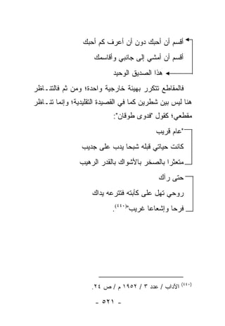 ‫ﺃﻗﺴﻡ ﺃﻥ ﺃﺤﺒﻙ ﺩﻭﻥ ﺃﻥ ﺃﻋﺭﻑ ﻜﻡ ﺃﺤﺒﻙ‬
                     ‫ﺃﻗﺴﻡ ﺃﻥ ﺃﻤﺸﻲ ﺇﻟﻰ ﺠﺎﻨﺒﻲ ﻭﺃﻗﺎﺴﻤﻙ‬
                            ‫ﻫﺫﺍ ﺍﻟﺼﺩﻴﻕ ﺍﻟﻭﺤﻴﺩ‬
‫ﻓﺎﻟﻤﻘﺎﻁﻊ ﺘﺘﻜﺭﺭ ﺒﻬﻴﺌﺔ ﺨﺎﺭﺠﻴﺔ ﻭﺍﺤﺩﺓ؛ ﻭﻤﻥ ﺜﻡ ﻓﺎﻟﺘﻨـﺎﻅﺭ‬
‫ﻫﻨﺎ ﻟﻴﺱ ﺒﻴﻥ ﺸﻁﺭﻴﻥ ﻜﻤﺎ ﻓﻲ ﺍﻟﻘﺼﻴﺩﺓ ﺍﻟﺘﻘﻠﻴﺩﻴﺔ؛ ﻭﺇﻨﻤﺎ ﺘﻨـﺎﻅﺭ‬
                            ‫ﻤﻘﻁﻌﻲ؛ ﻜﻘﻭل "ﻓﺩﻭﻯ ﻁﻭﻗﺎﻥ":‬
                                           ‫"ﻋﺎﻡ ﻗﺭﻴﺏ‬
                 ‫ﻜﺎﻨﺕ ﺤﻴﺎﺘﻲ ﻗﺒﻠﻪ ﺸﺒ ‪‬ﺎ ﻴﺩﺏ ﻋﻠﻰ ﺠﺩﻴﺏ‬
                               ‫ﺤ‬
                ‫ﻤﺘﻌﺜ ‪‬ﺍ ﺒﺎﻟﺼﺨﺭ ﺒﺎﻷﺸﻭﺍﻙ ﺒﺎﻟﻘﺩﺭ ﺍﻟﺭﻫﻴﺏ‬
                                              ‫ﺭ‬
                                            ‫ﺤﺘﻰ ﺭﺁﻙ‬
                    ‫ﺭﻭﺤﻲ ﺘﻬل ﻋﻠﻰ ﻜﺂﺒﺘﻪ ﻓﺘﺘﺭﻋﻪ ﻴﺩﺍﻙ‬
                           ‫ﻓﺭ ‪‬ﺎ ﻭﺇﺸﻌﺎ ‪‬ﺎ ﻏﺭﻴﺏ")٠٤٤(.‬
                                        ‫ﻋ‬        ‫ﺤ‬




                                                     ‫)٠٤٤(‬
                    ‫ﺍﻵﺩﺍﺏ / ﻋﺩﺩ ٣ / ٢٥٩١ ﻡ / ﺹ ٤٢.‬

                     ‫- ١٢٥ -‬
 