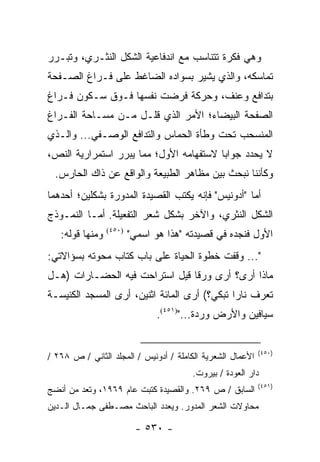 ‫ﻭﻫﻲ ﻓﻜﺭﺓ ﺘﺘﻨﺎﺴﺏ ﻤﻊ ﺍﻨﺩﻓﺎﻋﻴﺔ ﺍﻟﺸﻜل ﺍﻟﻨﺜـﺭﻱ، ﻭﺘﺒـﺭﺭ‬
‫ﺘﻤﺎﺴﻜﻪ، ﻭﺍﻟﺫﻱ ﻴﺸﻴﺭ ﺒﺴﻭﺍﺩﻩ ﺍﻟﻀﺎﻏﻁ ﻋﻠﻰ ﻓـﺭﺍﻍ ﺍﻟﺼـﻔﺤﺔ‬
‫ﺒﺘﺩﺍﻓﻊ ﻭﻋﻨﻑ، ﻭﺤﺭﻜﺔ ﻓﺭﻀﺕ ﻨﻔﺴﻬﺎ ﻓـﻭﻕ ﺴـﻜﻭﻥ ﻓـﺭﺍﻍ‬
‫ﺍﻟﺼﻔﺤﺔ ﺍﻟﺒﻴﻀﺎﺀ؛ ﺍﻷﻤﺭ ﺍﻟﺫﻱ ﻗﹼـل ﻤـﻥ ﻤﺴـﺎﺤﺔ ﺍﻟﻔـﺭﺍﻍ‬
                     ‫ﻠ‬
‫ﺍﻟﻤﻨﺴﺤﺏ ﺘﺤﺕ ﻭﻁﺄﺓ ﺍﻟﺤﻤﺎﺱ ﻭﺍﻟﺘﺩﺍﻓﻊ ﺍﻟﻭﺼـﻔﻲ... ﻭﺍﻟـﺫﻱ‬
‫ﻻ ﻴﺤﺩﺩ ﺠﻭﺍ ‪‬ﺎ ﻻﺴﺘﻔﻬﺎﻤﻪ ﺍﻷﻭل؛ ﻤﻤﺎ ﻴﺒﺭﺭ ﺍﺴﺘﻤﺭﺍﺭﻴﺔ ﺍﻟﻨﺹ،‬
                                         ‫ﺒ‬
  ‫ﻭﻜﺄﻨﻨﺎ ﻨﺒﺤﺙ ﺒﻴﻥ ﻤﻅﺎﻫﺭ ﺍﻟﻁﺒﻴﻌﺔ ﻭﺍﻟﻭﺍﻗﻊ ﻋﻥ ﺫﺍﻙ ﺍﻟﺤﺎﺭﺱ.‬
‫ﺃﻤﺎ "ﺃﺩﻭﻨﻴﺱ" ﻓﺈﻨﻪ ﻴﻜﺘﺏ ﺍﻟﻘﺼﻴﺩﺓ ﺍﻟﻤﺩﻭﺭﺓ ﺒﺸﻜﻠﻴﻥ؛ ﺃﺤﺩﻫﻤﺎ‬
‫ﺍﻟﺸﻜل ﺍﻟﻨﺜﺭﻱ، ﻭﺍﻵﺨﺭ ﺒﺸﻜل ﺸﻌﺭ ﺍﻟﺘﻔﻌﻴﻠﺔ. ﺃﻤـﺎ ﺍﻟﻨﻤـﻭﺫﺝ‬
   ‫ﻭﻤﻨﻬﺎ ﻗﻭﻟﻪ:‬   ‫)٠٥٤(‬
                         ‫ﺍﻷﻭل ﻓﻨﺠﺩﻩ ﻓﻲ ﻗﺼﻴﺩﺘﻪ "ﻫﺫﺍ ﻫﻭ ﺍﺴﻤﻲ"‬
‫"... ﻭﻗﻔﺕ ﺨﻁﻭﺓ ﺍﻟﺤﻴﺎﺓ ﻋﻠﻰ ﺒﺎﺏ ﻜﺘﺎﺏ ﻤﺤﻭﺘﻪ ﺒﺴﺅﺍﻻﺘﻲ:‬
‫ﻤﺎﺫﺍ ﺃﺭﻯ؟ ﺃﺭﻯ ﻭﺭ ﹰﺎ ﻗﻴل ﺍﺴﺘﺭﺍﺤﺕ ﻓﻴﻪ ﺍﻟﺤﻀـﺎﺭﺍﺕ )ﻫـل‬
                                ‫ﻗ‬
‫ﺘﻌﺭﻑ ﻨﺎ ‪‬ﺍ ﺘﺒﻜﻲ؟( ﺃﺭﻯ ﺍﻟﻤﺎﺌﺔ ﺍﺜﻨﻴﻥ، ﺃﺭﻯ ﺍﻟﻤﺴﺠﺩ ﺍﻟﻜﻨﻴﺴـﺔ‬
                                              ‫ﺭ‬
                               ‫ﺴ ‪‬ﺎﻓﻴﻥ ﻭﺍﻷﺭﺽ ﻭﺭﺩﺓ...")١٥٤(.‬
                                                        ‫ﻴ‬


                                                            ‫)٠٥٤(‬
‫ﺍﻷﻋﻤﺎل ﺍﻟﺸﻌﺭﻴﺔ ﺍﻟﻜﺎﻤﻠﺔ / ﺃﺩﻭﻨﻴﺱ / ﺍﻟﻤﺠﻠﺩ ﺍﻟﺜﺎﻨﻲ / ﺹ ٨٦٢ /‬
                                        ‫ﺩﺍﺭ ﺍﻟﻌﻭﺩﺓ / ﺒﻴﺭﻭﺕ.‬
                                                            ‫)١٥٤(‬
‫ﺍﻟﺴﺎﺒﻕ / ﺹ ٩٦٢. ﻭﺍﻟﻘﺼﻴﺩﺓ ﻜﺘﺒﺕ ﻋﺎﻡ ٩٦٩١، ﻭﺘﻌﺩ ﻤﻥ ﺃﻨﻀﺞ‬
‫ﻤﺤﺎﻭﻻﺕ ﺍﻟﺸﻌﺭ ﺍﻟﻤﺩﻭﺭ. ﻭﻴﻌﺩﺩ ﺍﻟﺒﺎﺤﺙ ﻤﺼـﻁﻔﻰ ﺠﻤـﺎل ﺍﻟـﺩﻴﻥ‬

                          ‫- ٠٣٥ -‬
 