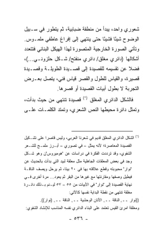 ‫ﺸﻌﻭﺭﻱ ﻭﺍﺤﺩ، ﻴﺒﺩﺃ ﻤﻥ ﻤﻨﻁﻘﺔ ﻀﺒﺎﺒﻴﺔ، ﺜﻡ ﻴﺘﻁﻭﺭ ﻓﻲ ﺴـﺒﻴل‬
‫ﺍﻟﻭﻀﻭﺡ ﺸﻴ ًﺎ ﻓﺸﻴ ًﺎ ﺤﺘﻰ ﻴﻨﺘﻬﻲ ﺇﻟﻰ ﺇﻓﺭﺍﻍ ﻋﺎﻁﻔﻲ ﻤﻠﻤـﻭﺱ.‬
                                   ‫ﺌ‬      ‫ﺌ‬
‫ﻭﺘﺄﺘﻲ ﺍﻟﺼﻭﺭﺓ ﺍﻟﺨﺎﺭﺠﻴﺔ ﺍﻟﻤﺘﺼﻭﺭﺓ ﻟﻬﺫﺍ ﺍﻟﻬﻴﻜل ﺍﻟﺒﻨﺎﺌﻲ ﻓﺘﺘﻌﺩﺩ‬
‫ﺃﺸﻜﺎﻟﻬﺎ )ﺩﺍﺌﺭﻱ ﻤﻐﻠﻕ/ ﺩﺍﺌﺭﻱ ﻤﻨﻔﺘﺢ/ ﺸـﻜل ﺤﻠﺯﻭﻨـﻲ...(،‬
‫ﻓﻀﻼ ﻋﻥ ﺘﻘﺴﻴﻤﻪ ﻟﻠﻘﺼﻴﺩﺓ ﺇﻟﻰ ﻗﺼـﻴﺩﺓ ﺍﻟﻁﻭﻴﻠـﺔ ﻭﻗﺼـﻴﺩﺓ‬
                                              ‫ﹰ‬
‫ﻗﺼﻴﺭﺓ، ﻭﺍﻟﻘﻴﺎﺱ ﻟﻠﻁﻭل ﻭﺍﻟﻘﺼﺭ ﻗﻴﺎﺱ ﻓﻨﻲ، ﻴﺘﺼل ﺒﻌـﺭﺽ‬
                   ‫ﺍﻟﺘﺠﺭﺒﺔ ﻻ ﺒﻁﻭل ﺃﺒﻴﺎﺕ ﺍﻟﻘﺼﻴﺩﺓ ﺃﻭ ﻗﺼﺭﻫﺎ.‬
                                   ‫)*(‬
‫ﻗﺼﻴﺩﺓ ﺘﻨﺘﻬﻲ ﻤﻥ ﺤﻴﺙ ﺒﺩﺃﺕ،‬                 ‫ﻓﺎﻟﺸﻜل ﺍﻟﺩﺍﺌﺭﻱ ﺍﻟﻤﻐﻠﻕ‬
‫ﻭﺘﻤﺜل ﺩﺍﺌﺭﺓ ﻤﺤﻴﻁﻬﺎ ﺍﻟﻨﺹ ﺍﻟﺸﻌﺭﻱ، ﻭﺘﻤﺘﺩ ﺍﻟﻜﻠﻤـﺎﺕ ﻋﻠـﻰ‬



                                                                     ‫)*(‬
‫ﺍﻟﺸﻜل ﺍﻟﺩﺍﺌﺭﻱ ﺍﻟﻤﻐﻠﻕ ﻗﺩﻴﻡ ﻓﻲ ﺸﻌﺭﻨﺎ ﺍﻟﻌﺭﺒﻲ، ﻭﻟﻴﺱ ﻗﺎﺼ ‪‬ﺍ ﻋﻠﻰ ﺘﺸـﻜﻴل‬
            ‫ﺭ‬
‫ﺍﻟﻘﺼﻴﺩﺓ ﺍﻟﻤﻌﺎﺼﺭﺓ؛ ﻷﻨﻪ ﻴﻤﺜل – ﻓﻲ ﺘﺼﻭﺭﻱ – ﺃﺒـﺭﺯ ﻤﻠﻤـﺢ ﻟﻠﺸـﻌﺭ‬
‫ﺍﻟﺸﻔﻭﻱ، ﻭﻗﺩ ﺘﺭﺩﺩﺕ ﺍﻟﻔﻜﺭﺓ ﻓﻲ ﺩﺭﺍﺴﺎﺕ ﻋﻥ "ﻫﻭﻤﻴﺭﻭﺱ"ﻥ ﻭﻫﻭ ﺸـﻜل‬
‫ﻭﺠﺩ ﻓﻲ ﺒﻌﺽ ﺍﻟﻤﻌﻠﻘﺎﺕ ﺍﻟﺠﺎﻫﻠﻴﺔ ﻤﺜل ﻤﻌﻠﻘﺔ ﻟﺒﻴﺩ ﺍﻟﺘﻲ ﺒﺩﺃﺕ ﺒﺎﻟﺤﺩﻴﺙ ﻋﻥ‬
‫"ﻨﻭﺍﺭ" ﻤﺤﺒﻭﺒﺘﻪ ﻭﻗﻁﻊ ﻋﻼﻗﺘﻪ ﺒﻬﺎ ﻓﻲ ٠٢ ﺒﻴ ﹰﺎ، ﺜﻡ ﻴﺭﺤل ﻭﻴﺼﻑ ﺍﻟﻨﺎﻗـﺔ‬
                       ‫ﺘ‬
‫ﻓﻴﻁﻴل ﻭﺼﻔﻬﺎ ﻭﻤﻘﺎﺭﻨﺘﻬﺎ ﻤﻊ ﻏﻴﺭﻫﺎ ﻤﻥ ﺍﻟﺒﻘﺭ ﺜﻡ ﻴﻌﻭﺩ... ﻤﺭﺓ ﺃﺨﺭﻯ ﻓـﻲ‬
‫ﻨﻬﺎﻴﺔ ﺍﻟﻘﺼﻴﺩﺓ ﺇﻟﻰ "ﻨﻭﺍﺭ" ﻓﻲ ﺍﻷﺒﻴﺎﺕ ﻤﻥ ٥٥ – ٧٥ ﻟﻴـﻨﻡ ﺒـﺫﻟﻙ ﺩﺍﺌـﺭﺓ‬
                          ‫ﻤﻐﻠﻘﺔ ﺘﻨﺘﻬﻲ ﻤﻥ ﻨﻘﻁﺔ ﺍﻟﺒﺩﺍﻴﺔ ﻨﻔﺴﻬﺎ ﻜﺎﻵﺘﻲ:‬
         ‫))ﻨﻭﺍﺭ ــ< ﺍﻟﻨﺎﻗﺔ ــ< ﺍﻷﺘﺎﻥ ﺍﻟﻭﺤﺸﻴﺔ ــ< ﺍﻟﻨﺎﻗﺔ ــ< )ﻨﻭﺍﺭ((.‬
‫ﻭﻤﻌﻠﻘﺔ ﺍﻤﺭﺉ ﺍﻟﻘﻴﺱ ﺘﻌﺘﻤﺩ ﻋﻠﻰ ﺍﻟﺒﻨﺎﺀ ﺍﻟﺩﺍﺌﺭﻱ ﻨﻔﺴﻪ ﺍﻟﻤﻨﺎﺴﺏ ﻟﻺﻨﺸﺎﺩ ﺍﻟﺸﻔﻭﻱ:‬

                          ‫- ٦٣٥ -‬
 