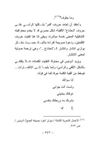 ‫ﻭﻤﺎ ﻴﻁﻭﻑ")٢٦٤(.‬
‫ﻭﺃﻋﺘﻘﺩ ﺃﻥ ﺘﻌﺎﻤﺩ ﺤﺭﻭﻑ "ﻗﻤﺭ" ﺒﺸـﻜﻠﻬﺎ ﺍﻟﺭﺃﺴـﻲ ﻋﻠـﻰ‬
‫ﺤﺭﻭﻑ "ﺸﻌﺸﺎﻉ" ﺍﻷﻓﻘﻴﺔ؛ ﺸﻜل ﺒﺼﺭﻱ ﻗﺩ ﻻ ﻴﺨﺩﻡ ﺒﺠﻐﺭﺍﻓﻴﺘﻪ‬
‫ﺍﻟﺘﺸﻜﻴﻠﻴﺔ ﺍﻟﻤﻌﻨﻰ ﺨﺩﻤﺔ ﻤﺒﺎﺸﺭﺓ، ﻭﻴﺒﻘﻰ ﻟﻨﺎ ﻫﻨﺎ ﺘﻔﺘﻴﺕ ﺤﺭﻭﻑ‬
‫ﺍﻟﻜﻠﻤﺘﻴﻥ، ﻭﺩﻋﻭﺓ ﺼﺭﻴﺤﺔ ﻟﻘﺭﺍﺀﺓ ﻤﺘﺄﻨﻴـﺔ، ﺒﺼـﻭﺕ ﻤﺘﻨـﺎﺜﺭ‬
‫ﻴﻭﺍﺯﻱ ﺍﻨﺘﺸﺎﺭ ﻭﺍﻨﺘﺸﺎﺭ ﺍﻟـ"ﺸﻌﺸﺎﻉ..."، ﻭﻫﻲ ﺘﺭﺠﻤﺔ ﺼﻭﺘﻴﺔ‬
                                               ‫ﻟﻤﻌﻨﻰ ﺍﻻﻨﺘﺸﺎﺭ.‬
‫ﻭﻴﺯﻴﺩ ﺃﺩﻭﻨﻴﺱ ﻓﻲ ﻤﺤﺎﻭﻟﺔ ﺍﻟﺘﻔﺘﻴﺕ ﻟﻜﻠﻤﺎﺘﻪ، ﻓـﻼ ﻴﻜﺘﻔـﻲ‬
‫ﺒﺎﻟﺸﻜل ﺍﻷﻓﻘﻲ ﻭﺍﻟﺭﺃﺴﻲ؛ ﻭﺇﻨﻤﺎ ﻴﻠﺠـﺄ ﺇﻟـﻰ ﺍﻻﻨﻜﺴـﺎﺭﺍﺕ...‬
                    ‫ﻓﻴﺴﻘﻁ ﻤﻥ ﺃﻓﻘﻴﺔ ﺍﻟﻜﻠﻤﺔ ﺤﺭ ﹰﺎ ﻜﻤﺎ ﻓﻲ ﻗﻭﻟﻪ:‬
                                  ‫ﻓ‬
                                           ‫ﺃﻨﺎ ﺴﺅﺍﻟﻙ‬
                                  ‫ﻭﻟﺴﺕ ﺃﻨﺕ ﺠﻭﺍﺒﻲ‬
                                      ‫ﻋ ‪‬ﻓﺘﻙ ﺒﺤﻨﻴﻨﻲ‬
                                                ‫ﺭ‬
                          ‫ﺒ ﹼﺭﺘﻙ ﺒﻪ ﻭﺭﺒﻁﺘﻙ ﺒﻨﻔﺴﻲ‬
                                             ‫ﺸ‬
                                          ‫ﻱ‬         ‫ﻉ‬


                                                              ‫)٢٦٤(‬
‫ﺍﻷﻋﻤﺎل ﺍﻟﺸﻌﺭﻴﺔ ﺍﻟﻜﺎﻤﻠﺔ / ﺩﻴﻭﺍﻥ "ﻤﻔﺭﺩ ﺒﺼﻴﻐﺔ ﺍﻟﺠﻤﻊ"/ ﺃﺩﻭﻨﻴﺱ /‬
                                                  ‫ﺹ ٩٨٥.‬

                        ‫- ٧٤٥ -‬
 