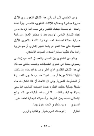 ‫ﻭﻤﻥ ﺍﻟﻁﺒﻴﻌﻲ ﺇﺫﻥ ﺃﻥ ﻴﺄﺘﻲ ﻫﺫﺍ ﺍﻟﺸﻜل ﺍﻟﺘﺤﺭﻴـﺭﻱ ﺍﻷﻭل‬
‫ﺼﻭﺭﺓ ﻤﺒﺎﺸﺭﺓ ﻭﻤﺤﺎﻜﻴﺔ ﻟﻺﻨﺸﺎﺩ ﺍﻟﺸﻔﻭﻱ، ﻓﺎﻟﺼﺩﺭ ﻴﻘﺭﺃ ﺩﻓﻌﺔ‬
‫ﻭﺍﺤﺩﺓ.. ﺜﻡ ﻤﺴﺎﺤﺔ ﺒﻴﻀﺎﺀ ﻟﻠﺘﻨﻔﺱ ﻭﻫﻲ ﻤﺴـﺎﺤﺔ ﺘﺯﻴـﺩ ﻤـﻥ‬
‫ﺇﺤﻴﺎﺀ ﺍﻟﺘﻨﺎﺴﻕ ﺍﻟﻨﻐﻤﻲ، ﻻ ﺴﻴﻤﺎ ﺒﻌﺩ ﺃﻥ ﻴﺤﺘﺠﺯ ﺍﻟﻌﺠﺯ ﻤﺴـﺎﺤﺔ‬
‫ﺼﻭﺘﻴﺔ ﻤﻤﺎﺜﻠﺔ ﻟﻤﺴﺎﺤﺔ ﺍﻟﺼـﺩﺭ؛ ﻭﻟـﺫﻟﻙ ﻓـﺎﻟﺘﺤﺭﻴﺭ ﺍﻷﻭل‬
‫ﻟﻠﻘﺼﻴﺩﺓ ﻋﻠﻰ ﻫﺫﺍ ﺍﻟﻨﺤﻭ ﻟﻡ ﻴﺘﺒﻌﻪ ﺘﻐﻴﻴﺭ ﺇﺸﺎﺭﻱ ﺃﻭ ﻤﻬـﺎﺭﻱ؛‬
         ‫ﻭﺇﻨﻤﺎ ﺠﺎﺀ ﺘﻁﺒﻴ ﹰﺎ ﻤﺒﺎﺸ ‪‬ﺍ ﻟﺼﺩﻯ ﺍﻟﺼﻭﺕ ﺍﻹﻨﺸﺎﺩﻱ.‬
                              ‫ﺭ‬       ‫ﻘ‬
‫ﻭﻨﺘﺞ ﻋﻥ ﺍﻟﺘﺴﺎﻭﻱ ﺒﻴﻥ ﺍﻟﺼﺩﺭ ﻭﺍﻟﻌﺠـﺯ ﺘﻨﺎﺴـﺏ ﺯﻤﻨـﻲ‬
‫ﻭﺼﻭﺘﻲ ﻤﻤﺜﻼ ﻓﻲ ﺘﺴﺎﻭﻱ ﺍﻟﺘﻔﻌﻴﻼﺕ، ﻭﺘﻨﺎﺴﺏ ﻤﻜﺎﻨﻲ ﻤﻤـﺜﻼ‬
‫ﹰ‬                                     ‫ﹰ‬
‫ﻓﻲ ﻫﺫﺍ ﺍﻟﺸﻜل ﺍﻟﺘﻘﻠﻴﺩﻱ ﺍﻟﺫﻱ ﺃﻋﻠﻰ ﻭﺤـﺩﺓ ﺍﻟﺒﻴـﺕ، ﻭﺸـﻜﻠﺕ‬
‫ﺍﻷﺒﻴﺎﺕ ﺸﻜﻼ ﻤﺭﺒ ‪‬ﺎ ﺃﻭ ﻤﺴـﺘﻁﻴﻼ ﺤﺴـﺏ ﻁـﻭل ﺍﻟﻘﺼـﻴﺩﺓ‬
                   ‫ﹰ‬           ‫ﹰ ﻌ‬
‫ﺃﻭ ﺍﻟﻤﻘﻁﻭﻋﺔ ﺍﻟﺸﻌﺭﻴﺔ. ﻭﻓﻲ ﻜل ﻨﻼﺤﻅ ﺃﻥ ﻫﺫﺍ ﺍﻟﺸﻜل ﻗﺩ ﺠﺎﺀ‬
‫ﺒﻔﻠﺴﻔﺔ ﺠﻤﺎﻟﻴﺔ ﺤﺎﻜﺕ ﺍﻟﻔﻁﺭﺓ ﻋﻨﺩﻤﺎ ﺍﻋﺘﻤﺩﺕ ﺍﻟﺘﻨﺎﺴﺏ ﺍﻟﺜﻨـﺎﺌﻲ‬
‫ﻭﺴﻴﻠﺔ ﺠﻤﺎﻟﻴﺔ، ﻭﺍﻟﺘﻨﺎﺴﺏ ﺍﻟﺜﻨﺎﺌﻲ ﻴﺴﺘﻤﺩ ﺃﻭﻟﻴﺎﺘﻪ ﻤﻥ ﺍﻟﻨﻤـﻭﺫﺝ‬
‫ﺍﻹﻨﺴﺎﻨﻲ ﻨﻔﺴﻪ، ﻭﻤﻥ ﺍﻟﻁﺒﻴﻌﺔ، ﻭﺃﺴﺎﺴﻴﺎﺘﻪ ﺍﻟﺠﻤﺎﻟﻴﺔ ﺘﻌﺘﻤﺩ ﻋﻠﻰ:‬
               ‫: ﺒﻴﻥ ﺸﻁﺭﻱ ﺍﻟﺒﻴﺕ ﻭﺘﻭﺍﺯﻴﻬﻤﺎ.‬      ‫ﺍﻟﺘﺴﺎﻭﻱ‬
      ‫: ﻟﻠﻭﺤﺩﺍﺕ ﺍﻟﻌﺭﻭﻀﻴﺔ.. ﻭﺍﻟﻘﺎﻓﻴﺔ ﻭﺍﻟﺭﻭﻱ.‬      ‫ﺍﻟﺘﻜﺭﺍﺭ‬



                      ‫- ٥٥ -‬
 