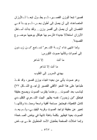 ‫ﻗﺼﻴ ‪‬ﺍ ﺘﺒ ‪‬ﺎ ﻟﻠﻭﺯﻥ ﺍﻟﻘﺼـﻴﺭ، ﺜـﻡ ﻴﻁـﻭل ﺘﺒ ‪‬ـﺎ ﻟـﻸﻭﺯﺍﻥ‬
          ‫ﻌ‬                              ‫ﺭ ﻌ‬
‫ﺍﻟﻤﺘﺼﺎﻋﺩﺓ، ﺇﻟﻰ ﺃﻥ ﻴﺼل ﺇﻟﻰ ﺃﻁﻭل ﺒﺤـﺭ، ﺜـﻡ ﻴﺒـﺩﺃ ﻓـﻲ‬
‫ﺍﻟﻨﻘﺼﺎﻥ ﺇﻟﻰ ﺃﻥ ﻴﺼل ﺇﻟﻰ ﺃﻗﺼﺭ ﻭﺯﻥ... ﻭﻟﻘﺩ ﺒﺩﺃﺕ ﺃﺴـﺘﻐل‬
‫ﺍﻷﻭﺯﺍﻥ ﺍﺴﺘﻐﻼﻻ ﺠﺩﻴ ‪‬ﺍ؛ ﻓﺄﺭﺴﻡ ﺒﻬﺎ ﻫﻴﺎﻜل ﻴﻭﺤﻴﻬﺎ ﻤﻭﻀـﻭﻉ‬
                                ‫ﹰ ﺩ‬
                                              ‫ﺍﻟﻘﺼﻴﺩﺓ".‬
‫ﻭﻟﻤﺎ ﺍﻨﺘﻬﻰ ﻨﺩﺍﺀ "ﺭﺒـﺔ ﺍﻟﺸـﻌﺭ" ﺘﺴـﺎﻤﻊ "ﺍﺒـﻥ ﺯﻴـﺩﻭﻥ‬
                     ‫ﺇﻟﻰ ﺃﺼﻭﺍﺕ ﻭﻜﺄﻨﻬﺎ ﺼﻭﺕ ﺍﻟﻜﻭﺭﺱ:‬
               ‫ﺇﻻ ﺸﺎﻋﺭ‬           ‫ﻤﺎ ﺃﻨﺕ‬
                   ‫ﻤﺎ ﺃﻨﺕ ﺇﻻ ﺸﺎﻋﺭ‬
               ‫ﻴﻬﺩﻱ ﺍﻟﺴﺭﻭﺭ ﺇﻟﻰ ﺍﻟﻘﻠﻭﺏ‬
‫ﻭﻫﻭ ﺼﻭﺕ ﻴﺄﺘﻲ ﻤﻥ ﺒﻌﻴﺩ؛ ﻓﺠﺎﺀ ﺒﻭﺯﻥ ﻗﺼﻴﺭ، ﻭﻗﺩ ﹸﻔـﺫ‬
   ‫ﻨ‬
‫ﻁﺒﺎﻋﻴﺎ ﻋﻠﻰ ﻫﺫﺍ ﺍﻟﻨﺤﻭ ﺍﻷﻓﻘﻲ ﺍﻟﻘﺼﻴﺭ )ﺭﺍﺠـﻊ ﺍﻟﺸـﻜل ٧٧(‬
                                              ‫‪‬‬
‫ﻟﻴﻨﺎﺴﺏ ﺒﻌﺩ ﺍﻟﺼﻭﺕ... ﻭﻋﻨﺩﻤﺎ ﻴﻘﺘﺭﺏ ﺍﻟﺼﻭﺕ ﻭﻴﺼﺒﺢ ﺤﻘﻴﻘﺔ‬
‫ﻓﻴﻨﻁﻕ "ﺍﺒﻥ ﺯﻴﺩﻭﻥ"، ﻨﻔﺴﻪ ﻴﻅﻬﺭ ﺍﻟﺒﻴﺕ ﺍﻟﺸـﻌﺭﻱ ﺍﻟﺘﻘﻠﻴـﺩﻱ‬
‫ﻜﺎﻤل ﺍﻟﺘﻔﻌﻴﻠﺔ، ﻓﻴﺤﺘﺠﺯ ﻤﺴﺎﺤﺔ ﺃﻓﻘﻴﺔ ﻭﺍﺴﻌﺔ ﻭﻤﻤﺘـﺩﺓ ﻭﻜﺄﻨﻬـﺎ‬
‫ﺘﻌﺒﻴﺭ ﻋﻥ ﺤﻘﻴﻘﺔ ﺘﻭﺍﺠﺩ ﺍﻟﺼﻭﺕ ﻭﻗﺭﺒﻪ ﺍﻟﻴﻘﻴﻨـﻲ، ﻭﻟـﻡ ﻴﻌـﺩ‬
‫ﺍﻟﺼﻭﺕ ﺒﻌﻴ ‪‬ﺍ ﻓﻴﻅﻬﺭ ﺒﻜﻠﻤﺔ ﺒﺎﻫﺘﺔ ﺘﺎﺌﻬﺔ ﻓﻲ ﺒﻴﺎﺽ ﺍﻟﺼـﻔﺤﺔ؛‬
                                          ‫ﺩ‬
‫ﻭﺇﻨﻤﺎ ﺍﻤﺘﻸﺕ ﺍﻟﺼﻔﺤﺔ ﺒﻁﻐﻴﺎﻥ ﺍﻷﺴﺩ ﺍﻟﻤﻨﻁﻭﻕ ﻋﻠـﻰ ﺒﻴـﺎﺽ‬

                     ‫- ٧٦٥ -‬
 