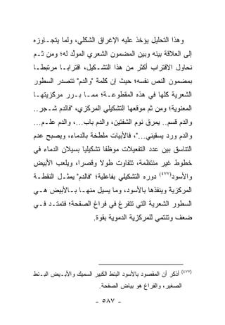 ‫ﻭﻫﺫﺍ ﺍﻟﺘﺤﻠﻴل ﻴﺅﺨﺫ ﻋﻠﻴﻪ ﺍﻹﻏﺭﺍﻕ ﺍﻟﺸﻜﻠﻲ، ﻭﻟﻤﺎ ﻴﺘﺠـﺎﻭﺯﻩ‬
‫ﺇﻟﻰ ﺍﻟﻌﻼﻗﺔ ﺒﻴﻨﻪ ﻭﺒﻴﻥ ﺍﻟﻤﻀﻤﻭﻥ ﺍﻟﺸﻌﺭﻱ ﺍﻟﻤﻭﻟﺩ ﻟﻪ؛ ﻭﻤﻥ ﺜـﻡ‬
             ‫ﱢ‬
‫ﻨﺤﺎﻭل ﺍﻻﻗﺘﺭﺍﺏ ﺃﻜﺜﺭ ﻤﻥ ﻫﺫﺍ ﺍﻟﺘﺸـﻜﻴل، ﺍﻗﺘﺭﺍ ‪‬ـﺎ ﻤﺭﺘﺒ ﹰـﺎ‬
  ‫ﻁ‬        ‫ﺒ‬
‫ﺒﻤﻀﻤﻭﻥ ﺍﻟﻨﺹ ﻨﻔﺴﻪ؛ ﺤﻴﺙ ﺇﻥ ﻜﻠﻤﺔ "ﻭﺍﻟﺩﻡ" ﺘﺘﺼﺩﺭ ﺍﻟﺴﻁﻭﺭ‬
‫ﺍﻟﺸﻌﺭﻴﺔ ﻜﻠﻬﺎ ﻓﻲ ﻫﺫﻩ ﺍﻟﻤﻘﻁﻭﻋـﺔ؛ ﻤﻤـﺎ ﺒـﺭﺭ ﻤﺭﻜﺯﻴﺘﻬـﺎ‬
‫ﺍﻟﻤﻌﻨﻭﻴﺔ؛ ﻭﻤﻥ ﺜﻡ ﻤﻭﻗﻌﻬﺎ ﺍﻟﺘﺸﻜﻴﻠﻲ ﺍﻟﻤﺭﻜﺯﻱ، "ﻓﺎﻟﺩﻡ ﺸـﺠﺭ..‬
  ‫‪‬‬
‫ﻭﺍﻟﺩﻡ ﻗﺴﻡ.. ﻴﻤﺭﻕ ﻨﻭﻡ ﺍﻟﺸﻔﺘﻴﻥ، ﻭﺍﻟﺩﻡ ﺒﺎﺏ...، ﻭﺍﻟﺩﻡ ﻋﹶـﻡ...‬
   ‫‪‬ﻠ ‪‬‬                                         ‫ﹶ ‪‬‬
‫ﻭﺍﻟﺩﻡ ﻭﺭﺩ ﻴﺴﻘﻴﻨﻲ..."، ﻓﺎﻷﺒﻴﺎﺕ ﻤﻠﻁﺨﺔ ﺒﺎﻟﺩﻤﺎﺀ، ﻭﻴﺼﺒﺢ ﻋﺩﻡ‬
‫ﺍﻟﺘﻨﺎﺴﻕ ﺒﻴﻥ ﻋﺩﺩ ﺍﻟﺘﻔﻌﻴﻼﺕ ﻤﻭﻅ ﹰﺎ ﺘﺸﻜﻴﻠﻴﺎ ﺒﺴﻴﻼﻥ ﺍﻟﺩﻤﺎﺀ ﻓﻲ‬
                 ‫‪‬‬       ‫ﻔ‬
‫ﺨﻁﻭﻁ ﻏﻴﺭ ﻤﻨﺘﻅﻤﺔ، ﺘﺘﻔﺎﻭﺕ ﻁﻭﻻ ﻭﻗﺼ ‪‬ﺍ، ﻭﻴﻠﻌﺏ ﺍﻷﺒﻴﺽ‬
              ‫ﺭ‬     ‫ﹰ‬
‫ﺩﻭﺭﻩ ﺍﻟﺘﺸﻜﻴﻠﻲ ﺒﻔﺎﻋﻠﻴﺔ؛ "ﻓﺎﻟﺩﻡ" ﻴﻤﺜـل ﺍﻟﻨﻘﻁـﺔ‬     ‫)٧٧٤(‬
                                                         ‫ﻭﺍﻷﺴﻭﺩ‬
‫ﺍﻟﻤﺭﻜﺯﻴﺔ ﻭﻴﻨﻔﺫﻫﺎ ﺒﺎﻷﺴﻭﺩ، ﻭﻤﺎ ﻴﺴﻴل ﻤﻨﻬـﺎ ﺒـﺎﻷﺒﻴﺽ ﻫـﻲ‬
‫ﺍﻟﺴﻁﻭﺭ ﺍﻟﺸﻌﺭﻴﺔ ﺍﻟﺘﻲ ﺘﺘﻔﺭﻍ ﻓﻲ ﻓﺭﺍﻍ ﺍﻟﺼﻔﺤﺔ؛ ﻓﺘﻤﺘـﺩ ﻓـﻲ‬
                       ‫ﻀﻌﻑ ﻭﺘﻨﺘﻤﻲ ﻟﻠﻤﺭﻜﺯﻴﺔ ﺍﻟﺩﻤﻭﻴﺔ ﺒﻘﻭﺓ.‬




                                                            ‫)٧٧٤(‬
‫ﺃﺫﻜﺭ ﺃﻥ ﺍﻟﻤﻘﺼﻭﺩ ﺒﺎﻷﺴﻭﺩ ﺍﻟﺒﻨﻁ ﺍﻟﻜﺒﻴﺭ ﺍﻟﺴﻤﻴﻙ ﻭﺍﻷﺒـﻴﺽ ﺍﻟﺒـﻨﻁ‬
                         ‫ﺍﻟﺼﻐﻴﺭ، ﻭﺍﻟﻔﺭﺍﻍ ﻫﻭ ﺒﻴﺎﺽ ﺍﻟﺼﻔﺤﺔ.‬

                        ‫- ٧٨٥ -‬
 