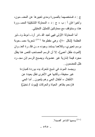 ‫ﺝ : ﺩ ﻓﺴﻨﺨﺼﻬﻤﺎ ﺒﺎﻟﺼﻭﺭﺓ ﻭﻤﺩﻯ ﺘﻌﺒﻴﺭﻫﺎ ﻋﻥ ﺍﻟﻤﻀـﻤﻭﻥ،‬
‫ﻭﺃﺨﻴ ‪‬ﺍ ﻓﺈﻥ ﺃ : ﺏ + ﺝ : ﺩ = ﺍﻟﻤﺤﺎﻭﻟﺔ ﺍﻟﺘﺸﻜﻴﻠﻴﺔ ﺍﻟﻤﺼـﻭﺭﺓ‬
                                                 ‫ﺭ‬
              ‫ﻫﻨﺎ، ﻭﺴﻨﺘﻭﻗﻑ ﻤﻊ ﻤﺤﺎﻭﻟﺘﻴﻥ ﻟﻠﺘﻤﺜﻴل ﺍﻟﺘﺤﻠﻴﻠﻲ.‬
‫ﺃﻤﺎ ﺍﻟﻤﺤﺎﻭﻟﺔ ﺍﻷﻭﻟﻰ ﻓﻬﻲ ﻟﻌﺒﺩ ﺍﻟﻘـﺎﺩﺭ ﺃﺭﻨـﺎﺀﻭﻁ ﻭﻨـﺫﻴﺭ‬
‫ﺸﻌﺭﻴﺔ ﻤﺼـﺤﻭﺒﺔ‬    ‫)٠٨٤(‬
                         ‫ﺍﻟﻌﻅﻤﺔ )ﺸﻜل ٠٨(، ﻭﻫﻲ ﻤﻘﻁﻭﻋﺔ‬
‫ﺒﺭﺴﻡ ﺘﻌﺒﻴﺭﻱ، ﻭﻜﻼﻫﻤﺎ ﻴﺴﺘﻤﺩ ﻭﺠﻭﺩﻩ ﻤـﻥ ﻓﻜـﺭﺓ ﺍﻟﻌﻨـﻭﺍﻥ‬
‫)ﺍﻟﻤﻭﺕ ﻁﻔل ﺃﻋﻤﻰ(، ﺇﻻ ﺃﻥ ﺍﻟﺭﺴﻡ ﺍﻟﻤﺼﺎﺤﺏ ﻟﻠﻨﺹ ﻫﻨﺎ ﻴﻅل‬
‫ﻤﺠﺭﺩ ﻗﻴﻤﺔ ﺇﺸﺎﺭﻴﺔ ﻏﻴﺭ ﻋﻀﻭﻴﺔ، ﻭﻴﺼﺒﺢ ﺍﻟﺭﺴﻡ ﺇﺫﻥ ﻤﺠـﺭﺩ‬
                                          ‫ﻅل ﻟﻠﻤﻀﻤﻭﻥ..‬
    ‫ﻭﻴﺠﺴﺩ ﺍﻟﻤﻭﺕ ﻓﻲ ﺸﺒﺢ ﺘﺘﺤﺭﻙ ﻴﺩﻩ ﺒﻭﺭﺩﺓ ﻜﻤﺒﺎﺭﺩﺓ‬
     ‫ﻏﻴﺭ ﻤﺨﻴﻔﺔ، ﻭﻟﻜﻨﻬﺎ ﻫﻲ ﺍﻷﺨﺭﻯ ﺘﻅل ﺒﻌﻴﺩﺓ ﻋﻥ‬
      ‫ﺍﻷﻁﻔﺎل – ﺃﻁﻔﺎل ﺍﻟﺤﻲ ﻭﻫﻡ ﻴﻠﻌﺒﻭﻥ.. ﺃﻤﺎ ﺍﻟﺤﻲ‬
     ‫ﻓﺎﺯﺩﺤﻡ ﺒﻅﺎﻫﺭ ﺍﻟﺤﻴﺎﺓ ﻭﺍﻟﺤﺭﻜﺎﺕ )ﺒﻴﻭﺕ / ﻨﺨﻴل(‬




                                                         ‫)٠٨٤(‬
                                ‫ﻴﺴﻤﻴﻬﺎ ﺍﻟﺸﺎﻋﺭ "ﻗﺼﻴﺩﺓ".‬

                     ‫- ٥٩٥ -‬
 