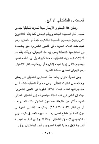 ‫ﺍﻟﻤﺴﺘﻭﻯ ﺍﻟﺘﺸﻜﻴﻠﻲ ﺍﻟﺭﺍﺒﻊ:‬
‫.. ﻭﻴﻌﻠﻥ ﻫﺫﺍ ﺍﻟﻤﺴﺘﻭﻯ ﺍﻹﻴﺠﺎﺯ ﻤﺒﺩﺃ ﺸﻌﺭﻴﺎ ﺘﺸﻜﻴﻠﻴﺎ ﺤﺘـﻰ‬
      ‫‪‬‬       ‫‪‬‬
‫ﻨﺼﺒﺢ ﺃﻤﺎﻡ ﺍﻟﻘﺼﻴﺩﺓ ﺍﻟﺒﻴﺕ، ﻭﻴﺒﺎﻟﻎ ﺍﻟﺒﻌﺽ ﻜﻤﺎ ﺒﺎﻟﻎ ﺍﻟﺩﺍﺩﺍﺌﻴﻭﻥ‬
‫ﺍﻷﻭﺭﻭﺒﻴﻭﻥ ﻓﻴﺠﻌﻠﻭﻥ ﺍﻟﻘﺼﻴﺩﺓ ﺍﻟﺘﺸﻜﻴﻠﻴﺔ ﻜﻠﻤﺔ ﺃﻭ ﻜﻠﻤﺘﻴﻥ، ﻭﻫﻭ‬
‫ﺍﺘﺠﺎﻩ ﻀﺩ ﺍﻟﺩﻻﻟﺔ ﺍﻟﻠﻐﻭﻴﺔ، ﻓﻲ ﺍﻟﺘﻌﺒﻴﺭ ﺍﻟﺸﻌﺭﻱ؛ ﻓﻬﻭ ﻴﻘﺘﺼـﺩ‬
‫ﻓﻲ ﺍﺴﺘﺨﺩﺍﻤﻬﺎ ﺍﻗﺘﺼﺎ ‪‬ﺍ ﻴﺼل ﺒﻬﺎ ﺤﺩ ﺍﻟﺘﻬﻤﻴﺵ، ﻭﺒﺫﻟﻙ ﻴﻔﺴـﺢ‬
                                 ‫ﺩ‬
‫ﻟﻠﺩﻻﻻﺕ ﺍﻟﺒﺼﺭﻴﺔ ﺍﻟﺘﺸﻜﻴﻠﻴﺔ ﺤﺠ ‪‬ﺎ ﻜﺒﻴ ‪‬ﺍ، ﺒل ﺇﻥ ﺍﻟﻜﻠﻤﺔ ﻨﻔﺴﻬﺎ‬
                     ‫ﻤ ﺭ‬
‫ﺴﻴﺼﺒﺢ ﺍﻟﻨﻅﺭ ﺇﻟﻴﻬﺎ ﻜﻘﻴﻤﺔ ﺇﺸﺎﺭﻴﺔ ﺃﻭ ﺭﻴﺎﻀﻴﺔ ﺩﺍﺨل ﺍﻟﺘﺸﻜﻴل،‬
                         ‫ﻭﻫﻭ ﺘﻬﻤﻴﺵ ﻗﺼﺩﻱ ﻟﻠﺩﻻﻟﺔ ﺍﻟﻠﻐﻭﻴﺔ.‬
‫ﻭﻤﻥ ﻨﺎﺤﻴﺔ ﺃﺨﺭﻯ ﻴﻌﺘﻤﺩ ﻫﺫﺍ ﺍﻟﻤﺴﺘﻭﻯ ﺍﻟﺘﺸﻜﻴﻠﻲ ﻓﻲ ﺒﻌﺽ‬
‫ﻟﻭﺤﺎﺘﻪ ﻋﻠﻰ ﺍﻟﺘﻔﺘﻴﺕ ﺍﻟﻠﻔﻅﻲ، ﻭﻫﻲ ﻤﺤﺎﻭﻟﺔ ﺘﺸﻜﻴﻠﻴﺔ ﺘﻤﺜل ﻓـﻲ‬
‫ﺃﺤﺩ ﺠﻭﺍﻨﺒﻬﺎ ﺍﻤﺘﺩﺍ ‪‬ﺍ ﻟﻌﺩﺍﺀ ﺍﻟﺩﻻﻟﺔ ﺍﻟﻠﻐﻭﻴﺔ ﻓﻲ ﺍﻟﺘﻌﺒﻴﺭ ﺍﻟﺸﻌﺭﻱ؛‬
                                         ‫ﺩ‬
‫ﺤﻴﺙ ﺇﻥ ﺍﻟﺘﻠﻘﻲ ﻓﻲ ﻫﺫﻩ ﺍﻟﺤﺎﻟﺔ ﺴﻴﻨﺼﺭﻑ ﺇﻟﻰ ﺍﻟﺘﺸﻜﻴل ﺍﻟﻤﺭﺌﻲ‬
‫ﻟﻠﺤﺭﻑ ﺃﻜﺜﺭ ﻤﻥ ﻤﺘﺎﺒﻌﺘﻪ ﻟﻠﻤﻀﻤﻭﻥ ﺍﻟﺘﻜﻭﻴﻨﻲ ﻟﺘﻠﻙ ﺍﻟﺤـﺭﻭﻑ‬
‫)ﺭﺍﺠﻊ ﺸﻜل ٧٥ / ٠٧ / ٢٦(، ﻭﻤﺜل ﻫﺫﺍ ﺍﻟﺘﺩﺍﻋﻲ ﺍﻟﺤﺭﻓـﻲ‬
‫ﺤﻭل ﻜﻠﻤﺔ ﺃﻭ ﻤﻘﻁﻊ ﻗﺼﻴﺭ ﻴﺤﺩﺩ ﺒـﺩﻭﺭﻩ ﺍﻟﻌﻤـﻕ ﺍﻟﺒﺼـﺭﻱ‬
‫ﻭﺍﻟﺘﺠﺴﻴﺩﻱ ﻷﻋﻤﺎﻕ ﺍﻟﺘﺸﻜﻴل، ﻭﻫﻨﺎ ﺘﺘـﻭﺍﺭﻯ ﺍﻟﻠﻐـﺔ ﻜﻘﻴﻤـﺔ‬
  ‫ﺘﻌﺒﻴﺭﻴﺔ ﻟﺘﺤل ﻤﺤﻠﻬﺎ ﺍﻟﻘﻴﻤﺔ ﺍﻟﺒﺼﺭﻴﺔ ﻭﺍﻟﺼﻭﺘﻴﺔ ﺒﺸﻜل ﺒﺎﺭﺯ.‬

                       ‫- ٥٠٦ -‬
 