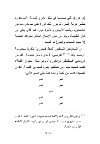 ‫)ﺩﺭ ﺩﻭﺭ(، ﺍﻟﺘﻲ ﺼﻤﻤﻬﺎ ﻓﻲ ﺸﻜل ﺩﺍﺌﺭﻱ ﻜﺎﻤـل ﺍﻻﺴـﺘﺩﺍﺭﺓ‬
‫ﻟﺘﻅﻬﺭ ﺩﻭﺍﻤﺔ ﺍﻟﺒﺤﺭ، ﺜﻡ ﻴﺒﺭﺯ ﺫﻟﻙ )ﻭﺯ( ﻋﻠﻰ ﺼـﺩﺭﻩ ﺒﻌـﻴﻥ‬
‫ﺍﻟﺤﺎﺴﺩﻴﻥ، ﻭﻴﻠﻌﺏ ﺍﻷﺒﻴﺽ ﻭﺍﻷﺴﻭﺩ ﺩﻭﺭﻩ ﻫﻨﺎ ﺍﻟﺫﻱ ﻴﻌﻠﻲ ﻤﻥ‬
‫ﺸﺄﻥ ﺍﻟﻁﺒﻴﻌﺔ، ﻭﻴﻘﻠل ﻤﻥ ﺸﺄﻥ ﺍﻹﻨﺴﺎﻥ ﺍﻟﻤﺘﺄﺜﺭ ﺒﺸﻭﺍﻫﺩ ﺍﻟﻁﺒﻴﻌﺔ‬
                          ‫)ﻻ ﺴﻴﻤﺎ ﺍﻟﺴﺤﺎﺏ ﻭﺍﻟﺒﺤﺭ( ﺜﻡ ﺍﻟﺤﺴﺩ.‬
‫ﺇﻥ ﺍﻟﻤﺤﺎﻭﻟﺘﻴﻥ ﺍﻟﺴﺎﺒﻘﺘﻴﻥ "ﻟﻌﺎﺩل ﻓﺎﺨﻭﺭﻱ" ﺘﺫﻜﺭﻨﺎ ﺒﻤﺤﺎﻭﻟـﺔ‬
‫ﺍﻟﻔﺭﻨﺴﻲ، ﺍﻟـﺫﻱ ﺘـﺄﺜﺭ ﺒﺘﻤﺜـﺎل ﺍﻟﻔﻨـﺎﻥ‬        ‫)٢٩٤(‬
                                                    ‫"ﺃﺭﻨﺴﺕ ﻴﺎﻨﺩل"‬
‫ﺍﻟﺭﻭﻤﺎﻨﻲ "ﻗﺴﻁﻨﻁﻴﻥ ﺒﺭﺍﻨﻜﻭﺯﻱ"، ﻭﻫﻭ ﺘﻤﺜﺎل ﺒﻌﻨﻭﺍﻥ "ﺍﻟ ﹸﺒﻠﺔ"؛‬
     ‫ﻘ‬
‫ﻓﻜﺘﺏ ﻗﺼﻴﺩﺓ ﺠﻌل ﻤﻥ ﺘﺸﻜﻴﻠﻬﺎ ﺇﺸﺎﺭﺓ ﻟﻤﻌﻨـﻰ ﺍﻟﻘﺒﻠـﺔ، ﻟﻜـﻥ‬
        ‫ﺍﻟﻘﺼﻴﺩﺓ ﻜﺎﻨﺕ ﻤﻥ ﻜﻠﻤﺔ ﻭﺍﺤﺩﺓ ﻓﻘﻁ ﻋﻠﻰ ﺍﻟﻨﺤﻭ ﺍﻵﺘﻲ:‬
                    ‫ﻨﻌﻡ‬               ‫ﻨﻌﻡ‬
                    ‫ﻨﻌﻡ‬               ‫ﻨﻌﻡ‬
                              ‫ﻨﻌﻡ‬
                    ‫ﻨﻌﻡ‬               ‫ﻨﻌﻡ‬
                    ‫ﻨﻌﻡ‬               ‫ﻨﻌﻡ‬


                                                             ‫)٢٩٤(‬
‫ﺭﺍﺠﻊ ﺸﻜل ﺭﻗﻡ ٦٥، ﻭﻻﺤﻅ ﺘﺠﺴﻴﻡ ﺼﻭﺕ "ﺍﻟﺠﺭﺍﺩ" ﺘﻤﺎ ‪‬ـﺎ ﻜﻤـﺎ‬
       ‫ﻤ‬
‫ﺠﺴﻡ ﻓﺎﺨﻭﺭﻱ ﺼﻭﺕ ﺍﻟﺒﺎﻋﻭﺽ "ﺒﺭ ﺒﺭ ﺒﺭ.." ﺒﻬﺫﺍ ﺍﻟﺘﻜﺭﺍﺭ ﻟﻠﻤﻘﻁﻊ‬
                                            ‫ﺍﻷﻭل ﻤﻥ ﺍﻟﻜﻠﻤﺔ.‬

                      ‫- ٩٠٦ -‬
 