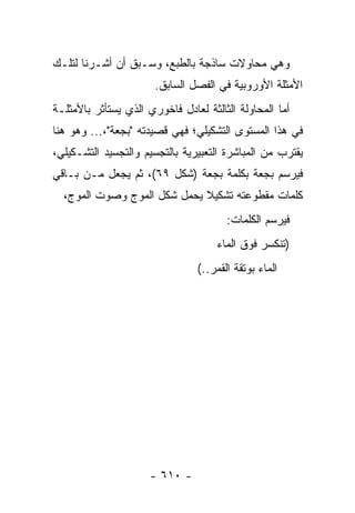 ‫ﻭﻫﻲ ﻤﺤﺎﻭﻻﺕ ﺴﺎﺫﺠﺔ ﺒﺎﻟﻁﺒﻊ، ﻭﺴـﺒﻕ ﺃﻥ ﺃﺸـﺭﻨﺎ ﻟﺘﻠـﻙ‬
                       ‫ﺍﻷﻤﺜﻠﺔ ﺍﻷﻭﺭﻭﺒﻴﺔ ﻓﻲ ﺍﻟﻔﺼل ﺍﻟﺴﺎﺒﻕ.‬
‫ﺃﻤﺎ ﺍﻟﻤﺤﺎﻭﻟﺔ ﺍﻟﺜﺎﻟﺜﺔ ﻟﻌﺎﺩل ﻓﺎﺨﻭﺭﻱ ﺍﻟﺫﻱ ﻴﺴﺘﺄﺜﺭ ﺒﺎﻷﻤﺜﻠـﺔ‬
‫ﻓﻲ ﻫﺫﺍ ﺍﻟﻤﺴﺘﻭﻯ ﺍﻟﺘﺸﻜﻴﻠﻲ؛ ﻓﻬﻲ ﻗﺼﻴﺩﺘﻪ "ﺒﺠﻌﺔ"،... ﻭﻫﻭ ﻫﻨﺎ‬
‫ﻴﻘﺘﺭﺏ ﻤﻥ ﺍﻟﻤﺒﺎﺸﺭﺓ ﺍﻟﺘﻌﺒﻴﺭﻴﺔ ﺒﺎﻟﺘﺠﺴﻴﻡ ﻭﺍﻟﺘﺠﺴﻴﺩ ﺍﻟﺘﺸـﻜﻴﻠﻲ،‬
‫ﻓﻴﺭﺴﻡ ﺒﺠﻌﺔ ﺒﻜﻠﻤﺔ ﺒﺠﻌﺔ )ﺸﻜل ٩٦(، ﺜﻡ ﻴﺠﻌل ﻤـﻥ ﺒـﺎﻗﻲ‬
  ‫ﻜﻠﻤﺎﺕ ﻤﻘﻁﻭﻋﺘﻪ ﺘﺸﻜﻴﻼ ﻴﺤﻤل ﺸﻜل ﺍﻟﻤﻭﺝ ﻭﺼﻭﺕ ﺍﻟﻤﻭﺝ،‬
                             ‫ﹰ‬
                                        ‫ﻓﻴﺭﺴﻡ ﺍﻟﻜﻠﻤﺎﺕ:‬
                                     ‫)ﺘﻨﻜﺴﺭ ﻓﻭﻕ ﺍﻟﻤﺎﺀ‬
                                 ‫ﺍﻟﻤﺎﺀ ﺒﻭﺘﻘﺔ ﺍﻟﻘﻤﺭ..(‬




                      ‫- ٠١٦ -‬
 