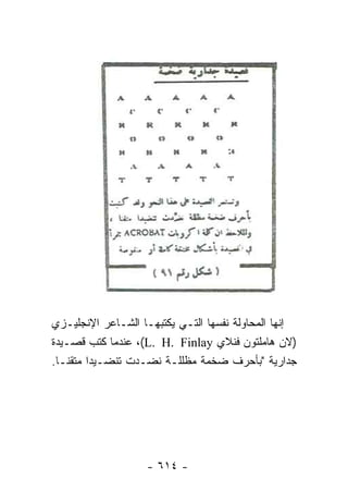 ‫ﺇﻨﻬﺎ ﺍﻟﻤﺤﺎﻭﻟﺔ ﻨﻔﺴﻬﺎ ﺍﻟﺘـﻲ ﻴﻜﺘﺒﻬـﺎ ﺍﻟﺸـﺎﻋﺭ ﺍﻹﻨﺠﻠﻴـﺯﻱ‬
‫)ﻻﻥ ﻫﺎﻤﻠﺘﻭﻥ ﻓﻨﻼﻱ ‪ ،(L. H. Finlay‬ﻋﻨﺩﻤﺎ ﻜﺘﺏ ﻗﺼـﻴﺩﺓ‬
‫ﺠﺩﺍﺭﻴﺔ "ﺒﺄﺤﺭﻑ ﻀﺨﻤﺔ ﻤﻅﻠﻠـﺔ ﻨﻀـﺩﺕ ﺘﻨﻀـﻴ ‪‬ﺍ ﻤﺘﻘ ﹰـﺎ.‬
   ‫ﺩ ﻨ‬




                   ‫- ٤١٦ -‬
 