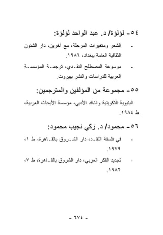 ‫٤٥- ﻟﺅﻟﺅﺓ/ ﺩ. ﻋﺒﺩ ﺍﻟﻭﺍﺤﺩ ﻟﺅﻟﺅﺓ:‬
‫ﺍﻟﺸﻌﺭ ﻭﻤﺘﻐﻴﺭﺍﺕ ﺍﻟﻤﺭﺤﻠﺔ، ﻤﻊ ﺁﺨﺭﻴﻥ، ﺩﺍﺭ ﺍﻟﺸﺌﻭﻥ‬         ‫-‬
                    ‫ﺍﻟﺜﻘﺎﻓﻴﺔ ﺍﻟﻌﺎﻤﺔ ﺒﺒﻐﺩﺍﺩ، ٦٨٩١.‬
‫ﻤﻭﺴﻭﻋﺔ ﺍﻟﻤﺼﻁﻠﺢ ﺍﻟﻨﻘـﺩﻱ، ﺘﺭﺠﻤـﺔ ﺍﻟﻤﺅﺴﺴـﺔ‬              ‫-‬
                ‫ﺍﻟﻌﺭﺒﻴﺔ ﻟﻠﺩﺭﺍﺴﺎﺕ ﻭﺍﻟﻨﺸﺭ ﺒﺒﻴﺭﻭﺕ.‬

     ‫٥٥- ﻤﺠﻤﻭﻋﺔ ﻤﻥ ﺍﻟﻤﺅﻟﻔﻴﻥ ﻭﺍﻟﻤﺘﺭﺠﻤﻴﻥ:‬
‫ﺍﻟﺒﻨﻴﻭﻴﺔ ﺍﻟﺘﻜﻭﻴﻨﻴﺔ ﻭﺍﻟﻨﺎﻗﺩ ﺍﻷﺩﺒﻲ، ﻤﺅﺴﺴﺔ ﺍﻷﺒﺤﺎﺙ ﺍﻟﻌﺭﺒﻴﺔ،‬
                                                ‫ﻁ ٤٨٩١.‬

           ‫٦٥- ﻤﺤﻤﻭﺩ/ ﺩ. ﺯﻜﻲ ﻨﺠﻴﺏ ﻤﺤﻤﻭﺩ:‬
‫ﻓﻲ ﻓﻠﺴﻔﺔ ﺍﻟﻨﻘـﺩ، ﺩﺍﺭ ﺍﻟﺸـﺭﻭﻕ ﺒﺎﻟﻘـﺎﻫﺭﺓ، ﻁ ١،‬         ‫-‬
                                         ‫٩٧٩١.‬
‫ﺘﺠﺩﻴﺩ ﺍﻟﻔﻜﺭ ﺍﻟﻌﺭﺒﻲ، ﺩﺍﺭ ﺍﻟﺸﺭﻭﻕ ﺒﺎﻟﻘـﺎﻫﺭﺓ، ﻁ ٧،‬       ‫-‬
                                         ‫٢٨٩١.‬




                      ‫- ٤٧٦ -‬
 