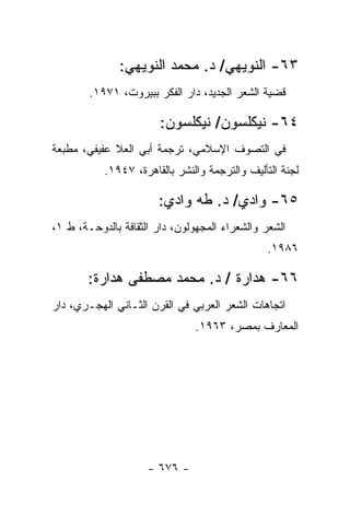 ‫٣٦- ﺍﻟﻨﻭﻴﻬﻲ/ ﺩ. ﻤﺤﻤﺩ ﺍﻟﻨﻭﻴﻬﻲ:‬
        ‫ﻗﻀﻴﺔ ﺍﻟﺸﻌﺭ ﺍﻟﺠﺩﻴﺩ، ﺩﺍﺭ ﺍﻟﻔﻜﺭ ﺒﺒﻴﺭﻭﺕ، ١٧٩١.‬

                        ‫٤٦- ﻨﻴﻜﻠﺴﻭﻥ/ ﻨﻴﻜﻠﺴﻭﻥ:‬
‫ﻓﻲ ﺍﻟﺘﺼﻭﻑ ﺍﻹﺴﻼﻤﻲ، ﺘﺭﺠﻤﺔ ﺃﺒﻲ ﺍﻟﻌﻼ ﻋﻔﻴﻔﻲ، ﻤﻁﺒﻌﺔ‬
           ‫ﻟﺠﻨﺔ ﺍﻟﺘﺄﻟﻴﻑ ﻭﺍﻟﺘﺭﺠﻤﺔ ﻭﺍﻟﻨﺸﺭ ﺒﺎﻟﻘﺎﻫﺭﺓ، ٧٤٩١.‬

                       ‫٥٦- ﻭﺍﺩﻱ/ ﺩ. ﻁﻪ ﻭﺍﺩﻱ:‬
‫ﺍﻟﺸﻌﺭ ﻭﺍﻟﺸﻌﺭﺍﺀ ﺍﻟﻤﺠﻬﻭﻟﻭﻥ، ﺩﺍﺭ ﺍﻟﺜﻘﺎﻓﺔ ﺒﺎﻟﺩﻭﺤـﺔ، ﻁ ١،‬
                                               ‫٦٨٩١.‬

        ‫٦٦- ﻫﺩﺍﺭﺓ / ﺩ. ﻤﺤﻤﺩ ﻤﺼﻁﻔﻰ ﻫﺩﺍﺭﺓ:‬
‫ﺍﺘﺠﺎﻫﺎﺕ ﺍﻟﺸﻌﺭ ﺍﻟﻌﺭﺒﻲ ﻓﻲ ﺍﻟﻘﺭﻥ ﺍﻟﺜـﺎﻨﻲ ﺍﻟﻬﺠـﺭﻱ، ﺩﺍﺭ‬
                               ‫ﺍﻟﻤﻌﺎﺭﻑ ﺒﻤﺼﺭ، ٣٦٩١.‬




                     ‫- ٦٧٦ -‬
 