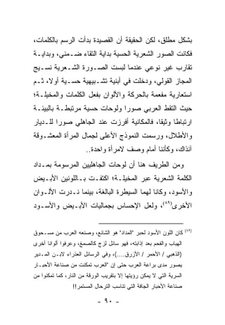 ‫ﺒﺸﻜل ﻤﻁﻠﻕ، ﻟﻜﻥ ﺍﻟﺤﻘﻴﻘﺔ ﺃﻥ ﺍﻟﻘﺼﻴﺩﺓ ﺒﺩﺃﺕ ﺍﻟﺭﺴﻡ ﺒﺎﻟﻜﻠﻤﺎﺕ،‬
‫ﻓﻜﺎﻨﺕ ﺍﻟﺼﻭﺭ ﺍﻟﺸﻌﺭﻴﺔ ﺍﻟﺤﺴﻴﺔ ﺒﺩﺍﻴﺔ ﺍﻟﺘﻘﺎﺀ ﻀـﻤﻨﻲ، ﻭﺒﺩﺍﻴـﺔ‬
‫ﺘﻘﺎﺭﺏ ﻏﻴﺭ ﻨﻭﻋﻲ ﻋﻨﺩﻤﺎ ﻟﺒﺴﺕ ﺍﻟﺼـﻭﺭﺓ ﺍﻟﺸـﻌﺭﻴﺔ ﻨﺴـﻴﺞ‬
‫ﺍﻟﻤﺠﺎﺯ ﺍﻟﻘﻭﻟﻲ، ﻭﺩﺨﻠﺕ ﻓﻲ ﺃﺒﻨﻴﺔ ﺘﺸـﺒﻴﻬﻴﺔ ﺤﺴـﻴﺔ ﺃﻭ ﹰ، ﺜـﻡ‬
     ‫ﻻ‬
‫ﺍﺴﺘﻌﺎﺭﻴﺔ ﻤﻔﻌﻤﺔ ﺒﺎﻟﺤﺭﻜﺔ ﻭﺍﻷﻟﻭﺍﻥ ﺒﻔﻌل ﺍﻟﻜﻠﻤﺎﺕ ﻭﺍﻟﻤﺨﻴﻠـﺔ؛‬
‫ﺤﻴﺙ ﺍﻟﺘﻘﻁ ﺍﻟﻌﺭﺒﻲ ﺼﻭ ‪‬ﺍ ﻭﻟﻭﺤﺎﺕ ﺤﺴﻴﺔ ﻤﺭﺘﺒﻁـﺔ ﺒﺎﻟﺒﻴﺌـﺔ‬
                              ‫ﺭ‬
‫ﺍﺭﺘﺒﺎ ﹰﺎ ﻭﺜﻴ ﹰﺎ، ﻓﺎﻟﻤﻜﺎﻨﻴﺔ ﺃﻓﺭﺯﺕ ﻋﻨﺩ ﺍﻟﺠﺎﻫﻠﻲ ﺼﻭ ‪‬ﺍ ﻟﻠـﺩﻴﺎﺭ‬
         ‫ﺭ‬                                  ‫ﻘ‬      ‫ﻁ‬
‫ﻭﺍﻷﻁﻼل، ﻭﺭﺴﻤﺕ ﺍﻟﻨﻤﻭﺫﺝ ﺍﻷﻋﻠﻰ ﻟﺠﻤﺎل ﺍﻟﻤﺭﺃﺓ ﺍﻟﻤﻌﺸـﻭﻗﺔ‬
                       ‫ﺁﻨﺫﺍﻙ، ﻭﻜﺄﻨﻨﺎ ﺃﻤﺎﻡ ﻭﺼﻑ ﻻﻤﺭﺃﺓ ﻭﺍﺤﺩﺓ..‬
‫ﻭﻤﻥ ﺍﻟﻁﺭﻴﻑ ﻫﻨﺎ ﺃﻥ ﻟﻭﺤﺎﺕ ﺍﻟﺠﺎﻫﻠﻴﻴﻥ ﺍﻟﻤﺭﺴﻭﻤﺔ ﺒﻤـﺩﺍﺩ‬
‫ﺍﻟﻜﻠﻤﺔ ﺍﻟﺸﻌﺭﻴﺔ ﻋﺒﺭ ﺍﻟﻤﺨﻴﻠـﺔ؛ ﺍﻜﺘﻔـﺕ ﺒـﺎﻟﻠﻭﻨﻴﻥ ﺍﻷﺒـﻴﺽ‬
‫ﻭﺍﻷﺴﻭﺩ، ﻭﻜﺎﻨﺎ ﻟﻬﻤﺎ ﺍﻟﺴﻴﻁﺭﺓ ﺍﻟﺒﺎﻟﻐﺔ، ﺒﻴﻨﻤﺎ ﻨـﺩﺭﺕ ﺍﻷﻟـﻭﺍﻥ‬
‫ﺍﻷﺨﺭﻯ)٩٨(، ﻭﻟﻌل ﺍﻹﺤﺴﺎﺱ ﺒﺠﻤﺎﻟﻴﺎﺕ ﺍﻷﺒـﻴﺽ ﻭﺍﻷﺴـﻭﺩ‬

                                                                     ‫)٩٨(‬
‫ﻜﺎﻥ ﺍﻟﻠﻭﻥ ﺍﻷﺴﻭﺩ ﻟﺤﺒﺭ "ﺍﻟﻤﺩﺍﺩ" ﻫﻭ ﺍﻟﺸﺎﺌﻊ، ﻭﺼﻨﻌﻪ ﺍﻟﻌﺭﺏ ﻤﻥ ﻤﺴـﺤﻭﻕ‬
‫ﺍﻟﻬﺒﺎﺏ ﻭﺍﻟﻔﺤﻡ ﺒﻌﺩ ﺇﺫﺍﺒﺘﻪ، ﻓﻬﻭ ﺴﺎﺌل ﻟﺯﺝ ﻜﺎﻟﺼﻤﻎ، ﻭﻋﺭﻓﻭﺍ ﺃﻟﻭﺍ ﹰﺎ ﺃﺨﺭﻯ‬
      ‫ﻨ‬
‫)ﺍﻟﺫﻫﺒﻲ / ﺍﻷﺤﻤﺭ / ﺍﻷﺯﺭﻕ....(، ﻭﻓﻲ ﺍﻟﺭﺴﺎﺌل ﺍﻟﻌﺫﺭﺍﺀ ﻻﺒـﻥ ﺍﻟﻤـﺩﻴﺭ‬
‫ﻴﺼﻭﺭ ﻤﺩﻯ ﺒﺭﺍﻋﺔ ﺍﻟﻌﺭﺏ ﺤﺘﻰ ﺇﻥ "ﺍﻟﻌﺭﺏ ﺘﻤﻜﻨﺕ ﻤﻥ ﺼﻨﺎﻋﺔ ﺍﻷﺤﺒـﺎﺭ‬
‫ﺍﻟﺴﺭﻴﺔ ﺍﻟﺘﻲ ﻻ ﻴﻤﻜﻥ ﺭﺅﻴﺘﻬﺎ ﺇﻻ ﺒﺘﻘﺭﻴﺏ ﺍﻟﻭﺭﻗﺔ ﻤﻥ ﺍﻟﻨﺎﺭ، ﻜﻤﺎ ﺘﻤﻜﻨﻭﺍ ﻤﻥ‬
                 ‫ﺼﻨﺎﻋﺔ ﺍﻷﺤﺒﺎﺭ ﺍﻟﺠﺎﻓﺔ ﺍﻟﺘﻲ ﺘﻨﺎﺴﺏ ﺍﻟﺘﺭﺤﺎل ﺍﻟﻤﺴﺘﻤﺭ!!‬

                            ‫- ٠٩ -‬
 