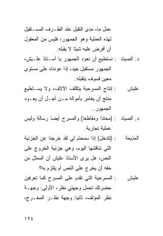 ‫ﻋﻤل ﻤﺎ، ﻤﺩﻯ ﺍﻟﺘﻘ ‪‬ل ﻋﻨﺩ ﺍﻟﻁـﺭﻑ ﺍﻟﻤﺴـﺘﻘ ِل‬
 ‫ﺒ‬                     ‫ﺒ‬
‫ﻟﻬﺫﻩ ﺍﻟﻌﻤﻠﻴﺔ ﻭﻫﻭ ﺍﻟﺠﻤﻬﻭﺭ، ﻓﻠﻴﺱ ﻤﻥ ﺍﻟﻤﻌﻘﻭل‬
               ‫ﺃﻥ ﺃﻓﺭﺽ ﻋﻠﻴﻪ ﺸﻴ ًﺎ ﻻ ﻴﻘﺒﻠﻪ.‬
                         ‫ﺌ‬
‫ﺩ. ﺍﻟﺼﻴﺎﺩ : ﻨﺴﺘﻁﻴﻊ ﺃﻥ ﹸﻌ ‪‬ﺩ ﺍﻟﺠﻤﻬﻭﺭ ﻴﺎ ﺃﺴـﺘﺎﺫ ﻋﻠـﻴﺵ،‬
                          ‫ﻨﻭ‬
‫ﺍﻟﺠﻤﻬﻭﺭ ﻤﺴﺘﻘ ِل ﺠﻴﺩ، ﺇﺫﺍ ﻋﻭﺩﻨﺎﻩ ﻋﻠﻰ ﻤﺴﺘﻭﻯ‬
                           ‫ﺒ‬
                        ‫ﻤﻌﻴﻥ ﻓﺴﻭﻑ ﻴﺘﻘ ‪‬ﻠﻪ.‬
                           ‫ﺒ‬
‫: ﺇﻨﺘﺎﺝ ﺍﻟﻤﺴﺭﺤﻴﺔ ﻴﺘﻜﻠﻑ ﺍﻵﻻﻑ، ﻭﻻ ﻴﺴـﺘﻁﻴﻊ‬         ‫ﻋﻠﻴﺵ‬
‫‪‬ﻨﺘﺞ ﺃﻥ ﻴﻐﺎﻤﺭ ﺒﺄﻤﻭﺍﻟﻪ ﻤـﻥ ﺃﺠـل ﺃﻥ ‪‬ﻌـ ‪‬ﺩ‬
 ‫ﻴ ﻭ‬                                   ‫ﻤ‬
                                ‫ﺍﻟﺠﻤﻬﻭﺭ..‬
‫ﺩ. ﺍﻟﺼﻴﺎﺩ : )ﻤﺤﺘ ‪‬ﺍ ﻭﻤﻘﺎﻁ ‪‬ﺎ( ﻭﺍﻟﻤﺴﺭﺡ ﺃﻴ ‪‬ﺎ ﺭﺴﺎﻟﺔ ﻭﻟﻴﺱ‬
            ‫ﻀ‬              ‫ﻌ‬        ‫ﺩ‬
                            ‫ﻋﻤﻠﻴﺔ ﺘﺠﺎﺭﻴﺔ.‬
‫: )ﺘﺘﺩﺨل( ﺇﺫﺍ ﺴﻤﺤﺘﻡ ﻟﻲ ﻟﻘﺩ ﺨﺭﺠﻨﺎ ﻋﻥ ﺍﻟﺠﺯﺌﻴﺔ‬    ‫ﺍﻟﻤﺫﻴﻌﺔ‬
‫ﺍﻟﺘﻲ ﻨﻨﺎﻗﺸﻬﺎ ﺍﻟﻴﻭﻡ، ﻭﻫﻲ ﺠﺯﺌﻴﺔ ﺍﻟﺨﺭﻭﺝ ﻋﻠﻰ‬
‫ﺍﻟﻨﺹ، ﻫل ﻴﺭﻯ ﺍﻷﺴﺘﺎﺫ ﻋﻠﻴﺵ ﺃﻥ ﺍﻟﻤﻤﺜل ﻤﻥ‬
       ‫ﺤﻘﻪ ﺃﻥ ﻴﺨﺭﺝ ﻋﻠﻰ ﺍﻟﻨﺹ ﺃﻡ ﻴﻠﺘﺯﻡ ﺒﻪ؟‬
‫: ﺍﻟﻤﺴﺭﺤﻴﺔ ﺍﻟﺘﻲ ﺘﻘﺩﻡ ﻋﻠﻰ ﺍﻟﻤﺴﺭﺡ ﻜﻤﺎ ﺘﻌﺭﻓﻴﻥ‬      ‫ﻋﻠﻴﺵ‬
‫ﺤﻀﺭﺘﻙ ﺘﺤﻤل ﻭﺠﻬﺘﻲ ﻨﻅﺭ، ﺍﻷﻭﻟﻰ: ﻭﺠﻬـﺔ‬
‫ﻨﻅﺭ ﺍﻟﻤﺅﻟﻑ، ﺜﺎﻨ ‪‬ﺎ: ﻭﺠﻬﺔ ﻨﻅـﺭ ﺍﻟﻤﺨـﺭﺝ،‬
                     ‫ﻴ‬


‫٤٢١‬
 