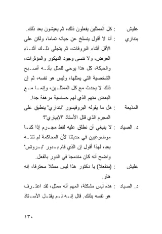 ‫: ﻜل ﺍﻟﻤﻤﺜﻠﻴﻥ ﻴﻔﻌﻠﻭﻥ ﺫﻟﻙ، ﺜﻡ ﻴﻌﻴﺸﻭﻥ ﺒﻌﺩ ﺫﻟﻙ.‬   ‫ﻋﻠﻴﺵ‬
‫: ﺃﻨﺎ ﻻ ﺃﻗﻭل ﻴﻨﺴﻠﺦ ﻋﻥ ﺤﻴﺎﺘﻪ ﺘﻤﺎ ‪‬ﺎ، ﻭﻟﻜﻥ ﻋﻠﻰ‬
           ‫ﻤ‬                                   ‫ﺒﻨﺩﺍﺭﻱ‬
‫ﺍﻷﻗل ﺃﺜﻨﺎﺀ ﺍﻟﺒﺭﻭﻓﺎﺕ، ﺜﻡ ﻴﺘﺠﻠﻰ ﺫﻟـﻙ ﺃﺜﻨـﺎﺀ‬
‫ﺍﻟﻌﺭﺽ، ﻭﻻ ﺘﻨﺴﻰ ﻭﺠﻭﺩ ﺍﻟﺩﻴﻜﻭﺭ ﻭﺍﻟﻤﺅﺜﺭﺍﺕ،‬
‫ﻭﺍﻟﺤﺒﻜﺔ، ﻜل ﻫﺫﺍ ﻴﻭﺤﻲ ﻟﻠﻤﺜل ﺒﺄﻨـﻪ ﺃﺼـﺒﺢ‬
‫ﺍﻟﺸﺨﺼﻴﺔ ﺍﻟﺘﻲ ﻴﻤﺜﻠﻬﺎ، ﻭﻟﻴﺱ ﻫﻭ ﻨﻔﺴﻪ، ﺜﻡ ﺇﻥ‬
‫ﺫﻟﻙ ﻻ ﻴﺤﺩﺙ ﻤﻊ ﻜل ﺍﻟﻤﻤﺜﻠـﻴﻥ، ﻭﺇﻨﻤـﺎ ﻤـﻊ‬
  ‫ﺍﻟﺒﻌﺽ ﻤﻨﻬﻡ ﺍﻟﺫﻱ ﻟﻬﻡ ﺤﺴﺎﺴﻴﺔ ﻤﺭﻫﻔﺔ ﺠ ‪‬ﺍ.‬
    ‫ﺩ‬
‫: ﻫل ﻤﺎ ﻴﻘﻭﻟﻪ ﺍﻟﺒﺭﻭﻓﻴﺴﻭﺭ "ﺒﻨﺩﺍﺭﻱ" ﻴﻨﻁﺒﻕ ﻋﻠﻰ‬    ‫ﺍﻟﻤﺫﻴﻌﺔ‬
          ‫ﺍﻟﻤﺠﺭﻡ ﺍﻟﺫﻱ ﻗﺘل ﺍﻷﺴﺘﺎﺫ "ﺍﻹﺒﻴﺎﺭﻱ"؟‬
‫ﺩ. ﺍﻟﺼﻴﺎﺩ : ﻻ ﻴﻨﺒﻐﻲ ﺃﻥ ﻨﻁﻠﻕ ﻋﻠﻴﻪ ﻟﻔﻅ ﻤﺠـﺭﻡ ﺇﺫﺍ ﻜﻨـﺎ‬
‫ﻤﻭﻀﻭﻋﻴﻴﻥ ﻓﻲ ﺤﺩﻴﺜﻨﺎ ﻷﻥ ﺍﻟﻤﺤﺎﻜﻤﺔ ﻟﻡ ﺘﻨﺘـﻪ‬
              ‫‪‬‬
‫ﺒﻌﺩ، ﻟﻬﺫﺍ ﺃﻗﻭل ﺇﻥ ﺍﻟﺫﻱ ﻗﺎﻡ ﺒـﺩﻭﺭ "ﺒـﺭﻭﺘﺱ"‬
      ‫ﻭﺍﻀﺢ ﺃﻨﻪ ﻜﺎﻥ ﻤﻨﺩﻤ ‪‬ﺎ ﻓﻲ ﺍﻟﺩﻭﺭ ﺒﺎﻟﻔﻌل.‬
                        ‫ﺠ‬
‫: )ﻤﻨﻔﻌﻼ( ﻴﺎ ﺩﻜﺘﻭﺭ ﻫﺫﺍ ﻟﻴﺱ ﻤﻤﺜﻼ ﻤﺤﺘﺭ ﹰﺎ، ﺇﻨﻪ‬
      ‫ﻓ‬      ‫ﹰ‬                      ‫ﹰ‬          ‫ﻋﻠﻴﺵ‬
                                      ‫ﻫﺎﻭ.‬
‫ﺩ. ﺍﻟﺼﻴﺎﺩ : ﻫﺫﻩ ﻟﻴﺱ ﻤﺸﻜﻠﺔ، ﺍﻟﻤﻬﻡ ﺃﻨﻪ ﻤﻤﺜل، ﻟﻘﺩ ﺍﻋﺘـﺭﻑ‬
‫ﻫﻭ ﻨﻔﺴﻪ ﺒﺫﻟﻙ. ﻗﺎل ﺇﻨـﻪ ﻟـﻡ ﻴﻘﺘـل ﺍﻷﺴـﺘﺎﺫ‬


‫٠٣١‬
 