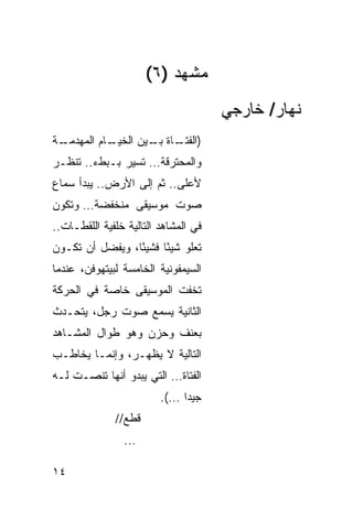 ‫ﻤﺸﻬﺩ )٦(‬
                                      ‫ﻨﻬﺎﺭ/ ﺨﺎﺭﺠﻲ‬
‫ـﺔ‬
 ‫ـﺎﻡ ﺍﻟﻤﻬﺩﻤـ‬
           ‫) ـﺎﺓ ـﻴﻥ ﺍﻟﺨﻴـ‬
                   ‫ﺍﻟﻔﺘـ ﺒـ‬
‫ﻭﺍﻟﻤﺤﺘﺭﻗﺔ… ﺘﺴﻴﺭ ﺒـﺒﻁﺀ.. ﺘﻨﻅـﺭ‬
‫ﻷﻋﻠﻰ.. ﺜﻡ ﺇﻟﻰ ﺍﻷﺭﺽ.. ﻴﺒﺩﺃ ﺴﻤﺎﻉ‬
‫ﺼﻭﺕ ﻤﻭﺴﻴﻘﻰ ﻤﻨﺨﻔﻀﺔ… ﻭﺘﻜﻭﻥ‬
‫ﻓﻲ ﺍﻟﻤﺸﺎﻫﺩ ﺍﻟﺘﺎﻟﻴﺔ ﺨﻠﻔﻴﺔ ﺍﻟﻠﻘﻁـﺎﺕ..‬
‫ﺘﻌﻠﻭ ﺸﻴ ًﺎ ﻓﺸﻴ ًﺎ، ﻭﻴﻔﻀل ﺃﻥ ﺘﻜـﻭﻥ‬
                 ‫ﺌ‬      ‫ﺌ‬
‫ﺍﻟﺴﻴﻤﻔﻭﻨﻴﺔ ﺍﻟﺨﺎﻤﺴﺔ ﻟﺒﻴﺘﻬﻭﻓﻥ، ﻋﻨﺩﻤﺎ‬
‫ﺘﺨﻔﺕ ﺍﻟﻤﻭﺴﻴﻘﻰ ﺨﺎﺼﺔ ﻓﻲ ﺍﻟﺤﺭﻜﺔ‬
‫ﺍﻟﺜﺎﻨﻴﺔ ﻴﺴﻤﻊ ﺼﻭﺕ ﺭﺠل، ﻴﺘﺤـﺩﺙ‬
‫ﺒﻌﻨﻑ ﻭﺤﺯﻥ ﻭﻫﻭ ﻁﻭﺍل ﺍﻟﻤﺸـﺎﻫﺩ‬
‫ﺍﻟﺘﺎﻟﻴﺔ ﻻ ﻴﻅﻬـﺭ، ﻭﺇﻨﻤـﺎ ﻴﺨﺎﻁـﺏ‬
‫ﺍﻟﻔﺘﺎﺓ… ﺍﻟﺘﻲ ﻴﺒﺩﻭ ﺃﻨﻬﺎ ﺘﻨﺼـﺕ ﻟـﻪ‬
                         ‫ﺠﻴ ‪‬ﺍ …(.‬
                              ‫ﺩ‬
              ‫ﻗﻁﻊ//‬
                ‫...‬

‫٤١‬
 